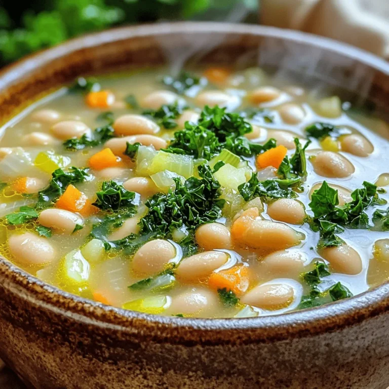 To make Tuscan White Bean Soup, you need simple, fresh ingredients. Here’s what you’ll need: - 1 tablespoon extra virgin olive oil - 1 medium onion, finely diced - 2 cloves garlic, minced - 1 medium carrot, finely diced - 1 celery stalk, finely diced - 2 cups vegetable broth (low-sodium preferred) - 2 cans (15 oz each) white beans (cannellini or great northern), thoroughly rinsed and drained - 1 cup fresh kale or Swiss chard, roughly chopped - 1 teaspoon dried thyme - 1 teaspoon dried rosemary - Salt and freshly ground black pepper to taste - 1 tablespoon freshly squeezed lemon juice - Fresh parsley, chopped, for garnishing These ingredients create a rich and hearty soup. The beans provide protein, while the vegetables add texture and flavor. You can make your soup even better with some extra touches. Here are some optional garnishes and add-ins: - Crusty bread for dipping - Grated Parmesan cheese on top - A drizzle of olive oil for extra richness - A pinch of red pepper flakes for heat Feel free to mix and match these options. They can add new layers of taste and make the soup even more enjoyable. Choosing fresh ingredients can improve the soup's flavor. Here are some tips to help you pick the best: - Onion: Look for firm onions with dry, papery skin. Avoid any that feel soft. - Garlic: Choose bulbs that are heavy and firm. They should not have green shoots. - Carrots and Celery: Pick bright, firm vegetables. They should feel crisp and not bend easily. - Kale/Swiss Chard: Select vibrant, dark greens without any yellowing or wilting. - Beans: If using canned beans, go for brands with low sodium and no added sugar. Selecting the best ingredients makes a big difference in taste. Always look for fresh, high-quality items to ensure your soup shines. For the full recipe, check the details above. Start by heating 1 tablespoon of extra virgin olive oil in a large pot over medium heat. Once the oil shimmers, add 1 medium onion, finely diced. Cook the onion for about 5 minutes. Stir it occasionally until it turns soft and clear. Next, add 2 minced garlic cloves, 1 finely diced medium carrot, and 1 finely diced celery stalk. Cook these vegetables for 5 more minutes. You want them to soften nicely. Now, it's time to build the soup. Pour in 2 cups of low-sodium vegetable broth and bring the pot to a strong boil. Once it bubbles, lower the heat. Stir in 2 cans of thoroughly rinsed and drained white beans. I recommend using either cannellini or great northern beans. Add 1 teaspoon each of dried thyme and dried rosemary. Let the soup simmer for about 15 minutes. This step helps all the flavors blend together perfectly. After simmering, fold in 1 cup of roughly chopped fresh kale or Swiss chard. Cook for an extra 5 minutes until the greens wilt and brighten the soup. Before serving, season with salt and freshly ground black pepper. Add 1 tablespoon of freshly squeezed lemon juice to brighten the taste. Adjust the seasoning to your liking. Now, ladle the soup into bowls and garnish with freshly chopped parsley for a lovely finish. Enjoy your warm bowl of Tuscan White Bean Soup! For the complete instructions, check the Full Recipe. To boost flavor, use fresh herbs like parsley and thyme. They add depth. Dried herbs work well too. Just remember, dried herbs are stronger. Use half the amount. Lemon juice at the end brightens the soup. It adds a fresh zing that wakes up all the flavors. Texture is key for a great soup. Start with a nice onion and garlic base. Sauté them until soft. This builds a rich flavor. When adding beans, stir gently. You want them whole, not mushy. Adding greens like kale at the end keeps them vibrant. They should be tender but still bright. Avoid adding too much salt too early. Taste first before seasoning. Too much can ruin the soup. Don’t skip the lemon juice. It balances the beans and herbs. Lastly, let the soup simmer. This helps the flavors mix well. A quick boil may not create the same depth. For a full recipe, check the earlier section! {{image_4}} You can easily make this soup vegetarian or vegan. The base is already veggie-friendly. Just use vegetable broth, and you’re set. For vegans, skip any dairy products. You can add a splash of coconut milk for creaminess. This gives the soup a rich taste without losing its charm. If you want more protein, adding sausages or meats works great. Italian sausage adds a spicy kick. Just brown the sausage before adding other ingredients. For a milder taste, use chicken or turkey sausage. You can also add diced ham or cooked chicken. This makes the soup heartier and satisfying. Seasonal ingredients can change the soup's flavor. In spring, add fresh peas or asparagus. In summer, try zucchini or bell peppers. Fall is great for adding pumpkin or squash. These changes keep the soup fresh and fun. You can adjust the herbs too. Fresh basil or oregano can lift the flavors. For the full recipe, check out the complete instructions I provided earlier. After you make Tuscan White Bean Soup, let it cool. Once cool, transfer it to an airtight container. This keeps the soup fresh and tasty. Store it in the fridge for up to five days. To keep the flavors strong, avoid adding garnishes until you serve it. If you have extra soup, freezing is a good option. Use freezer-safe bags or containers. Leave some space for the soup to expand as it freezes. You can freeze Tuscan White Bean Soup for up to three months. When you are ready to eat, thaw it in the fridge overnight. To reheat the soup, use a pot on medium heat. Stir it often to warm it evenly. You can also use the microwave. Heat in short bursts, stirring in between. If the soup seems thick, add a splash of broth or water to reach your desired consistency. Enjoy your warm, comforting bowl! To make your soup creamy, try blending part of the beans. Use a blender to puree half of the soup. Then, stir it back in. This adds a rich texture without adding cream. You can also add a splash of non-dairy milk for extra creaminess. Yes, you can use dried beans! Start by soaking them overnight. Cook the soaked beans until tender before adding them to your soup. This may take longer, but the flavor is fantastic. Just remember to adjust the cooking time in the recipe for the beans to soften fully. Serve this soup with crusty bread for a perfect meal. A fresh salad also pairs well and adds crunch. For a more filling option, try a side of grilled vegetables. You can even enjoy it with a sprinkle of cheese on top for extra flavor. Tuscan White Bean Soup lasts about 3 to 5 days in the fridge. Store it in an airtight container to keep it fresh. If you want to save it longer, consider freezing it. Just thaw and reheat when you're ready to enjoy it again. For the full recipe, refer to the earlier section. This blog post shared how to make a tasty Tuscan White Bean Soup. We explored key ingredients, steps for cooking, and ways to enhance flavor. You learned about variations and how to store your soup. Remember, fresh ingredients make a big difference. Don't shy away from trying new add-ins. You can enjoy this dish in many ways, so get creative. Always taste as you go to make it perfect for you. Now, it’s time to make your own delicious soup and share it with friends and family.