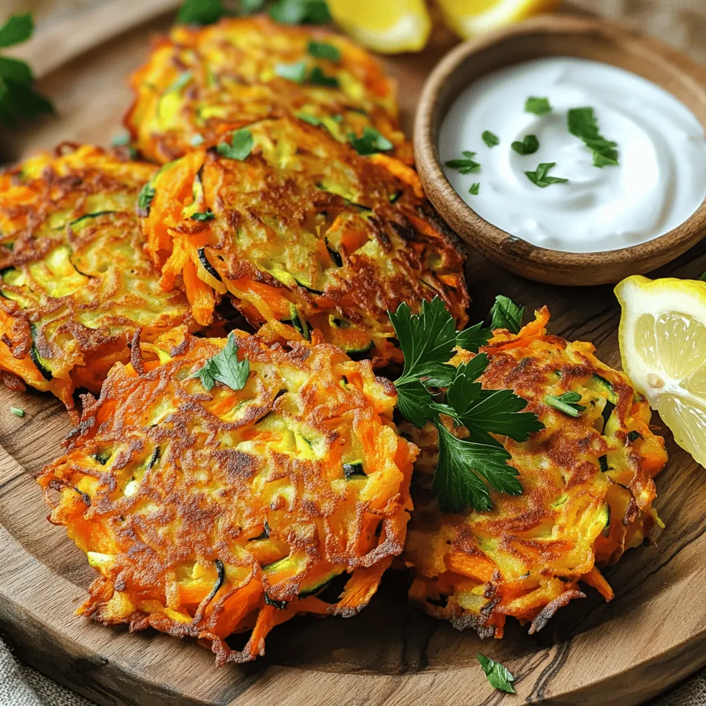 To make carrot zucchini fritters, you'll need: - 1 medium zucchini, grated - 1 large carrot, grated - 1/2 cup all-purpose flour - 1/4 cup cornmeal - 1/4 cup grated Parmesan cheese (or nutritional yeast for a vegan option) - 1 large egg (or flax egg for vegan option) - 1 teaspoon garlic powder - 1 teaspoon onion powder - 1/2 teaspoon paprika - Salt and pepper to taste - 2 tablespoons fresh parsley, finely chopped (optional) - Olive oil for frying These ingredients come together to create a tasty, crispy snack. You can adjust this recipe to fit your needs. Here are some easy swaps: - Use gluten-free flour instead of all-purpose flour. - Replace the egg with a flax egg for a vegan choice. - Nutritional yeast can replace cheese for a dairy-free option. These changes keep the fritters delicious while catering to different diets. Want to get creative? Here are some ideas to enhance your fritters: - Add chopped onions for extra flavor. - Mix in some spinach or kale for added greens. - Try spices like cumin or chili powder for a kick. Feel free to experiment! You can easily customize your fritters to suit your taste. For the full recipe, check the details above. Start by grating the zucchini and carrot. A box grater works best for this task. Once grated, put the veggies in a clean kitchen towel. Twist the towel tightly to remove excess moisture. This step is key for crispy fritters. If you skip this, your fritters may turn out soggy. In a large bowl, combine the drained zucchini and carrot with all-purpose flour, cornmeal, and grated Parmesan cheese. Stir well until everything mixes evenly. In another bowl, whisk the egg or flax egg until blended. Add this to the veggie mix and stir until coated. Now, add garlic powder, onion powder, paprika, salt, and pepper. If you like, fold in chopped parsley for more flavor. Preheat a large skillet over medium heat. Add about one tablespoon of olive oil. Wait until the oil shimmers, but do not let it smoke. Using a spoon or small scoop, drop spoonfuls of the fritter mix into the skillet. Gently flatten each fritter with the back of the spoon. Cook for about 4-5 minutes on each side. They should be golden brown and crispy. Keep an eye on the heat to avoid burning, and add more oil if needed. Once cooked, place fritters on a plate lined with paper towels to absorb extra oil. Serve warm for the best taste. Enjoy your carrot zucchini fritters with a yogurt dip or sauce for added flavor! To get crispy fritters, start by squeezing out as much water from the veggies as you can. Use a clean kitchen towel for this step. Moisture is the enemy of crispiness. Also, don’t skip the cornmeal. It adds a nice crunch. When frying, use enough olive oil to cover the bottom of the pan. This helps create a golden crust. One common mistake is not draining the vegetables. If you skip this, your fritters will turn out soggy. Another error is overcrowding the pan. Fry in small batches to ensure even cooking. Lastly, don’t forget to adjust the heat. If it’s too high, they’ll burn. If it’s too low, they won’t crisp up. To boost the flavor, try adding herbs like dill or cilantro. Fresh herbs can bring a burst of taste. You can also mix in spices such as cumin or chili powder for a kick. For a cheesy touch, use feta cheese instead of Parmesan. This adds a rich flavor that pairs well with the veggies. You can find the full recipe for more ideas! {{image_4}} You can easily make carrot zucchini fritters vegan. Instead of using an egg, use a flax egg. To make a flax egg, mix one tablespoon of ground flaxseed with three tablespoons of water. Let it sit for five minutes until it thickens. For cheese, swap out Parmesan for nutritional yeast. This gives a cheesy flavor without dairy. Feel free to mix things up! Try adding different herbs like dill or cilantro for a fresh taste. You can also switch the spices. For a kick, add cayenne pepper or chili powder. If you want a different texture, try adding cooked quinoa or rice to the mixture. These swaps keep your fritters interesting and fun. Serve your fritters with a yogurt dip or tzatziki for a tasty treat. You can also pair them with a fresh salad for a light meal. Another idea is to place them on a bun for a veggie burger. They are great hot or cold, making them perfect for lunchboxes or picnics. For extra flair, garnish with a sprinkle of fresh herbs or a squeeze of lemon juice. Enjoy the flavors! Check out the Full Recipe for more ideas and tips. To keep your carrot zucchini fritters fresh, place them in an airtight container. You can store them in the fridge for up to three days. Make sure they cool completely before sealing them in the container. This helps prevent sogginess. When you're ready to enjoy leftovers, reheat them in a skillet. Heat a little olive oil over medium heat. Place the fritters in the pan and cook for about 3 minutes on each side. This method helps them regain their crispness. You can also use an air fryer for a quick, crispy result. If you want to freeze the fritters, let them cool fully first. Arrange them in a single layer on a baking sheet and freeze until solid. Once frozen, transfer them to a freezer bag. They can stay in the freezer for up to three months. When ready to eat, reheat directly from frozen. This keeps them tasty and convenient for busy days. For the full recipe, check out the detailed steps to make these tasty treats! To make carrot zucchini fritters gluten-free, replace all-purpose flour with a gluten-free blend. You can also use almond flour or chickpea flour. This keeps the texture similar and still allows the fritters to hold together. Always check the labels to ensure your ingredients are gluten-free. Yes, you can prepare the mixture ahead of time. Mix the grated zucchini and carrot with the dry ingredients. Store this mixture in the fridge for up to two days. Just remember to add the egg or flax egg right before cooking. This helps keep the fritters fresh and tasty. Carrot zucchini fritters pair well with a variety of dips. You can serve them with yogurt sauce, tzatziki, or even a spicy salsa. For a refreshing touch, add a side salad or some lemon wedges. These complement the flavors and add a nice crunch. For the full recipe and more ideas, check the Full Recipe. This blog post covered everything you need to know about making carrot zucchini fritters. You learned about the ingredients, ways to customize them, and how to cook them perfectly. We shared tips to avoid common mistakes and enhance flavor. In the end, you can enjoy these healthy fritters in many ways. Remember to store your leftovers properly to keep them fresh. With the right ingredients and techniques, you can make delicious fritters time and again.