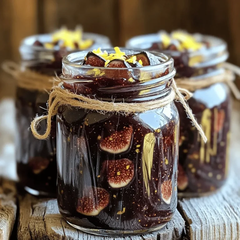 - 2 pounds fresh figs, stems removed and quartered - 1 cup granulated sugar - 1/4 cup freshly squeezed lemon juice - 1 tablespoon lemon zest - 1/2 teaspoon ground cinnamon - A pinch of salt Fresh figs are the star of this jam. They offer a sweet and rich flavor. Granulated sugar helps to balance the natural sweetness. Freshly squeezed lemon juice adds a bright note and helps with the jam's set. Lemon zest gives a fresh zing that lifts the taste. Ground cinnamon adds warmth and depth, while salt enhances all the flavors. - 1 teaspoon vanilla extract - 1/4 teaspoon nutmeg - Other fruits (e.g., apples or pears) If you want to elevate the flavor, consider using vanilla extract or nutmeg. Both add a lovely twist. You can also mix in other fruits like apples or pears for a unique blend. These additions can give your fig jam new and exciting flavors. - Calories per serving: Approximately 100 - Sugar content: About 20 grams - Fiber content: Around 1 gram Fig jam can be a sweet treat, but it does contain sugar. Each serving has around 100 calories. It also provides some fiber, making it a more wholesome option. Keep in mind that moderation is key when enjoying this delicious jam. For the full recipe, check the detailed instructions and enjoy making this tasty fig jam. To start, you need to remove the stems from your fresh figs. Use a sharp knife to cut them off. Then, quarter the figs by slicing each fig into four pieces. This helps the figs cook down better. Next, place the quartered figs in a large bowl. Sprinkle on the granulated sugar. Stir gently to coat the figs with sugar. Let this sit for about 30 minutes. This waiting time allows the figs to release their natural juices, making your jam sweeter and more flavorful. After 30 minutes, it's time to add more flavor. Pour in the freshly squeezed lemon juice, lemon zest, and ground cinnamon. Toss in a pinch of salt, too. Mix everything well until combined. Now, transfer this mixture to a large saucepan. Set the heat to medium and bring the mixture to a gentle boil. Stir often to prevent sticking. Once it boils, reduce the heat to low. Allow it to simmer for about 45 minutes. Stir occasionally, mashing the figs with a potato masher or a spoon to reach your desired texture. You can keep it chunky or make it smooth. When the jam has thickened, remove the saucepan from the heat. Let it cool slightly. If you want a smoother jam, blend it with an immersion blender. While it is still warm, pour the jam into sterilized jars. Seal the jars tightly with their lids. Allow them to cool completely at room temperature. Once cooled, store the jars in the refrigerator. Enjoy your homemade fig jam with toast or as a topping on desserts. For the full recipe, check out the Sweet Bliss Fig Jam section. - Adjusting sweetness: Taste your figs before you add sugar. Some figs are sweeter than others. If you find your figs are very sweet, cut back on the sugar. You can always add more later if needed. - Ensuring proper consistency: To get the right jam texture, mash the figs well during cooking. If you want a smooth jam, use an immersion blender after cooking. Keep in mind that the jam will thicken as it cools. - Refrigerator storage guidelines: Once your fig jam cools, store it in a sealed jar in the fridge. It can last up to two weeks in the refrigerator. - Freezing options for longer shelf life: For longer storage, freeze the jam in small containers. It can last up to six months in the freezer. Just thaw it in the fridge before using. - Pairing with cheese or bread: Fig jam is great with soft cheeses like goat cheese or brie. Spread it on a slice of crusty bread for a tasty snack. - Using as a dessert topping: Try fig jam on ice cream or yogurt. It adds a sweet touch and pairs well with many desserts. {{image_4}} You can spice up your fig jam by adding cardamom. It brings a warm, sweet taste. Just a pinch goes a long way. You can also infuse your jam with fresh rosemary. This herb adds a lovely, earthy note. Try both to see which you like best! Mix figs with stone fruits like peaches or plums. This combo makes a fruity delight. You can also adapt the recipe to use seasonal fruits. In summer, try berries like raspberries or blackberries. Each season gives a new twist to your jam! Mixing fig jam with citrus adds bright notes. Try adding orange or lemon zest. It brightens the flavor and makes it lively. You can also toss in nuts like walnuts or almonds for texture. The crunch pairs well with the soft figs. For the full recipe, check out the Sweet Bliss Fig Jam section. Homemade fig jam lasts about two weeks in the fridge. To store it, keep it in a clean jar with a tight lid. If you want it to last longer, freeze it. Fig jam can stay good for up to six months in the freezer. Yes, you can use dried figs. First, soak them in warm water for about 30 minutes. This helps them soften. You may need to add a bit more sugar and lemon juice. Adjust the sugar based on how sweet the dried figs are. Fig jam is great for more than just spreading on toast. You can use it in many ways: - Mix it into yogurt for a tasty breakfast. - Use it in marinades for meat or fish. - Pair it with cheese on a charcuterie board. - Swirl it into baked goods, like muffins or cakes. With so many uses, fig jam can add flavor to many dishes. For the full recipe, click [Full Recipe]. To make easy fig jam, start by mixing fresh figs with sugar. Let this sit for 30 minutes. Then, add lemon juice, zest, cinnamon, and salt. Heat the mix until it boils, then simmer for 45 minutes. Mash the figs to your liking. Pour the warm jam into jars and seal them. Fig jam is great on toast or with cheese. Spread it on warm bread for a tasty treat. You can also use it in desserts like tarts or cakes. For a fun twist, serve it on a charcuterie board with meats and nuts. Your guests will love the mix of flavors! Feel free to play around with this recipe. Try adding spices like nutmeg or cardamom for new tastes. Mixing in other fruits can also change the flavor. Enjoy the process of making fig jam and share your creations! You now have the tools to make easy and tasty fig jam. We covered essential and optional ingredients, plus helpful tips for perfecting your jam. Remember, add your twist with spices or fruits. Enjoy your sweet creation on bread or with cheese. Don't forget to test new flavors and share your results. Fig jam is fun to make, share, and enjoy! Dive into your kitchen and start crafting your own delicious batches. You might discover new favorites along the way!