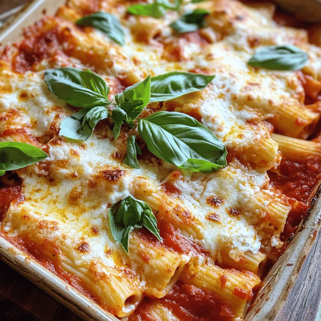 - 12 oz ziti pasta - 2 cups marinara sauce (homemade or store-bought) - 1 cup ricotta cheese - 1 cup mozzarella cheese, shredded - 1/2 cup grated Parmesan cheese - 1 large egg - 2 cloves garlic, minced - 1 teaspoon dried Italian herbs (such as oregano, basil, and thyme) - Salt and pepper to taste - Fresh basil leaves for garnish When you pick your ingredients, focus on freshness. Fresh pasta cooks better and tastes amazing. Choose ricotta that feels creamy and smooth. For marinara, look for low-sugar options. A good sauce makes a big difference. Always check for real cheese instead of processed ones. Herbs should smell strong for the best flavor. You can swap ziti for penne or rigatoni if needed. If you can’t find ricotta, cottage cheese works as a nice alternative. For a dairy-free version, use vegan cheese. You can also replace marinara with pesto for a unique twist. If you want more protein, add cooked ground beef or turkey. These swaps can make the dish your own! First, preheat your oven to 375°F (190°C). This step is key for even cooking. While the oven heats up, fill a large pot with water and add a generous amount of salt. Bring the water to a rolling boil. Once boiling, add 12 oz of ziti pasta. Cook it according to the package instructions until it is al dente. This means the pasta is firm but not hard. Drain the pasta and set it aside for later. In a mixing bowl, add 1 cup of ricotta cheese. Crack in 1 large egg to bind the mixture. Then, add 2 cloves of minced garlic and 1 teaspoon of dried Italian herbs. Season with salt and pepper to taste. Mix everything well until it is smooth and creamy. This mixture will add a rich flavor to your baked ziti. Now, grab a greased baking dish. Start by spooning half of the ziti mixture into the dish. Spread it out evenly. Next, take your ricotta mixture and dollop it over the ziti layer. Use a spatula to smooth it out gently. After that, add the rest of the ziti on top, spreading it evenly. To finish, sprinkle 1 cup of shredded mozzarella and 1/2 cup of grated Parmesan cheese on top. Cover the baking dish tightly with aluminum foil. Place it in the oven and bake for 20 minutes. After this time, remove the foil carefully. Return the dish to the oven for another 10-15 minutes. This allows the cheese to bubble and brown nicely. The goal is a golden crust on top. Once done, let it cool for a few minutes before serving. For a lovely touch, garnish each plate with fresh basil leaves. If you want more detailed steps, check out the Full Recipe for guidance on preparation. To make your baked ziti shine, follow these tips: - Cook pasta al dente: This keeps the pasta firm. It will cook more in the oven. - Use fresh herbs: Fresh basil or parsley adds a burst of flavor. - Layer well: Spread out the sauce and ricotta evenly for even baking. - Cover while baking: This helps the cheese melt properly without burning. Ovens can vary in heat. Here are some things to consider: - Check your oven's calibration: Use an oven thermometer to ensure accuracy. - Watch the cheese: If it browns too fast, cover with foil. - Adjust cooking time: If your oven runs hot or cold, check for doneness earlier or later. Baked ziti is versatile. Here are ways to enjoy it: - Serve with garlic bread: This adds crunch and flavor. - Pair with salad: A fresh green salad balances the rich dish. - Top with extra cheese: Add more mozzarella or Parmesan right before serving. For a full guide on making this dish, check the Full Recipe. {{image_4}} For a tasty vegetarian baked ziti, swap out meat for veggies. You can use spinach, mushrooms, or zucchini. Start by sautéing these vegetables until soft. Mix them into the pasta sauce. This adds great flavor and nutrients. You can also add more cheese, like feta or goat cheese, for a creamy texture. If you love meat, add ground beef, sausage, or chicken. Brown the meat in a pan before mixing it with the marinara sauce. This makes the dish hearty and filling. You can also layer pepperoni or salami for a fun twist. Just remember to adjust the seasoning since meat can add extra salt. For a gluten-free option, choose gluten-free ziti or pasta. Many brands offer great alternatives that taste just as good. You can also use spiralized vegetables like zucchini or squash instead of pasta. This creates a lighter dish while keeping the flavors you love. Be sure to check your marinara sauce and cheese for gluten-free labels too. For more details on how to make this dish, check the Full Recipe. To keep your leftover baked ziti fresh, let it cool first. Once cool, cover it tightly with plastic wrap or aluminum foil. You can also use an airtight container. Store it in the fridge for up to three days. If you want to freeze baked ziti, use a freezer-safe dish. Cover it well with plastic wrap, then foil. This helps prevent freezer burn. You can freeze it for up to three months. To reheat, thaw it overnight in the fridge. Bake at 350°F (175°C) for 25-30 minutes until hot. If it seems dry, add a splash of marinara sauce before heating. Baked ziti stays good in the fridge for about three days. If you freeze it, it can last for three months. Just remember, the sooner you eat it, the better it tastes! For the full recipe, check the instructions for the best way to prepare your ziti. Baked Ziti takes about 50 minutes in total. First, it bakes covered for 20 minutes. Then, you uncover it and bake for another 10 to 15 minutes. This helps the cheese get nice and bubbly. Yes, you can make Baked Ziti ahead. Simply prepare the dish, cover it, and refrigerate. It stays fresh for up to two days. When you are ready, bake it straight from the fridge. Just add a few extra minutes to the cooking time. To reheat Baked Ziti, use the oven. Preheat it to 350°F (175°C). Place the ziti in an oven-safe dish and cover it with foil. Heat for about 20 to 25 minutes. This keeps it moist and tasty. Baked Ziti pairs well with a fresh salad or garlic bread. You can also add a side of roasted vegetables. For more tips, check the Full Recipe for additional guidance on preparation. Baked ziti is a simple yet satisfying meal. We explored quality ingredients, cooking steps, and tips for perfect results. You learned how to customize the dish for different tastes and dietary needs. Storing and reheating are easy, too. With the right recipes and techniques, you can impress anyone at your table. Enjoy creating your own baked ziti masterpiece! Full recipe details will guide you through each step. Happy cooking!