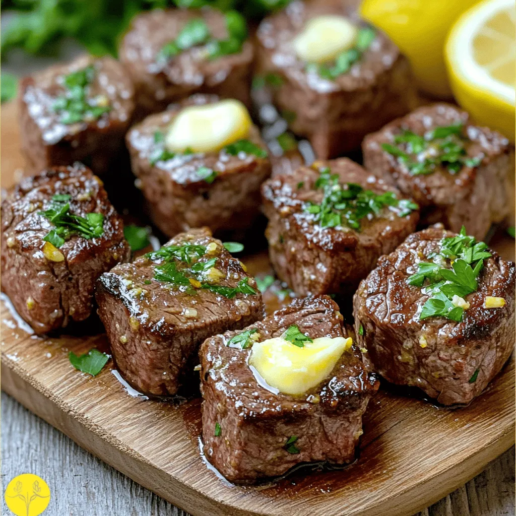 - 1 lb sirloin steak, cut into 1-inch cubes - 4 tablespoons unsalted butter - Salt and freshly cracked black pepper - 4 cloves fresh garlic, finely minced - 1 tablespoon fresh parsley, finely chopped - 1 teaspoon fresh rosemary, finely chopped (or ½ teaspoon dried rosemary) - 1 teaspoon freshly squeezed lemon juice - Red pepper flakes (for added kick) Garlic butter steak bites shine thanks to their simple yet rich ingredients. The sirloin steak provides a tender base, while unsalted butter adds that creamy richness we love. I always use fresh garlic for its strong flavor. Season your steak cubes with salt and pepper before cooking. This helps bring out the meat's natural taste. Garlic, parsley, and rosemary will add layers of flavor. The lemon juice brightens the dish and balances the richness. If you like a little heat, adding red pepper flakes can give your dish a nice kick. The combination of these ingredients makes every bite a flavorful treat. For the complete recipe, check out the Full Recipe section. First, we need to season the sirloin steak. Use salt and black pepper to coat each cube. This step boosts the flavor and makes the dish more enjoyable. Next, cut the steak into 1-inch cubes. This size helps them cook evenly and stay juicy. Now, let’s heat the pan. Melt 2 tablespoons of unsalted butter in a large skillet over medium-high heat. Wait until the butter bubbles and sizzles. This shows it’s hot enough for cooking. Carefully add the seasoned steak bites in a single layer. Avoid overcrowding the pan. Cook them for 2-3 minutes until they turn golden brown. Then, flip them over and cook for another 2 minutes, or until they reach your desired doneness. Once the steak bites are cooked, lower the heat to medium. Add minced garlic, chopped parsley, and rosemary to the skillet. Stir these ingredients often for about 1-2 minutes. This allows the garlic to release its amazing flavor without burning. Next, mix in the remaining 2 tablespoons of butter and lemon juice. If you like, add a pinch of red pepper flakes for some heat. Toss the steak bites in the buttery sauce until they are fully coated. The sauce should bubble and look inviting. For the complete recipe, check out the Full Recipe. To get a great sear on your steak bites, do not overcrowd the pan. If you add too many pieces at once, they will steam instead of sear. This means you won’t get that nice, brown crust. Cook in batches if needed. For medium-rare steak bites, aim for about 2-3 minutes on each side. Adjust the time based on how you like your steak; less time for rare and more for well done. To boost the flavor of your garlic butter steak bites, try adding herbs like thyme or oregano. You can also sprinkle in some smoked paprika for a hint of smokiness. Using high-quality ingredients makes a huge difference. Fresh herbs and good butter will elevate the taste. Always choose fresh garlic over jarred garlic for the best flavor. Make your dish pop by garnishing with chopped parsley and fresh lemon wedges. This adds a bright touch and makes it more appealing. If you have a gathering, serve the steak bites on skewers. This makes for easy eating and adds a fun twist to your meal. For more ideas, check out the Full Recipe for garlic butter steak bites. {{image_4}} You can use many cuts for garlic butter steak bites. Sirloin is great, but ribeye or flank steak works too. Ribeye is richer, while flank is leaner. Each cut has a unique taste. Cooking time changes with different cuts. Ribeye may need a bit longer to cook. Flank steak cooks quicker, so watch it closely. Aim for 2-3 minutes per side for medium-rare. Add some herbs or spices to boost the flavor. Thyme brings a lovely earthiness. Paprika adds a sweet, smoky taste. You can also mix in some fresh basil or oregano. For a spicy kick, create a spicy garlic butter sauce. Add more red pepper flakes or a dash of hot sauce. This twist gives your steak bites a new life. Garlic butter steak bites fit well in salads or wraps. Toss them in a fresh salad with greens and a tangy dressing. For wraps, use tortillas or lettuce leaves. Pair them with sides like mashed potatoes or sautéed veggies. Creamy potatoes balance the rich steak. Roasted veggies add a nice crunch. Explore these options to make your meal special. For the full recipe, check out the Garlic Butter Steak Bites section. To store leftover garlic butter steak bites, place them in an airtight container. This keeps them fresh and tasty. Make sure the steak bites cool down first before sealing them. In the fridge, they last about 3 to 4 days. This helps you enjoy them later without losing flavor. When reheating, the goal is to keep the texture nice. Using a skillet works best. Heat it on medium-low and add a little butter. This helps the steak bites stay juicy. You can also use a microwave, but be careful. Heat them in short bursts to avoid drying them out. Yes, you can freeze garlic butter steak bites! To freeze, let them cool completely. Then, place them in a freezer-safe bag or container. Remove as much air as possible before sealing. This helps prevent freezer burn. When you're ready to eat, thaw them overnight in the fridge. Reheat them in a skillet for the best results. For a full recipe, check out the main article. To check if your steak bites are done, use a meat thermometer. It should read: - 125°F for rare - 135°F for medium-rare - 145°F for medium - 160°F for medium-well - 170°F for well-done For a simple test, press the steak. It should feel soft for rare and firm for well-done. Keep in mind that the steak will cook a bit more after you take it off the heat. Yes, you can prep garlic butter steak bites ahead of time. Cut the steak and season it the day before. Store it in the fridge until you are ready to cook. When you want to eat, just sear the steak bites as normal. If you have leftovers, store them in an airtight container. They will last about 3 days in the fridge. You can reheat them in a skillet over low heat to keep them tender. Garlic butter steak bites pair well with many sides. Here are some ideas: - Creamy mashed potatoes - Roasted vegetables like broccoli or carrots - A fresh green salad - Garlic bread for a tasty touch For drinks, try a nice red wine, like Cabernet Sauvignon. It complements the richness of the steak. You can also serve a cold beer or a refreshing lemonade. For the complete recipe, check out the [Full Recipe]. In this blog post, I covered how to make delicious garlic butter steak bites. We discussed the main ingredients, including sirloin steak, butter, and fresh herbs. You learned step-by-step instructions for cooking and tips to achieve the perfect sear. I also shared variations to try with different cuts of steak and flavor profiles. Remember, choosing high-quality ingredients and proper storage are key to enjoying your dish later. With practice, you can create a tasty meal that impresses everyone. Enjoy your cooking adventure!