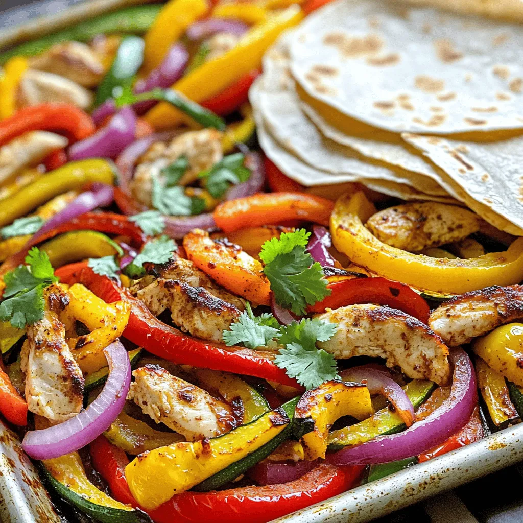 To make delicious sheet pan fajitas, gather the following ingredients: - 2 bell peppers (choose from red, yellow, or green), sliced into thin strips - 1 red onion, sliced into thin wedges - 1 medium zucchini, sliced into half-moons - 1 pound chicken breast, cut into thin strips (for a vegetarian version, substitute with firm tofu, also sliced thinly) - 3 tablespoons olive oil - 1 tablespoon chili powder - 1 teaspoon ground cumin - 1 teaspoon smoked paprika - 1 teaspoon garlic powder - 1 teaspoon onion powder - Sea salt and freshly cracked black pepper, to taste - Juice of 1 lime (about 2 tablespoons) - Fresh cilantro, chopped, for garnish - Warm tortillas (flour or corn) for serving For the best flavor, I recommend using a mix of bell peppers. Red and yellow peppers add sweetness. Green peppers bring a slight bitterness that balances the dish. Each color adds a unique touch to your fajitas. I love the contrast of colors on the plate. It makes the meal look lively and fresh. If you want a vegetarian option, tofu works great. Choose firm tofu for the best texture. You can also use tempeh or seitan for added protein. For a lighter option, consider using a mix of mushrooms and zucchini. They absorb flavors well and give a nice bite. These swaps keep the dish tasty and satisfying without meat. Start by preheating your oven to 400°F (200°C). This step is key for even cooking. Next, grab a large baking sheet and line it with parchment paper. This will make cleanup easy later on. In a medium bowl, mix together the olive oil, chili powder, cumin, smoked paprika, garlic powder, and onion powder. Squeeze in the juice of one lime, adding a pinch of salt and pepper. Whisk until everything blends nicely. You want a smooth marinade that coats the chicken and veggies well. Take a large mixing bowl and add your sliced chicken or tofu, bell peppers, red onion, and zucchini. Pour the marinade over the top. Using your hands or a spoon, toss the ingredients. Ensure every piece is coated in that tasty marinade. This step brings out the flavor in every bite. Now, transfer the marinated mixture to your lined baking sheet. Spread it out evenly. Make sure the pieces are not crowded. This allows them to roast well and get that nice caramelization. Giving them space is important for a perfect finish. Place the sheet pan in the oven. Bake for 20 to 25 minutes. Keep an eye on it! You're looking for the chicken to be fully cooked and the veggies tender. A little caramelization adds great flavor and texture. After baking, carefully take the pan out of the oven. Let it rest for a minute. This helps the juices settle. Now, sprinkle freshly chopped cilantro on top. This adds a pop of color and flavor. Serve the fajitas hot with warm tortillas. Let everyone build their own fajitas for a fun dinner experience. You can also add lime wedges for an extra zesty touch. To get the best results, cut your chicken and veggies into similar sizes. This helps them cook at the same pace. Spread everything out well on the sheet pan. If the pieces are too close, they may steam instead of roast. Marinate your chicken or tofu for at least 30 minutes. This lets the flavors soak in. If you have more time, go for 2 hours. Just keep it in the fridge during this time. For extra flavor, try marinating overnight. Serve your fajitas with warm tortillas. You can add toppings like diced tomatoes, sliced jalapeños, or avocado. Fresh lime wedges really boost the taste. Feel free to swap proteins or add seasonal veggies for fun twists. For the full recipe, check out the main section. {{image_4}} You can switch up the protein in your sheet pan fajitas. Chicken is my go-to, but you can also use beef, shrimp, or firm tofu. Each protein brings its own taste and texture. For shrimp, cook for about 10-15 minutes. Beef needs about 25-30 minutes. Tofu is great for a vegetarian option. Just remember to press it first to remove excess water. This way, it absorbs more flavor. Seasonal vegetables can change your fajitas game! In spring, add asparagus or snap peas. In summer, try corn or cherry tomatoes. Fall favorites include butternut squash or sweet potatoes. Winter is perfect for hearty veggies like Brussels sprouts or carrots. Each season offers a unique taste that keeps your fajitas fresh and exciting. Do you like it hot? You can easily adjust the spice level. For a mild fajita, stick to the basic spices. To add heat, include jalapeños or cayenne pepper. You can also use chipotle powder for a smoky kick. Taste as you go, and find the right balance for your palate. The beauty of this dish is its flexibility! For the full recipe, check out the details above. Enjoy experimenting! After enjoying your fajitas, store any leftovers in an airtight container. This keeps them fresh and tasty. Allow the dish to cool before sealing. Label the container with the date. This helps you know when to eat them. For reheating, use the oven for the best results. Preheat your oven to 350°F (175°C). Spread the fajitas on a baking sheet and cover them with foil. Heat for about 10-15 minutes. This keeps the chicken moist and veggies crisp. You can also use a microwave, but the oven gives better flavor. Your sheet pan fajitas will last in the fridge for up to three days. If you want them to last longer, consider freezing them. Just make sure to store in freezer-safe bags. They can stay good for up to three months in the freezer. When ready to eat, thaw in the fridge overnight before reheating. Yes, you can use frozen ingredients. Frozen bell peppers and onions work well. They save time and reduce waste. Just thaw them before cooking. You may need to adjust cooking time slightly. Keep an eye on them to avoid overcooking. Sheet pan fajitas pair well with many sides. Consider serving them with: - Rice - Beans - Guacamole - Salsa - Sour cream - Fresh lime wedges These sides add flavor and texture to your meal. To make your sheet pan fajitas gluten-free, use corn tortillas. Always check labels on seasoning blends. Some may contain gluten. This simple swap ensures everyone can enjoy the dish. Check the chicken with a meat thermometer. It should reach 165°F (75°C). If you don't have a thermometer, cut a piece open. The meat should be white, with no pink. Juices should run clear. Always ensure food safety when cooking. Yes, you can meal prep sheet pan fajitas. You can marinate and chop the ingredients the night before. Store them in the fridge until you're ready to cook. This makes dinner easy on busy nights. Just follow the full recipe when you’re ready to bake. This guide covered everything you need for tasty sheet pan fajitas. We explored key ingredients, step-by-step instructions, and helpful tips. You learned how to choose the best peppers and marinades. We also highlighted customizations and storage ideas to keep your meals fresh. Eating fajitas should be fun and easy. With these tips, you can make them your way. Enjoy your cooking adventure!