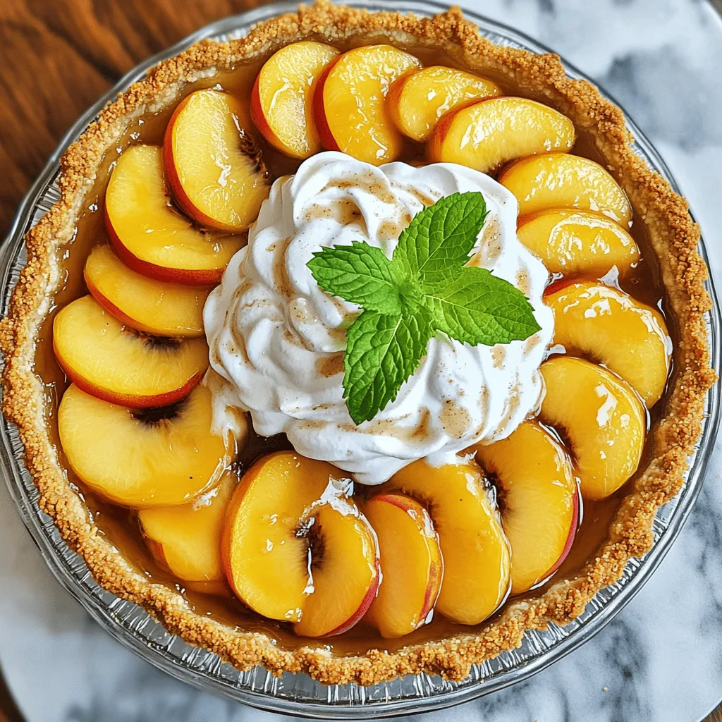 To make a delightful peaches and cream pie, you need these main ingredients: - 2 cups fresh peaches, peeled and sliced - 1 tablespoon fresh lemon juice - 1 cup granulated sugar, divided - 1 teaspoon pure vanilla extract - 1 tablespoon cornstarch - 1 pre-made graham cracker crust - 1 cup heavy whipping cream - 2 tablespoons powdered sugar - 1 teaspoon almond extract Each ingredient plays a key role. The peaches give sweetness, while the lemon juice brightens the flavor. The sugar enhances the natural taste of the fruit. Cornstarch thickens the filling, making it nice and creamy. The graham cracker crust adds a crunchy base. Finally, the whipped cream topping brings lightness to each slice. You can elevate your pie with some optional garnishes: - Fresh mint leaves for garnish (optional) Mint adds a fresh touch to the pie's look and taste. You can also try sprinkling some crushed nuts or a drizzle of caramel sauce for extra flavor. If you don’t have all the ingredients, here are some easy swaps: - Use canned peaches if fresh ones are not available. - Swap lemon juice for lime juice for a zesty twist. - Replace granulated sugar with brown sugar for a deeper flavor. - Use coconut cream instead of heavy whipping cream for a dairy-free option. These substitutions can give your pie a unique twist while keeping its deliciousness intact. Check out the full recipe to see how to put it all together! To start, grab a big bowl and slice the fresh peaches. Add 1 tablespoon of lemon juice and ½ cup of sugar. Toss the peaches gently. Let them sit for 20 minutes. This step helps the peaches release juice and makes a sweet syrup. Now, take a small bowl. Whisk together 1 tablespoon of cornstarch, the rest of the sugar (½ cup), and 1 teaspoon of vanilla. Pour this mix over the peaches. Stir until all the peaches are coated. Let it sit for another 10 minutes. This helps thicken the syrup. Preheat your oven to 350°F (175°C). Carefully pour the peach mixture into the graham cracker crust. Spread the peaches evenly. Bake it in the oven for about 25 minutes. The peaches should be soft and bubbling. Once finished, take it out and let it cool at room temperature. For the complete recipe, be sure to check out the Full Recipe section. To make your peaches shine, always choose ripe ones. Look for peaches that are soft but not mushy. Use fresh peaches for the best taste. A splash of lemon juice adds a nice zing. It helps balance the sweetness and keeps the peaches bright. Marinating them for 20 minutes brings out their juices. You can mix in a bit of cinnamon for warmth. This elevates the flavor and adds a cozy touch. For the perfect whipped topping, start with cold heavy cream. Cold cream whips up better and faster. Use a clean bowl and beaters to avoid unwanted flavors. Add powdered sugar for sweetness and almond extract for a hint of nuttiness. Whip until you see stiff peaks; this means it’s ready. Be careful not to overwhip, or it may turn grainy. A creamy topping will make your peaches and cream pie stand out. If your pie seems runny, it may be due to undercooked peaches or not enough cornstarch. Make sure to let the peach mixture sit long enough to thicken. If the crust burns, cover the edges with foil while baking. For a grainy topping, it’s likely that you overwhipped the cream. Start over with new cream if that happens. Remember, the key to a great pie is patience. Take your time, and enjoy the process. For the full recipe, check out the delicious Peaches & Cream Delight Pie. {{image_4}} You can make a no-bake version of this pie. This method saves time and keeps the pie cool. Use the same ingredients as the full recipe. Instead of baking, spread the peach filling over the graham cracker crust. Chill the pie in the fridge for at least two hours. This way, the flavors meld beautifully. The whipped cream topping can be added just before serving. This makes for a refreshing treat on hot days. Making this pie vegan is easy and fun. Use coconut cream instead of heavy whipping cream. You can find it in cans at the grocery store. For the crust, use a store-bought vegan graham cracker crust. In the peach filling, swap granulated sugar for coconut sugar. This adds a nice caramel flavor. Follow the full recipe steps, and you’ll have a creamy, fruity pie everyone will love. If you need a gluten-free pie, it’s simple to adapt. Choose a gluten-free graham cracker crust. Many brands offer this option. For the filling, all the ingredients are naturally gluten-free. Just be sure to check labels on the products you buy. The rest of the steps remain the same. You’ll end up with a delicious pie that fits your dietary needs. After enjoying your peaches and cream pie, store any leftovers in the fridge. Place the pie in an airtight container or cover it tightly with plastic wrap. This keeps the pie fresh for up to three days. If you use a store-bought crust, the pie may last a bit longer, but it's best to eat it soon. If you want to save some pie for later, freezing is a great option. First, let the pie cool completely. Then, wrap it tightly in plastic wrap. For added protection, place it in a freezer-safe bag or container. You can freeze the pie for up to three months. When you're ready to enjoy it, thaw the pie in the fridge overnight. To reheat your pie, start by slicing it into portions. Place the slices on a baking sheet. Preheat your oven to 350°F (175°C). Warm the pie slices for about 10-15 minutes, or until they reach your desired temperature. If you want to keep the whipped cream topping cold, serve it on the side. Enjoy every bite! For this pie, I recommend using ripe, juicy peaches. Yellow peaches work great because they are sweet and flavorful. You can also use freestone peaches, as they are easy to slice and pit. Don’t pick peaches that are hard or green. They won’t give you the best taste in your pie. Yes, you can use frozen peaches. Just make sure to thaw them first. Drain any excess liquid to avoid a soggy pie. Frozen peaches can lose some flavor, so try to use fresh if you can. They give a better taste and texture. You’ll know your pie is done when the peaches are tender and the filling bubbles. Look for a golden crust around the edges. If you see this, it’s ready! Let it cool completely at room temperature after baking. Absolutely! You can bake the pie a day in advance. Just let it cool and cover it well. Store it in the fridge. When you’re ready to serve, add the whipped cream topping. This keeps it fresh and tasty for your guests. For the full recipe, check out the details above. This blog post covered how to make a tasty Peaches and Cream Pie. We explored main ingredients, cooking steps, and ways to perfect your pie. I shared tips for flavor and texture, plus fun variations like vegan and no-bake options. You now know how to store and reheat leftovers, too. Remember, using ripe peaches makes all the difference. Enjoy your baking and impress your friends with this delicious dessert!