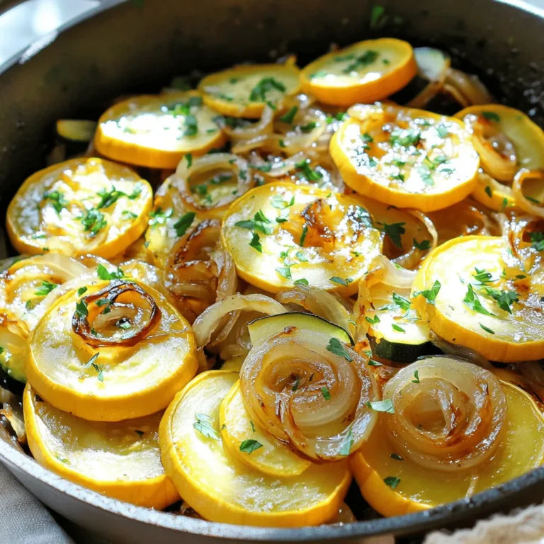 To make this old-fashioned squash and onions dish, you need a few simple ingredients. Each one plays a key role in creating that comforting flavor you crave. Here’s what you will need: - 2 medium yellow squash, sliced into half-moons - 2 medium zucchini, sliced into half-moons - 1 large onion, thinly sliced - 2 tablespoons olive oil - 1 teaspoon garlic powder - 1 teaspoon dried thyme - Salt and pepper to taste - ½ cup vegetable broth - 1 tablespoon balsamic vinegar - Fresh parsley for garnish Gather all these ingredients before you start cooking. Fresh squash and zucchini bring great taste. The onion adds a sweet depth. Olive oil helps to cook the veggies just right. Garlic powder and thyme give it a warm flavor. Season with salt and pepper to fit your taste. The vegetable broth keeps it moist, while balsamic vinegar adds a nice tang. Finish with parsley for a fresh look. This medley is not just easy; it’s also full of goodness. For the full recipe, check out the Cozy Squash & Onion Medley. Heat the olive oil in a large skillet over medium heat. Once the oil is hot, add the thinly sliced onions. Sauté them for about 5 minutes. Stir them often until they turn soft and slightly clear. Next, add the sliced yellow squash and zucchini to the skillet. Mix them well with the onions. Cook this blend for 6 to 8 minutes. This will help the veggies soften and gain a lovely color. Now it's time to season! Sprinkle the garlic powder, dried thyme, and a bit of salt and pepper over the mix. Stir everything together so the spices coat each vegetable piece evenly. Pour in the vegetable broth and balsamic vinegar. Lower the heat to a gentle simmer. Cover the skillet with a lid. Let this medley cook for about 10 to 12 minutes. The squash should become tender and soak in all the tasty flavors. After cooking, taste the dish. If needed, add more salt, pepper, or herbs to suit your taste. Adjustments can make a big difference in the final flavor. Take the skillet off the heat. Carefully transfer the squash and onion mix to a serving dish. For a fresh touch, sprinkle chopped parsley on top before serving. This will add color and flavor to your meal. Enjoy your cozy squash and onion medley! You can check out the Full Recipe for more details. Serve the cozy squash and onion medley in a warm cast iron skillet. This choice adds charm and keeps the dish warm. You can also use a rustic wooden bowl for a homely feel. Drizzle a little olive oil on top before adding the parsley. This simple step makes the dish look fresh and colorful. Always choose fresh squash and onions for the best flavor. Look for squash with smooth skin and bright color. Onions should feel firm and have a strong scent. Fresh herbs like parsley enhance the dish’s taste and color. Using fresh ingredients makes your meal more vibrant and delicious. Taste your dish before serving. You can adjust the salt and pepper based on your preference. If you like it spicy, add a pinch of red pepper flakes. Want more flavor? Try adding a bit more garlic powder or thyme. Each tweak lets you make the dish your own. {{image_4}} You can easily add protein to this dish. Try cooked chicken or turkey for a hearty meal. If you prefer seafood, shrimp or scallops work well too. For plant-based options, add cooked lentils or chickpeas. These choices will make this dish more filling and nutritious. This recipe is already vegetarian. To make it vegan, just skip any cheese toppings. You can add nuts like walnuts or almonds for a crunchy texture. These will give your dish a nice boost of flavor and nutrients. Feel free to experiment with herbs and spices. Swap dried thyme for fresh basil or oregano. You can also add a pinch of red pepper flakes for heat. Try a sprinkle of smoked paprika for a deeper flavor. These small changes can create a new twist on the classic dish. For the full recipe, check out the Cozy Squash & Onion Medley. After making the cozy squash and onion medley, let it cool down. Then, store it in an airtight container. It will keep in the fridge for about three days. If you want to eat it later, make sure to label the container with the date. You can freeze this dish too! Allow it to cool completely. Then, use a freezer-safe container or bag. The squash and onions can stay fresh in the freezer for up to three months. When ready to eat, just thaw it in the fridge overnight. To reheat, use the stovetop for the best results. Place the dish in a skillet over medium heat. Add a splash of water or broth to avoid sticking. Stir occasionally until warmed through. You can also use the microwave if you're short on time. Heat it in short bursts, stirring in between, until hot. Old-Fashioned Squash and Onions is a simple, cozy dish. It features tender squash and sweet onions. You can enjoy its warm, comforting flavors any time of the year. This dish blends yellow squash and zucchini, sautéed with onions and herbs. It pairs well with many meals. It is a perfect side dish for family dinners or holiday feasts. Yes, you can use different types of squash. While yellow squash and zucchini work best, feel free to experiment. Butternut squash, acorn squash, or pattypan squash can add unique flavors. Just remember to adjust cooking times based on the type of squash you choose. All squash varieties will bring a lovely taste to the dish. Making Old-Fashioned Squash and Onions gluten-free is easy. This dish is naturally gluten-free, as it does not contain any wheat or gluten products. Just make sure to check the broth you use. Some vegetable broths may contain gluten. Choose a certified gluten-free broth for the best results. You can serve Old-Fashioned Squash and Onions in many ways. Enjoy it warm alongside roasted chicken or grilled fish. For a vegetarian meal, pair it with quinoa or rice. This dish can also be a great topping for baked potatoes. Garnish with fresh parsley for added flavor and color. For the full recipe, check out the Cozy Squash & Onion Medley. This blog post covered a simple, tasty dish using squash and onions. We discussed the key ingredients and shared step-by-step instructions that anyone can follow. I shared tips for presentation, variations to mix things up, and how to store leftovers. In my view, this dish is easy and full of flavor. You can adjust it to fit your taste. Try it, enjoy it, and add your twist!