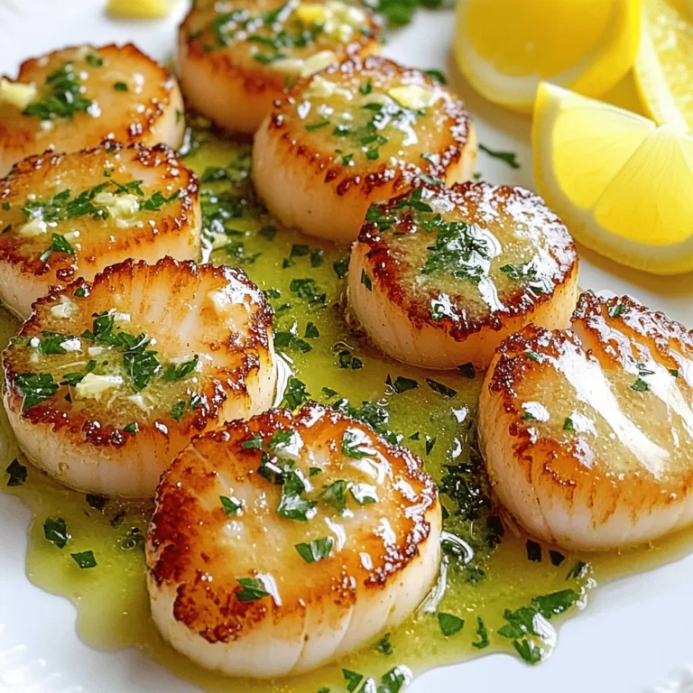 - 12 large sea scallops, thoroughly cleaned and patted dry - Salt and freshly cracked black pepper, to taste - 2 tablespoons extra virgin olive oil - 1 tablespoon unsalted butter - 2 cloves garlic, finely minced - Zest from 1 lemon - 2 tablespoons fresh parsley, finely chopped - Lemon wedges, for garnish Gather these ingredients before you start cooking. Fresh scallops are key to this dish. Make sure they are clean and dry; moisture will stop them from searing well. Season with salt and pepper to enhance their natural flavor. Use extra virgin olive oil for a nice flavor. The butter adds richness, while garlic infuses a wonderful aroma. Lemon zest and parsley give a fresh finish. Lemon wedges will brighten each bite. These ingredients come together to create a dish that impresses everyone at the table. You can find the Full Recipe for step-by-step guidance. Start by drying the scallops. This step is key. Wet scallops will steam, not sear. Use a paper towel to pat them dry. Next, season them well. Use salt and freshly cracked black pepper. This will bring out their sweet flavor. Choose a heavy skillet for searing. A cast iron or stainless steel pan works best. Heat the pan over medium-high heat. Add olive oil once the pan is hot. Wait until the oil shimmers but does not smoke. This shows it is ready for scallops. Place the scallops in the hot pan. Give them space; do not overcrowd. This helps them cook evenly. Sear them for about 2-3 minutes. Do not move them around. This allows a nice golden crust to form. After 2-3 minutes, it’s time to flip. Use tongs to turn each scallop gently. Add butter and minced garlic right away. This adds rich flavor. Spoon the melted butter over the scallops. Keep cooking for another 2-3 minutes. Check if they are done. They should be opaque and firm. Remove them from the pan. Mix the lemon zest and parsley into the pan juices. This makes a bright sauce. Drizzle it over the scallops. For a beautiful plate, arrange the scallops neatly. Garnish with fresh lemon wedges. This adds a pop of color and flavor. You now have a stunning dish to enjoy. For the complete recipe, check the Flawless Seared Scallops. How do you identify quality scallops at the market? Look for scallops that are firm and moist. They should have a sweet, ocean-like smell, not a strong fishy odor. The best types for searing are large sea scallops. They have a meaty texture that holds up well when cooked. Sometimes scallops can turn out rubbery. This often happens if they are overcooked. To fix this, cook them just until they turn opaque. For an even sear, make sure the pan is hot enough. Don't rush the cooking; patience pays off. Mastering high heat cooking is key when searing scallops. Heat your pan until the oil shimmers. This shows it is ready for the scallops. Also, avoid overcrowding the pan. If you pack them in too tightly, they won’t sear properly. Give each scallop its own space for that perfect golden crust. Use the full recipe for more details on cooking times and techniques. {{image_4}} You can change the taste of your scallops with different seasonings. Try using fresh herbs like thyme or rosemary. They add a lovely aroma. You can also mix in spices like paprika or cayenne for some heat. Adding aromatics can boost the flavor, too. Shallots give a sweet, mild onion taste. Grating fresh ginger adds a warm zing. Just remember to balance these flavors with the natural sweetness of the scallops. While searing is great, you can grill scallops for a smoky taste. Simply brush them with olive oil and place them on a hot grill for about 2-3 minutes per side. This gives them a nice char. Baking or broiling is another option. Place your seasoned scallops in a baking dish. Drizzle with olive oil and bake at 400°F for about 10 minutes. Broiling works quickly, just keep an eye on them to avoid overcooking. To make a complete meal, pair your scallops with light side dishes. A fresh salad or sautéed vegetables work well. You can also serve them with creamy risotto or garlic mashed potatoes for a heartier feel. Wine is a great choice with scallops. A crisp white wine like Sauvignon Blanc complements the dish perfectly. You can also try a light rosé for a refreshing twist. For a non-alcoholic option, serve sparkling water with lemon. For the full details on making these perfect scallops, check the Full Recipe. To store leftover scallops, place them in an airtight container. This keeps them fresh. You should refrigerate them right after cooking. Leftover scallops are best eaten within 1-2 days. Reheat scallops gently to keep their texture. The best way is to use a skillet on low heat. Add a little butter or oil to the pan. This helps prevent them from drying out. Avoid microwaving, as it can overcook them quickly. You can freeze scallops, but it’s best to do it right after buying them. Place the scallops in a vacuum-sealed bag or a freezer-safe container. For safety, use them within 2-3 months. Thaw them in the fridge overnight before cooking. This keeps their flavor and texture intact. You can tell scallops are done when they turn opaque and feel firm. The edges should curl slightly. If they are still translucent, they need more time. Perfectly cooked scallops should have a golden crust on the outside and a tender center. Yes, you can use frozen scallops. Thaw them overnight in the fridge for best results. Pat them dry before cooking. This helps achieve that nice sear. If time is short, you can also run them under cold water to thaw them quickly. Just be sure they are dry before you start. The best way to season scallops is simple. Use salt and freshly cracked black pepper to taste. You can also add lemon zest for brightness. For a twist, try using herbs like thyme or rosemary. They pair well with the sweet flavor of scallops. To avoid overcooking, watch the cooking time closely. Sear them for about 2-3 minutes on each side. Use medium-high heat to cook them fast without burning. When they look opaque, they are done. Remove them from the heat right away to keep them tender. Seared scallops go well with many dishes. Serve them with a fresh salad or sautéed greens. You can also pair them with risotto or creamy polenta for a hearty meal. For extra flavor, a light lemon butter sauce complements them beautifully. For all the details on making flawless scallops, check out the Full Recipe. This will guide you through every step to ensure perfect results. In this article, we explored how to make perfect seared scallops. We covered key ingredients, cooking steps, and tips to ensure great flavor. Remember to dry the scallops well and avoid overcrowding the pan. You can also experiment with different seasonings and cooking methods. Follow the guidelines for storing and reheating to keep them fresh. Enjoy your scallops with the right sides and pairing. Now you have the knowledge to cook scallops like a pro!