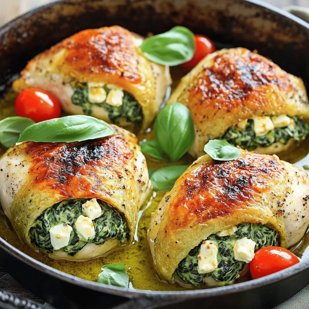 To make Feta Spinach Stuffed Chicken, gather these fresh ingredients: - 4 boneless, skinless chicken breasts - 1 cup fresh spinach, finely chopped - 1/2 cup feta cheese, crumbled - 1/4 cup cream cheese, softened to room temperature - 2 cloves garlic, minced - 1/2 teaspoon dried oregano - 1/2 teaspoon freshly ground black pepper - 1/2 teaspoon sea salt - 1 tablespoon extra virgin olive oil - 1/2 cup cherry tomatoes, halved (for garnish) - Fresh basil leaves, torn (for garnish) You can swap ingredients if needed. Here are some easy swaps: - Use ricotta cheese instead of cream cheese for a lighter filling. - If you don’t have feta, try goat cheese for a tangy taste. - Fresh spinach can be replaced with frozen spinach, just make sure to drain it well. - For a dairy-free option, use dairy-free cream cheese and omit feta. - Chicken thighs work well too if you prefer dark meat. Choosing the right ingredients matters for flavor. Here are some tips: - Chicken: Look for breasts that are firm and pink, with no bruises. - Spinach: Choose bright green leaves without any wilting or browning. - Feta Cheese: Opt for blocks of feta over pre-crumbled for better texture. - Garlic: Fresh garlic is best. Avoid any with sprouting or dry skins. - Olive Oil: Use extra virgin olive oil for the best flavor and health benefits. These tips will help you create a dish that not only tastes good but also looks great on the plate. For the full cooking process, check out the Full Recipe. To start, gather your ingredients. You need four chicken breasts, spinach, feta, cream cheese, garlic, oregano, black pepper, sea salt, and olive oil. 1. Preheat the oven to 375°F (190°C). This temperature is perfect for baking the chicken well. 2. In a bowl, mix the chopped spinach, crumbled feta, softened cream cheese, minced garlic, dried oregano, black pepper, and sea salt. Stir until everything blends into a creamy mixture. 3. Dry each chicken breast with a paper towel. This helps the chicken sear nicely. 4. Carefully slice a pocket in each chicken breast. Be careful not to cut through the bottom. This pocket will hold the tasty filling. 5. Stuff each chicken breast with the spinach and feta mixture. Make sure to fill them well. If the filling spills out, use toothpicks to close the openings. Use a large, oven-safe skillet for this dish. 1. Heat the olive oil over medium-high heat until it shimmers. This step adds flavor to the chicken. 2. Place the stuffed chicken breasts in the skillet. Sear each side for about 3-4 minutes. Look for a golden-brown crust. This adds a nice texture. 3. After searing, transfer the skillet to your preheated oven. Bake the chicken for 20-25 minutes. You'll know it's ready when it reaches an internal temperature of 165°F (75°C). Check the center to ensure it’s no longer pink. Allow the chicken to rest for a few minutes after taking it out of the oven. This helps keep it juicy. For a lovely touch, garnish with halved cherry tomatoes and torn basil leaves. For the full recipe, check out the Feta Spinach Stuffed Chicken Extravaganza. To make the perfect feta spinach stuffed chicken, start with dry chicken breasts. Pat them with paper towels. This helps the seasoning stick better. When you slice a pocket, be careful. Don’t cut all the way through. A deep pocket allows for more filling. Stuff generously, but don’t overfill. If you do, it may spill out during cooking. Use toothpicks to secure any openings. Juicy chicken needs a good sear. Heat your skillet before adding the chicken. Sear each side for 3-4 minutes until golden brown. This locks in moisture. After searing, finish cooking in the oven at 375°F. Bake until the internal temperature hits 165°F. Let the chicken rest for a few minutes after baking. This keeps the juices inside. Presentation makes food more appealing. A simple garnish can elevate your dish. Use halved cherry tomatoes for a pop of color. Fresh basil leaves add a nice touch. You can also serve the chicken on a bed of mixed greens. Drizzle with balsamic reduction for flavor and style. These small details make your meal look restaurant-worthy. For the full recipe, check the details above. {{image_4}} You can customize the filling for feta spinach stuffed chicken. Here are some tasty options: - Artichoke hearts for a tangy twist. - Sun-dried tomatoes for a burst of flavor. - Kalamata olives for a briny kick. - Fresh herbs like dill or parsley for added freshness. These add-ins enhance the taste and make the dish more exciting. If you want to switch it up, try using different proteins. Here are some great choices: - Turkey breasts work well and are leaner. - Pork tenderloin offers a nice change in flavor. - Firm tofu can be a great substitute for a plant-based option. Each protein brings its unique taste to the dish. For a vegetarian version, you can replace chicken with large portobello mushrooms. Here’s how: - Remove the stems and gills from the mushrooms. - Stuff them with the same feta and spinach mix. - Bake until the mushrooms are tender. This version is hearty and satisfying, perfect for everyone at the table. Explore these variations to keep your meals fresh and exciting. For more details, check out the full recipe for feta spinach stuffed chicken. To keep your feta spinach stuffed chicken fresh, let it cool first. Once cooled, wrap each chicken breast in plastic wrap or foil. Place them in an airtight container. Store in the fridge for up to three days. This keeps the chicken moist and tasty. When you are ready to eat your leftovers, preheat your oven to 350°F (175°C). Place the chicken in an oven-safe dish. Add a splash of chicken broth or water to help keep it moist. Cover with foil to prevent drying out. Heat for about 20-25 minutes until warm. You can also use a microwave, but it may not keep the chicken as juicy. If you want to freeze your stuffed chicken, wrap each piece tightly in plastic wrap, then place it in a freezer bag. Remove as much air as possible. This helps avoid freezer burn. You can freeze it for up to three months. To cook from frozen, thaw in the fridge overnight before reheating. This keeps the flavor intact and ready for a quick meal. For the full recipe, check out the details above. Yes, you can prepare Feta Spinach Stuffed Chicken in advance. Simply follow the recipe steps up to the baking part. After stuffing the chicken, cover it and place it in the fridge. You can make it a day ahead. When ready to eat, just bake it as directed. This saves time on busy nights. Feta Spinach Stuffed Chicken pairs well with many sides. Here are some ideas: - Roasted vegetables - Garlic mashed potatoes - Quinoa salad - Steamed asparagus - A light green salad These sides add color, flavor, and nutrition to your meal. They also balance the richness of the chicken. To check if the chicken is done, use a meat thermometer. Insert it into the thickest part of the chicken. The safe internal temperature is 165°F (75°C). If you don’t have a thermometer, cut into the chicken. The meat should be white and no pink should show. Always let the chicken rest a few minutes before serving. This helps keep it juicy. For the full recipe, check the details above. In this blog post, we covered the ingredients, cooking steps, and tips for making Feta Spinach Stuffed Chicken. We discussed ingredient choices and how to keep the chicken juicy. You learned about fun variations and storage tips for leftovers. Cooking should be enjoyable, so don’t stress! With these ideas, you can create a tasty dish tailored to your tastes. Enjoy your cooking adventure!