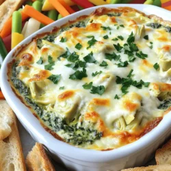 - 1 cup frozen spinach - 1 cup canned artichoke hearts - 1 cup cream cheese - 1/2 cup sour cream - 1/2 cup mayonnaise - 1 cup shredded mozzarella cheese - 1/2 cup grated Parmesan cheese - 2 cloves garlic - 1/2 teaspoon onion powder - 1/2 teaspoon red pepper flakes (optional) - Salt and black pepper to taste The main ingredients create a rich and creamy dip. First, I use frozen spinach. It’s easy to find and quick to prepare. Thaw it and drain excess water before mixing. Next, I choose canned artichoke hearts. They add a nice texture and flavor. Cream cheese forms the base of the dip. It makes the dip thick and creamy. Adding sour cream and mayonnaise gives it extra richness. I use shredded mozzarella for its meltiness. It makes the dip gooey and indulgent. Grated Parmesan adds a sharp flavor that balances the creaminess. Minced garlic gives the dip a wonderful aroma. A bit of onion powder adds depth. I often sprinkle in red pepper flakes for a touch of heat. Finally, I season with salt and black pepper to taste. You can adjust these to your liking. - Variations for dairy-free options - Suggested spices for extra flavor - Additional ingredients for more texture For those who want to customize, you can make it dairy-free. Try using cashew cream or silken tofu for creaminess. For more spice, add cayenne pepper or smoked paprika. You can also mix in chopped jalapeños for a kick. If you want more texture, consider adding diced bell peppers or roasted red peppers. They add color and crunch. You might even try some cooked chicken or crab for protein. This dip is versatile and can fit many tastes. For the full recipe, check out the complete guide. - Begin by preheating your oven to 350°F (175°C). - Thaw and drain spinach completely. Remove all excess water to keep the dip thick. - In a bowl, combine cream cheese, sour cream, and mayonnaise. - Use a mixer or spatula to achieve a smooth texture. This step is key for a creamy dip. - Fold in the chopped artichoke hearts and spinach. Mix them well into the creamy base. - Add half of the mozzarella cheese, onion powder, and a pinch of salt and pepper. Stir until everything is creamy and well mixed. - Transfer the mixture to a medium baking dish. Spread it evenly with a spatula. - Sprinkle the remaining mozzarella cheese on top for that golden finish. - Bake for 25-30 minutes. Check for doneness when the dip is hot and the cheese is bubbly. Enjoy this dip warm with your favorite dippables! For the full recipe, check out the detailed instructions. To avoid a watery texture, ensure you drain the spinach well. Squeeze out any extra water with your hands. For creaminess, check your cheese consistency. Cream cheese and sour cream should be soft. If they are too cold, your dip may not mix well. For the best dippables, try toasted baguette slices or crunchy tortilla chips. Fresh veggies like carrot sticks or celery add a nice crunch. To make your dip look fancy, garnish it with chopped parsley or extra red pepper flakes. This adds color and a bit of flair. After serving, let the dip cool for a bit. Store it in an airtight container. This keeps it fresh longer. When reheating, use the oven at 350°F (175°C) for about 15 minutes. This ensures it warms evenly and retains its creamy texture. {{image_4}} If you want a dairy-free version, try cashew cream. Soak raw cashews in water for a few hours. Blend them with a bit of water until smooth. Use this in place of cream cheese. You can also add a splash of lemon juice for a brighter flavor. Make sure to check the taste and add more salt if needed. For a plant-based dip, use the cashew cream mentioned above. You can also swap sour cream with coconut yogurt. This will keep it creamy and add a nice touch. Nutritional yeast gives a cheesy flavor without dairy. Try to blend in a bit of garlic powder for an extra kick. Want to make it heartier? Add cooked chicken or shrimp. Shred the chicken into bite-sized pieces. For shrimp, make sure they are cooked and chopped. If you add protein, adjust your baking time to ensure it heats through. Serve with a sprinkle of fresh herbs for a nice look. To keep your Spinach Artichoke Dip fresh, store it in an airtight container. Let it cool completely before sealing. This dip lasts about 3 to 5 days in the fridge. Make sure to check for any signs of spoilage, like an off smell or mold, before enjoying leftovers. You can freeze this dip for up to 3 months. To do this, place the cooled dip in a freezer-safe container. Leave some space at the top for expansion. When you're ready to use it, thaw the dip overnight in the fridge. Reheat it in the oven at 350°F (175°C) until hot, about 20 minutes. For best results, cover the dish with foil to keep it moist. Don’t let leftover dip go to waste! Here are some fun ideas: - Pasta: Stir it into cooked pasta for a creamy dish. - Stuffed Peppers: Use it as a filling for bell peppers, then bake until tender. - Pizza: Spread it on pizza dough as a sauce before adding toppings. These ideas help you enjoy every last bit of your delicious Spinach Artichoke Dip. For the full recipe, check out the details above. You can store Spinach Artichoke Dip in the fridge for about three to four days. It stays tasty if you keep it in an airtight container. Just make sure it cools down before you put it away. Yes, you can make this dip ahead of time! Prepare the dip and place it in a baking dish. Cover it tightly with plastic wrap and store it in the fridge. When you're ready to serve, just bake it for about 30 minutes. This way, you save time when guests arrive. If you need a substitute for cream cheese, there are several options. You can use Greek yogurt for a tangy twist. Silken tofu is a great dairy-free choice. Another option is cashew cream for a rich and creamy flavor. Each choice will give a different taste, so pick one you like! While Spinach Artichoke Dip is best served warm, you can serve it cold if you prefer. The flavors will still be good, but the texture will change. Cold dip is creamy but less gooey. If you go this route, consider adding some fresh herbs for a fresh taste. We've explored the recipe for a tasty Spinach Artichoke Dip. I covered the key ingredients, step-by-step instructions, and helpful tips. Customization options let you add your favorite flavors and toppings. Proper storage keeps your leftovers fresh. I hope you find joy in making this dip and sharing it with others. Enjoy your cooking and happy dipping!