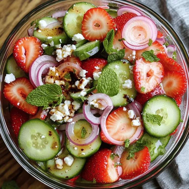 - 2 cups fresh strawberries, hulled and sliced - 1 large cucumber, thinly sliced into half-moons - 1/4 red onion, finely sliced - 1/4 cup creamy feta cheese, crumbled - 1/4 cup fresh mint leaves, finely chopped - 3 tablespoons rich balsamic vinegar - 1 tablespoon natural honey - Salt and freshly cracked black pepper to taste To make the Cucumber Strawberry Salad, you start with fresh, bright ingredients. Strawberries add sweetness, while cucumbers bring a cool crunch. The red onion gives a sharp bite that balances the flavors. Next, creamy feta cheese adds richness. It melts into the salad, giving it a wonderful texture. Fresh mint leaves bring a fragrant touch. They add a burst of flavor that lifts the dish. For the dressing, balsamic vinegar gives a tangy kick. Honey adds just the right amount of sweetness. Together, these two create a perfect balance. You can add salt and pepper to enhance the flavors. You can find the complete recipe details in the Full Recipe section. - Slice strawberries and cucumber into thin pieces. - Finely slice the red onion as thin as you can. - In a large bowl, mix the sliced strawberries, cucumber, and red onion. - Next, add the crumbled feta cheese and chopped mint leaves. - In a small bowl, whisk balsamic vinegar and honey together until blended. - Drizzle this dressing over the salad mixture and toss gently to coat everything. - Season the salad with salt and freshly cracked black pepper. - Let the salad rest for about 10 minutes to enhance the flavors. This simple process leads to a crisp and bright Cucumber Strawberry Salad. You’ll enjoy the freshness from the strawberries and cucumber paired with the tangy feta. For the full recipe, check out the [Full Recipe](#). - Use a clear bowl for display. This shows off the bright colors of the salad. - Garnish with extra mint leaves. This adds a fresh touch to each serving. - Try a honey mustard dressing for a new twist. It adds a sweet and tangy flavor. - Add toasted nuts for crunch. Almonds or walnuts work great in this salad. - This salad pairs well with grilled meats. Serve it alongside chicken or steak for a full meal. - It’s perfect for picnics or summer gatherings. The bright flavors and colors make it a crowd favorite. For the full recipe, check out the Crisp Cucumber Strawberry Delight. {{image_4}} You can switch up the fruits in this salad easily. Try using blueberries or raspberries. Their sweet and tart flavors mix well with cucumber and strawberries. If you're in the mood for something tropical, add diced mango. It brings a sunny vibe to your dish, making each bite refreshing. Want to make your salad heartier? Incorporate avocado or nuts like walnuts or pecans. Avocado adds creaminess, while nuts add crunch. Both options enhance the texture and flavor. You could also swap out the feta cheese for goat cheese or mozzarella. These cheeses provide different tastes that can elevate your salad experience. The dressing can change the flavor profile of your salad. Craft a citrus vinaigrette using fresh lemon or lime juice. This will give a bright, zesty taste. You can also experiment with flavored balsamic vinegars, like raspberry or fig. These unique flavors can take your salad to a whole new level. For the full recipe, check out the Crisp Cucumber Strawberry Delight. To keep your Cucumber Strawberry Salad fresh, store it in the fridge. Use an air-tight container to prevent the salad from wilting. The salad stays fresh for about two days. After that, the flavors may fade, and the veggies may get soggy. You can freeze individual components of the salad, but not the whole dish. Freeze strawberries and cucumber slices separately. When you want to enjoy them, thaw in the fridge overnight. Avoid refreezing once they thaw. Serve them fresh in a new salad or smoothie. The best temperature for your salad is between 35°F and 40°F. This range keeps the cucumber crisp and the strawberries sweet. Always use air-tight containers to lock in freshness. This way, you can enjoy your salad as if it were just made! Yes, you can prepare it ahead of time. To keep the salad fresh, mix the dry ingredients first. This means the strawberries, cucumbers, red onion, and mint. Store them in the fridge without the dressing. Add the dressing just before serving. This keeps everything crisp and tasty. If you want a quick meal, you can make the salad a few hours early. If you don’t have feta, try goat cheese or ricotta. Both give a nice creaminess. You can also use mozzarella or even a vegan cheese if needed. These options blend well with the fresh flavors of the salad. Choose a cheese that you enjoy for the best taste. Yes, this salad is gluten-free. All the ingredients used are safe for those with gluten issues. You can enjoy it without worry. Just make sure that any cheese or dressing you use is also gluten-free. This way, you can serve it at any gathering with confidence. This article covered how to make a fresh cucumber strawberry salad. We explored ingredients like strawberries, cucumber, and feta cheese. The step-by-step instructions guide you through preparing and combining the salad. We shared tips for presentation, flavor enhancements, and serving ideas. Remember, you can customize this salad with different fruits or dressings. Enjoy your creation at picnics or summer gatherings! You can easily store leftovers for later. This salad is not just healthy; it can bring joy to any meal.