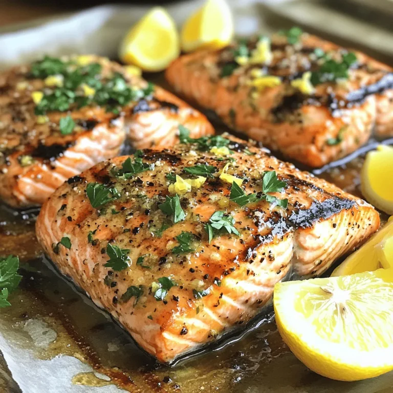 To make Lemon Herb Grilled Salmon, gather these essential ingredients: - 4 salmon fillets (approximately 6 ounces each) - 2 tablespoons extra virgin olive oil - Juice and zest of 2 fresh lemons - 2 cloves garlic, finely minced - 1 teaspoon dried oregano - 1 teaspoon dried thyme - 1 teaspoon smoked paprika - Salt and freshly cracked black pepper to taste - Fresh parsley, finely chopped (for garnish) - Lemon wedges (for serving) Each ingredient serves a purpose. The salmon provides protein and rich flavor. Olive oil adds moisture and helps the herbs stick. Fresh lemons bring brightness and zest. Garlic adds depth. The dried herbs enhance the overall taste. Smoked paprika gives a subtle smokiness, while salt and pepper season the dish. Garnishing with parsley adds a pop of color and freshness. Lemon wedges on the side let you add more zing as you wish. This mix of ingredients creates a balanced dish that is both tasty and healthy. For the full recipe, check the details above. To start, gather your ingredients. In a medium bowl, mix: - 2 tablespoons extra virgin olive oil - Juice and zest of 2 fresh lemons - 2 cloves garlic, finely minced - 1 teaspoon dried oregano - 1 teaspoon dried thyme - 1 teaspoon smoked paprika - Salt and freshly cracked black pepper to taste Whisk these ingredients well until they blend into a smooth mix. This creates a fragrant marinade that will boost the flavor of your salmon. Make sure each ingredient mixes evenly for the best taste. Now, it’s time to marinate the salmon. Place your 4 salmon fillets in a shallow dish or a resealable bag. Pour the marinade over the salmon, allowing each fillet to get coated. Cover the dish or seal the bag tight. Refrigerate for at least 30 minutes. If you want richer flavor, let it sit for up to 2 hours. Remember, the longer it marinates, the more flavor it will soak up. While the salmon marinates, preheat your grill to medium-high heat, about 375°F to 450°F. This step is key for even cooking. Lightly brush the grill grates with olive oil to prevent sticking. After marinating, take the salmon out. Allow excess marinade to drip off. Place the salmon skin-side down on the grill. Cook for 4-6 minutes on one side. Then, flip the fillets with a spatula. Grill for another 4-6 minutes until the salmon is cooked through. It should flake easily with a fork and look beautiful with grill marks. Once done, transfer the salmon to a plate and let it rest for 3-5 minutes. This resting time helps lock in the juices, making your meal even tastier. Before serving, sprinkle fresh parsley on top for color and serve with lemon wedges for an extra zesty touch. For the detailed ingredient list and cooking methods, refer to the Full Recipe. To avoid sticking to the grill, I recommend oiling the grill grates. Use a paper towel dipped in olive oil to wipe the grates before heating. You can also use a grilling spray for extra assurance. This step prevents your salmon from tearing and keeps it intact. For desirable grill marks, place the salmon skin-side down at a 45-degree angle on the grill. Let it cook without moving for 4-6 minutes. Then, use a spatula to carefully turn the fillets. This method gives you those beautiful, classic grill marks. Customizing flavor profiles is easy with this recipe. You can switch up the herbs if you want a different taste. For a minty flair, try adding fresh mint. If you love heat, mix in some red pepper flakes. Pairing herbs and spices can elevate your dish. Lemon and dill work great together, or you could try basil for a fresh twist. Experiment with what you enjoy most! I love serving Lemon Herb Grilled Salmon with roasted veggies or a fresh salad. These sides add color and crunch to your meal. You can also pair it with fluffy quinoa or rice for a filling option. For plating, place the salmon on a clean plate. Add a sprinkle of chopped parsley for color. Serve with lemon wedges on the side. This not only looks great, but it also adds a zesty kick to each bite. Enjoy your meal! {{image_4}} You can switch up the marinade for your salmon. Try using different citrus fruits, like oranges or limes. Each fruit gives a unique twist to the flavor. You can also mix fresh herbs. Basil, dill, or cilantro can add a fresh touch. Just chop them finely and blend them into your marinade. This simple change can make your dish feel new! When cooking salmon, you have options. You can grill the salmon outside for a smoky taste. Or, you can bake it in the oven. Baking gives a nice, even heat but lacks that grill flavor. An air fryer is another choice. It cooks quickly and gives a crispy finish. Choose the method that fits your time and taste. Pair your Lemon Herb Grilled Salmon with tasty sides. Roasted vegetables or a fresh salad work well. They add color and crunch. You might also serve it with rice or quinoa for a filling meal. Consider textures, too. Soft salmon pairs nicely with crunchy sides. This makes each bite more exciting. Store leftover salmon in an airtight container. This keeps it fresh. Place the container in the fridge. Salmon stays good for up to three days. If you want to keep it longer, consider freezing it. To reheat salmon, use the oven for best texture. Set it to 350°F. Place the salmon on a baking sheet. Heat for about 10 minutes. This helps keep it moist. Avoid using the microwave; it can dry out the fish. If you want to freeze leftover salmon, use freezer-safe bags. Remove as much air as possible. This helps prevent freezer burn. When ready to eat, thaw salmon in the fridge overnight. Reheat using the oven to keep the flavor. This way, you can enjoy your Lemon Herb Grilled Salmon later! Grill the salmon for 4-6 minutes on one side. Then, flip it gently and grill for another 4-6 minutes. The total time is about 8-12 minutes. This gives it a nice char and ensures it's cooked through. Yes, you can use frozen salmon. Thaw it first in the fridge overnight. This helps the marinade soak in better. If you're in a hurry, place the sealed salmon under cold water for quick thawing. If you lack smoked paprika, use regular paprika. You can add a pinch of cayenne for heat. A little extra garlic powder can also add depth to the flavor. Check the color and texture. The salmon should be opaque and flake easily with a fork. If it’s still translucent in the center, grill it a bit longer. Absolutely! You can marinate the salmon for up to 2 hours ahead of time. This will boost the flavor. After grilling, you can store leftovers in the fridge for a quick meal later. For the Full Recipe, check the detailed instructions earlier in this article. To prepare this zesty dish, start with the essential ingredients. You will need: - 4 salmon fillets (approximately 6 ounces each) - 2 tablespoons extra virgin olive oil - Juice and zest of 2 fresh lemons - 2 cloves garlic, finely minced - 1 teaspoon dried oregano - 1 teaspoon dried thyme - 1 teaspoon smoked paprika - Salt and freshly cracked black pepper to taste - Fresh parsley, finely chopped (for garnish) - Lemon wedges (for serving) You can easily find these ingredients at any grocery store. Each one plays a vital role in making the salmon flavorful and fresh. Next, we prepare the marinade. Combine the olive oil, lemon juice, lemon zest, minced garlic, dried oregano, dried thyme, smoked paprika, salt, and pepper in a bowl. Whisk until well mixed. This marinade is not just for taste; it also helps keep the salmon moist while grilling. Now, let's marinate the salmon. Place the salmon fillets in a shallow dish or a resealable bag. Pour the marinade over the fillets, ensuring they are well coated. Cover the dish or seal the bag. Refrigerate for at least 30 minutes. If you have more time, let it marinate for up to 2 hours. This gives the flavors time to soak in. While the salmon marinates, preheat your grill. Aim for medium-high heat, about 375°F to 450°F. Brush the grill grates lightly with olive oil. This step helps prevent sticking and gives you those beautiful grill marks. When the salmon is ready, remove it from the fridge. Let excess marinade drip off. Carefully place the salmon skin-side down on the grill. Cook the fillets for 4-6 minutes per side. You want them to flake easily with a fork and show nice grill marks. Once grilled, transfer the salmon to a plate. Let it rest for about 3-5 minutes. Resting helps keep the fish juicy and flavorful. Finally, sprinkle freshly chopped parsley over the salmon for a pop of color. Serve with lemon wedges for an extra zesty kick. Enjoy your Lemon Herb Grilled Salmon, bursting with flavor from the marinade! For a complete guide, refer to the Full Recipe. In this blog post, we covered key ingredients needed for Lemon Herb Grilled Salmon. You learned how to prepare the marinade, marinate, and grill the salmon to perfection. We shared tips for avoiding sticking, customizing flavors, and suggested ideal side dishes. Remember, you can also try different marinades and cooking methods to mix things up. When storing leftovers, follow best practices for freshness. Enjoy making this tasty dish and impress your friends and family with your grilling skills!