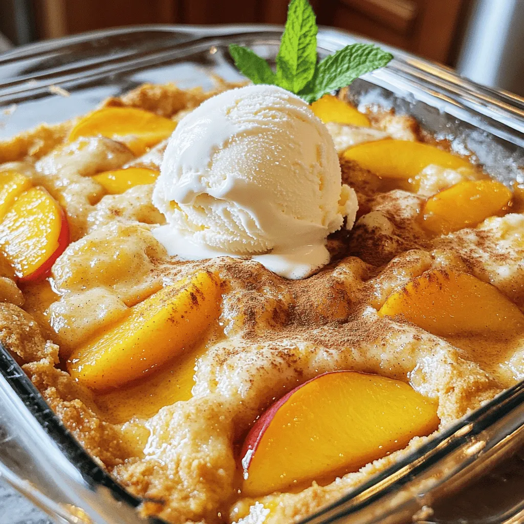 To make this delightful peach cobbler, you need just a few key ingredients: - 5 ripe peaches, peeled and sliced thinly - 1 cup granulated sugar, divided - 1 tablespoon freshly squeezed lemon juice - 1 teaspoon ground cinnamon - 1 tablespoon cornstarch - 1 cup all-purpose flour - 1 tablespoon baking powder - 1/2 teaspoon salt - 1 cup whole milk - 1/4 cup unsalted butter, melted and slightly cooled - 1 teaspoon pure vanilla extract These ingredients work together to create a sweet, juicy filling and a soft, buttery topping. Getting this peach cobbler ready is quick and easy. Here’s a breakdown of the time you’ll need: - Prep Time: 15 minutes - Total Cook Time: 50 minutes - Overall Time: 1 hour 5 minutes This makes it perfect for a weeknight treat or a weekend dessert. This recipe yields about 8 servings. It’s great for sharing with family or friends. Serve it warm with a scoop of vanilla ice cream. You can find the full recipe in the earlier sections for all the steps you need to follow. Enjoy your cooking! For the best peach cobbler, use ripe peaches. Choose peaches that feel soft but not mushy. A sweet aroma is a good sign of ripeness. Peel and slice five peaches thinly. This lets their juices mix into the batter. Fresh peaches give the cobbler a great flavor and texture. You will need one cup of granulated sugar for this recipe. Split it into two parts: half for the peach mixture and half for the batter. You can also use brown sugar for a deeper flavor. If you want a healthier option, try honey or maple syrup. Adjust the amount based on your taste. Just remember, sweetness balances the tartness of the peaches. Key baking ingredients include: - 1 cup all-purpose flour - 1 tablespoon baking powder - 1/2 teaspoon salt - 1 cup whole milk - 1/4 cup unsalted butter, melted - 1 teaspoon pure vanilla extract These components create a light and fluffy batter. The baking powder helps it rise, giving your cobbler a nice texture. The milk and butter add richness and moisture. Vanilla brings a warm flavor that complements the peaches. For a full list of ingredients, check out the Full Recipe. Start by washing your peaches well. Use five ripe peaches. Peel them and slice them thinly. In a mixing bowl, combine the sliced peaches with half a cup of granulated sugar. Add one tablespoon of freshly squeezed lemon juice, one teaspoon of ground cinnamon, and one tablespoon of cornstarch. Gently toss the peaches until they are well-coated. Let the mixture sit for about 15 minutes. This step helps the peaches soften and lets their sweet juices blend with the sugar and spices. In a separate bowl, sift together one cup of all-purpose flour, the remaining half cup of sugar, one tablespoon of baking powder, and half a teaspoon of salt. This sifting helps the dry ingredients mix well. Slowly pour in one cup of whole milk, a quarter cup of melted unsalted butter, and one teaspoon of pure vanilla extract. Use a whisk to mix until the batter is smooth. Be careful not to over-mix. A light texture is key for a great cobbler. Grease a 9x13 inch baking dish. Pour the batter into the dish, spreading it evenly across the bottom. Spoon the marinated peach mixture over the top of the batter. Do not stir! The batter will rise and cover the peaches as it bakes. Place the dish in your preheated oven at 350°F (175°C) and bake for 45-50 minutes. Keep an eye on it. The top should turn a lovely golden brown. Test for doneness by inserting a toothpick into the batter. If it comes out clean, your cobbler is ready! Once baked, let it cool for at least 15 minutes before serving. This cooling time helps the flavors settle. Enjoy your Peach Paradise Cobbler! For the complete recipe, check out the Full Recipe. {{image_4}} To get the best texture in your peach cobbler, focus on your batter. Use cold milk and melted butter. This helps keep the batter light and fluffy. Mix just until combined. Over-mixing can make it tough. The batter should be smooth but still a bit lumpy. Here are some mistakes to steer clear of: - Using overripe peaches: They can turn mushy and affect the texture. - Not letting the peach mixture sit: This step is key for flavor and softening. - Stirring the batter and peaches together: This can ruin the layers. Let them stay separate. Serve your Peach Paradise Cobbler warm. Here are some fun ideas: - Add vanilla ice cream on top: The cold ice cream melts into the warm cobbler. - Garnish with fresh mint: This adds color and a nice taste. - Drizzle with caramel sauce: This makes it extra sweet and rich. Check out the [Full Recipe] for more tips to make this dish shine! You can still enjoy peach cobbler without gluten. Use a gluten-free flour blend instead of all-purpose flour. Brands like Bob's Red Mill work well. Keep the rest of the recipe the same. The texture may change a bit, but the taste will shine through. You will still get that sweet and juicy peach goodness. If you're looking for a vegan version, swap the butter and milk for plant-based options. Use coconut oil or vegan butter in place of unsalted butter. Almond milk or oat milk can replace whole milk. This way, you can enjoy your cobbler without animal products. The flavor remains delightful, and your guests won’t even notice the difference. Add a twist to your cobbler with special flavors. Try mixing in a pinch of nutmeg with the cinnamon for warmth. You can also add a splash of almond extract for a nutty sweetness. For a tropical touch, mix in some shredded coconut or diced pineapple. These additions will take your peach cobbler to a whole new level. For the full recipe, check out the Peach Paradise Cobbler. To keep your peach cobbler fresh, allow it to cool completely first. Then, cover it tightly with plastic wrap or foil. You can also place it in an airtight container. This will help prevent it from drying out. Store it in the fridge for up to four days. Enjoy it chilled or at room temperature! If you want to save some for later, freezing is a great option! Cut the cobbler into portions. Wrap each slice in plastic wrap, then place them in a freezer-safe bag. Make sure to remove as much air as possible. You can freeze them for up to three months. Label the bags with the date for easy tracking. To reheat your cobbler, take a slice out of the fridge or freezer. If frozen, let it thaw in the fridge overnight. Preheat your oven to 350°F (175°C). Place the cobbler slice in an oven-safe dish. Cover it with foil to keep it moist. Heat for about 15-20 minutes, or until warm. You can also use the microwave for a quick reheat. Just microwave in short bursts to avoid overheating. Enjoy your warm peach cobbler! The secret is in the peaches. Use ripe, juicy peaches for the best flavor. Mix them with sugar, lemon juice, and cinnamon. This step enhances their natural sweetness. Also, the batter must be smooth but not over-mixed. Allow the batter to rise and envelop the peaches while baking. This creates a perfect texture. Yes, you can use canned peaches if fresh ones are not available. Drain the syrup from the canned peaches. Rinse them under cold water to reduce sweetness. Use the same amount as fresh peaches. Remember to adjust the sugar in the recipe to balance the sweetness. Canned peaches can save time but may have a different texture. Check the color of the top crust. It should be golden brown. Insert a toothpick into the batter. If it comes out clean, the cobbler is ready. The edges should be firm while the center may still be soft. Allow it to cool for at least 15 minutes before serving. This helps it set and improves flavor. This blog post covered a tasty peach cobbler recipe, exploring key ingredients, prep time, and servings. You learned how to prep peaches, make the batter, and bake the cobbler. I shared tips to improve texture and avoid mistakes. You can even explore gluten-free and vegan options! Enjoy your peach cobbler fresh or stored properly. Whether you're baking for fun or impressing guests, this recipe will help you shine in the kitchen. Now, gather your ingredients and get baking!