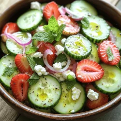 - Cucumber - Strawberries - Red Onion - Feta Cheese - Fresh Mint Leaves - Extra Virgin Olive Oil - Balsamic Vinegar - Salt and Black Pepper Choosing the right ingredients makes a big difference. For cucumbers, look for smooth skin and no soft spots. The color should be bright green. Fresh strawberries should be plump and fragrant, with no signs of mold. Always check for freshness in your herbs. Fresh mint adds a bright flavor that dried herbs just can’t match. When scaling the recipe, keep the ratios in mind. For every large cucumber, use about one cup of strawberries. This balance keeps the salad fresh and tasty. You can adjust the feta to your liking, but a quarter cup works well. Remember, measuring helps maintain the flavors you love in this dish. To start, you need to slice the cucumbers and strawberries. For the cucumbers, use a sharp knife and slice them thinly. Aim for 1/8-inch thickness. Thin slices help the cucumber stay crisp and absorb the dressing well. For the strawberries, remove the green tops first. Then, slice them evenly. Aim for similar thickness as the cucumbers. This helps the salad look nice and makes mixing easier. Uniform sizes make sure every bite has the same great taste. In a big bowl, mix the sliced cucumbers, strawberries, and red onion. Use a gentle motion to avoid squishing the strawberries. After that, fold in the crumbled feta cheese and chopped mint leaves. This step adds creaminess and fresh flavor. Be careful when folding. You want the salad to stay light and airy. If you mix too hard, you might end up with mushy fruit. In a small bowl, whisk together the olive oil and balsamic vinegar. Make sure to blend them well until they form a smooth dressing. The key here is to find the right balance. A little salt and cracked black pepper will enhance the flavors. Taste it and adjust if needed. Drizzle this dressing over the salad mixture. Toss gently to coat all the ingredients. Allow the salad to rest for about ten minutes before serving. This lets the flavors blend beautifully. You can find the full recipe for more details on the process. To boost the taste of your cucumber strawberry salad, consider adding fresh herbs. Basil or cilantro can add a unique twist. You could also sprinkle in a pinch of chili flakes for some heat. If you want more flavor, taste the salad as you mix. Adjust the salt and pepper to suit your liking. Make your salad pop on the table! Use a clear glass bowl to show off the colors. You can also layer the cucumber and strawberries for a beautiful effect. For garnish, add an extra sprig of mint and a few whole strawberries on top. This makes the dish look fresh and inviting. This salad shines as a side dish. It pairs well with grilled chicken or fish. You can also enjoy it during a summer picnic or barbecue. For a light lunch, serve it with crusty bread. Enjoy this salad on warm days or whenever you crave something fresh. For the full recipe, check out the complete instructions. {{image_4}} You can change up your cucumber strawberry salad easily. Try adding other fruits like blueberries, kiwi, or even mango. These fruits bring new flavors and colors. For cheese, consider using goat cheese or even mozzarella. Both add a nice twist to the dish. If you want a vegetarian version, just skip the feta cheese. You can replace it with avocado for creaminess. For a vegan option, use a plant-based cheese or leave it out entirely. You can still enjoy all the flavors! If you are watching calories, use less olive oil or swap it with lemon juice. This keeps the taste light and fresh. You can adapt this recipe with the seasons. In spring, add peas or radishes for crunch. In fall, try using apples or pears for sweetness. Always look for local produce to make your salad fresh and vibrant. It’s fun to mix things up based on what’s available! To keep leftover Cucumber Strawberry Salad fresh, store it in an airtight container. Place it in the fridge right after serving. It stays fresh for about 2 days. After that, the flavors may dull, and the ingredients can become soggy. I do not recommend freezing the whole salad, as it can lose texture. You can, however, freeze the cucumber and strawberries separately. Cut them into slices and pack them in freezer bags. When you want to use them, thaw in the fridge for a few hours. Mix with fresh ingredients after thawing for the best taste. If you have extra strawberries or cucumbers, think about using them in smoothies or yogurt bowls. You can also add them to oatmeal for a fresh twist. Keep the flavors bright by adding fresh herbs or a squeeze of lemon. This helps maintain that tasty freshness even when using leftovers. A Cucumber Strawberry Salad will last about 2 to 3 days in the fridge. To check the quality, look for signs like wilted greens or soggy strawberries. If the salad looks fresh and smells good, it is still safe to eat. However, the texture may change after a day or two, so enjoy it soon after making. Yes, you can make this salad ahead of time. I recommend preparing it no more than 24 hours in advance. To keep the salad fresh, mix the cucumbers, strawberries, and onions. Add the dressing just before serving. This way, your salad stays crisp and bright. You can try several dressings to add your twist. Here are some ideas: - Honey mustard dressing for a sweet touch. - Lemon vinaigrette for a zesty flavor. - Yogurt-based dressing for creaminess. These options can enhance your salad and bring new flavors to your table. In this post, we explored the vibrant Cucumber Strawberry Salad. We covered essential ingredients and their quality, along with precise measurements for scaling the recipe. I shared step-by-step instructions for preparation, combining, and dressing, plus tips for enhancing flavors and presentation. Variations allow you to adapt for different diets and seasons, while storage info ensures freshness. Remember, using fresh ingredients elevates your dish. Stick to these guidelines, and you’ll enjoy a delicious salad every time. Your creativity in the kitchen will shine through!