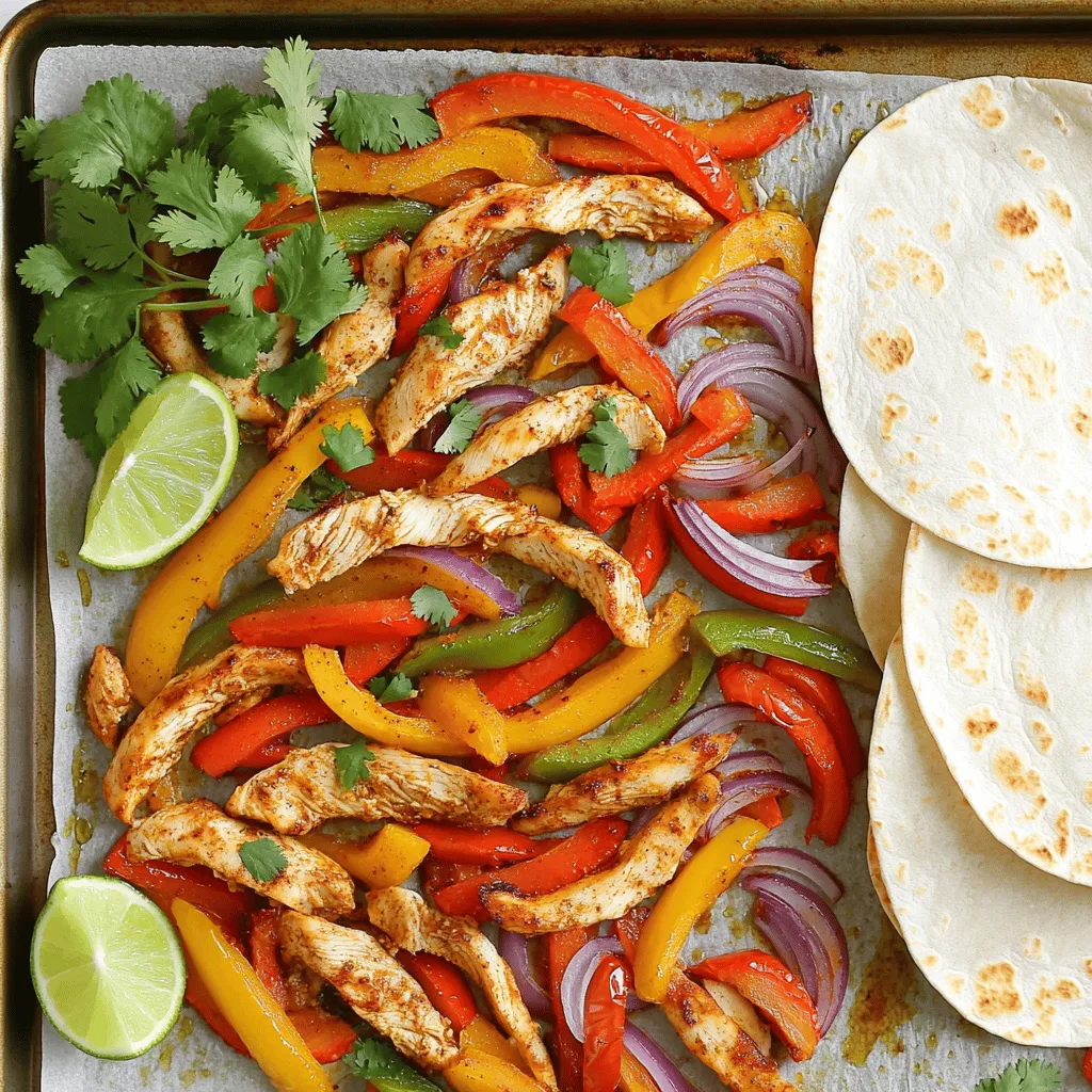 For the best Easy Sheet Pan Fajitas, you need a few key items. Here’s what to gather: - 1 pound boneless, skinless chicken breast, sliced into thin strips - 1 red bell pepper, sliced into strips - 1 yellow bell pepper, sliced into strips - 1 medium red onion, sliced into thin wedges - 3 tablespoons extra-virgin olive oil - 2 teaspoons chili powder - 1 teaspoon ground cumin - 1 teaspoon garlic powder - 1 teaspoon onion powder - Salt and freshly ground black pepper to taste These ingredients come together to create a tasty and colorful dish. The chicken gives protein, while the bell peppers and onion add crunch and sweetness. The spices bring warmth and depth to every bite. To make your fajitas even more special, consider these garnishes: - Fresh cilantro leaves, for garnish - Warm flour tortillas, for serving - Lime wedges, for squeezing over the fajitas The cilantro adds freshness. The warm tortillas hold all the flavors together. Lime juice brightens the dish and enhances the taste. Don't skip these, as they elevate your meal! Check out the Full Recipe for all the steps to bring this delicious dish to life. Preheat your oven to 425°F (220°C). This hot temperature helps the chicken and veggies cook well. In a large bowl, mix the sliced chicken, red and yellow bell peppers, and red onion. Drizzle 3 tablespoons of olive oil over the mix. Add 2 teaspoons of chili powder, 1 teaspoon of ground cumin, 1 teaspoon of garlic powder, and 1 teaspoon of onion powder. Season with salt and pepper to taste. Toss everything until it is well coated in the oil and spices. Line a large baking sheet with parchment paper. Spread the chicken and veggie mix evenly on the sheet. This helps them roast nicely. Place the baking sheet in your preheated oven. Bake for 20-25 minutes. Stir the mixture halfway through cooking. This step ensures even browning and helps cook the chicken through. Once baked, take the sheet pan out of the oven. Let the fajitas rest for a few minutes. This resting time helps keep the chicken juicy. To serve, spoon the fajita mix into warm flour tortillas. Garnish with fresh cilantro leaves. Squeeze some lime juice over the top for a zesty kick. For the full recipe, check above. Enjoy these easy sheet pan fajitas! To achieve the best flavor in your sheet pan fajitas, use fresh ingredients. Fresh bell peppers and onions bring bright tastes. I recommend marinating the chicken in spices for at least 15 minutes. This adds depth to your dish. Ensure even cooking by cutting your chicken and veggies into uniform sizes. This helps them cook at the same rate. Spread them out on the baking sheet in a single layer. Crowding the pan can lead to steaming, not roasting. Stir the mixture halfway through cooking. This promotes even browning and keeps everything juicy. Storing leftovers is simple. Place them in airtight containers. They will stay fresh in the fridge for about three days. For longer storage, you can freeze them. Just make sure to label and date your containers. When reheating, use the oven for the best taste. Preheat your oven to 350°F (175°C). Spread the fajitas on a baking sheet. Bake for about 10-15 minutes until warm. You can also use the microwave if you're short on time. Just heat in short bursts to avoid drying out the meat. Enjoy your flavorful meal anytime! {{image_4}} You can easily switch the protein in your fajitas. Try beef or shrimp for a new taste. Thinly sliced flank steak works great for a hearty meal. If you want a lighter option, shrimp cooks fast and adds a nice flavor. For a vegetarian choice, use firm tofu or your favorite beans. Both options soak up spices well and keep the dish tasty. To adjust the spice level, you have a few simple choices. If you like heat, add more chili powder or some diced jalapeños. Another option is to sprinkle in cayenne pepper. For a milder taste, cut back on the chili powder. You can also add more bell peppers or a dollop of sour cream when serving. This helps balance the heat while keeping the flavors rich. Fajitas are not just for tortillas! You can use the filling in burritos or salads. For burritos, add rice and beans for extra texture. Wrap everything in a large tortilla, and you have a filling meal. If you prefer salads, top mixed greens with the fajita mix. Add avocado and a squeeze of lime for a fresh bite. You can even use the fajitas as a topping for nachos. The possibilities are endless! Want to see the full recipe? Check out the [Full Recipe]. Store leftover fajitas in airtight containers. This keeps them fresh and tasty. Place them in the fridge. They will stay good for about three to four days. If you want to keep them longer, freeze them. To freeze, pack the fajitas in freezer-safe bags. Remove as much air as possible before sealing. This helps avoid freezer burn. In the fridge, your sheet pan fajitas last about three to four days. If they smell off or look discolored, it's best to throw them out. Always check for signs of spoilage before eating. If you see any mold or an unusual texture, do not eat them. Keeping track of how long they have been stored helps ensure your safety and enjoyment of this flavorful dish. Can I prep fajitas in advance? Yes, you can prep fajitas in advance. Chop the chicken and veggies a day ahead. Store them in the fridge in a sealed container. When you're ready to cook, just mix them with the spices and oil. This saves time on busy nights. What other vegetables can I use? You can use many vegetables in your fajitas. Try zucchini, mushrooms, or cherry tomatoes. These add great flavor and color. Just make sure to cut them into similar sizes for even cooking. Feel free to mix and match according to your taste. How can I make this recipe gluten-free? To make this recipe gluten-free, use corn tortillas instead of flour tortillas. Check the spice labels to ensure no gluten-containing ingredients are present. This way, you can enjoy tasty fajitas while keeping them safe for a gluten-free diet. You now have a complete guide to making easy sheet pan fajitas. With simple ingredients like chicken, peppers, and onions, you can create a delicious meal. Make sure to follow the step-by-step instructions for perfect results. Remember the tips for flavor and storage to enjoy your leftovers. You can even try different proteins or adjust the spice level to your taste. With this knowledge, you can impress friends and family with your cooking. Enjoy your fajitas and have fun in the kitchen!