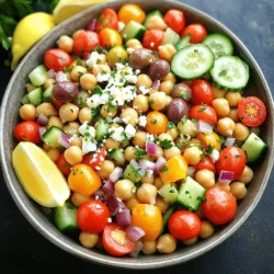 Gathering fresh and vibrant ingredients is key to making this Mediterranean Chickpea Salad. Here’s what you need for a delicious experience: - 1 can (15 oz) chickpeas, drained and rinsed - 1 cup cherry tomatoes, halved - 1 large cucumber, diced - 1/2 red onion, finely chopped - 1/2 bell pepper (red or yellow), diced - 1/3 cup Kalamata olives, sliced - 1/4 cup crumbled feta cheese (optional) - 2 tablespoons fresh parsley, chopped - 2 tablespoons olive oil - 1 tablespoon red wine vinegar (or lemon juice) - 1 teaspoon dried oregano - Salt and pepper to taste Each ingredient adds its own special touch. Chickpeas provide protein and fiber, while tomatoes offer sweetness. The cucumber adds crunch, and the onion gives a nice bite. Bell peppers add color and flavor, and olives bring briny goodness. Feta, if you choose to add it, gives a creamy texture. Fresh parsley brightens the dish, and the olive oil and vinegar create a tangy dressing. This well-rounded mix makes every bite exciting. For the full recipe, explore the complete instructions. To make your Mediterranean chickpea salad, follow these simple steps. - Combine the chickpeas, tomatoes, cucumber, onion, bell pepper, and olives. Start by taking a large bowl. Add the drained chickpeas. Next, toss in the halved cherry tomatoes and diced cucumber. Add the finely chopped red onion and bell pepper. Finally, mix in the sliced olives. This mix brings bright colors and flavors. - Add feta cheese (if using) and gently toss. If you want creaminess, sprinkle crumbled feta cheese over the salad. Use a light touch as you mix. This helps keep the cheese intact and adds a nice touch. - Prepare the dressing in a separate bowl. In a small bowl, whisk together the olive oil, red wine vinegar, and dried oregano. Add a pinch of salt and pepper. Whisk until blended. This dressing ties everything together with rich flavor. - Pour dressing over the salad and mix well. Drizzle the dressing over your salad mix. Gently toss everything together. Ensure all the ingredients are nicely coated with the dressing. - Adjust seasoning based on taste. Before serving, taste your salad. You may like to add more salt or pepper. If you prefer extra crunch, add more cucumber or bell pepper. - Garnish with parsley before serving. Just before you serve, chop some fresh parsley. Sprinkle it on top for a burst of color and freshness. For the full recipe, check [Full Recipe]. Enjoy your fresh and flavorful Mediterranean chickpea salad! Choosing ripe tomatoes and fresh cucumbers makes a big difference. Look for tomatoes that are bright and firm. Cucumbers should feel crisp. Both add great taste and texture to your salad. Onions can have a strong flavor. To tone it down, soak chopped onion in cold water for ten minutes. This simple trick helps reduce their sharpness. Rinse and then add them to your salad for a milder taste. Balancing flavors is key. If your salad feels too tart, add a bit more olive oil. If it tastes flat, a pinch of salt can bring everything alive. Small adjustments can make your salad shine. For fresh herbs and vegetables, visit local farmers' markets. They often have the best produce. You can also check organic grocery stores for quality ingredients. Fresh herbs like parsley can elevate your dish. Sometimes, you may not find certain items. If you can’t get Kalamata olives, green olives work well too. For the feta cheese, try using a vegan version if you prefer. Feel free to make swaps that fit your taste and needs. For the full recipe, check out the provided link above. {{image_4}} You can change this salad based on the season. In summer, use fresh fruits like peaches or watermelon. These add sweetness and a juicy bite. In winter, consider roasted vegetables like sweet potatoes or Brussels sprouts. They bring warmth and heartiness to the dish. You can also swap some veggies. For example, in fall, try adding roasted squash. It gives a nice sweetness and depth. In spring, fresh peas can add a pop of color and crunch. If you want a vegan option, no problem! You can skip the feta cheese or use a plant-based version. Many brands offer vegan feta that tastes great. This keeps your salad creamy without dairy. For gluten-free eaters, this salad is naturally safe. All the ingredients are gluten-free. Just make sure your olives and any extras are also gluten-free. This way, everyone can enjoy a delicious meal without worry. To keep your Mediterranean Chickpea Salad fresh, store it in an airtight container. This prevents moisture and keeps flavors bright. Place the salad in the fridge right after serving. It stays good for about 3 days. After that, the veggies might get soggy and lose their crunch. You don’t need to heat this salad. It’s best served cold or at room temperature. If you want to serve it later, mix in a splash of olive oil or a squeeze of lemon juice before serving. This helps refresh the flavors and adds some moisture back to the salad. What can I add to enhance flavor? You can add fresh herbs like basil or mint. Try adding avocado for creaminess. A splash of lemon juice brightens the salad. Consider adding grilled chicken or shrimp for protein. Can I meal prep this salad for the week? Yes, this salad is great for meal prep. Make it ahead and store it in the fridge. It stays fresh for up to five days. Keep the dressing separate until you’re ready to eat. What are the best pairings for Mediterranean Chickpea Salad? This salad pairs well with grilled meats like chicken or lamb. It also goes great with pita bread or a side of hummus. Serve it as part of a larger Mediterranean spread with olives and feta. How healthy is Mediterranean Chickpea Salad? Mediterranean Chickpea Salad is very healthy. Chickpeas provide protein and fiber. Fresh veggies add vitamins and minerals. This salad is low in calories and high in nutrients. Caloric breakdown per serving One serving has about 180 calories. Most calories come from chickpeas and olive oil. Feta cheese adds some calories but also flavor. Key vitamins and minerals found in the ingredients Chickpeas offer iron and magnesium. Tomatoes give vitamin C and potassium. Cucumbers add hydration and vitamins A and K. Olives bring healthy fats and antioxidants. In this article, we explored the delightful Mediterranean Chickpea Salad. We discussed its fresh ingredients, step-by-step preparation, and helpful tips for perfecting your dish. I shared various ways to adapt the salad for different seasons and diets. Remember to store your leftovers properly to keep them fresh. This salad is not just tasty; it’s packed with nutrients, too. Enjoy making this healthy recipe that fits any meal! With these tips, you can create a satisfying salad every time.