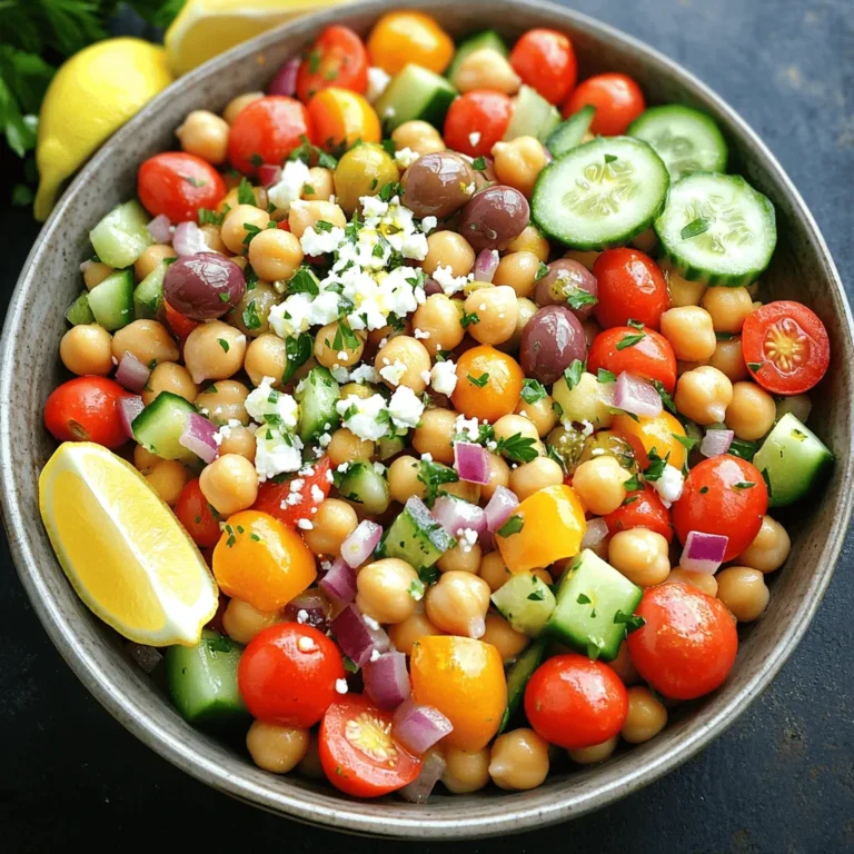 Gathering fresh and vibrant ingredients is key to making this Mediterranean Chickpea Salad. Here’s what you need for a delicious experience: - 1 can (15 oz) chickpeas, drained and rinsed - 1 cup cherry tomatoes, halved - 1 large cucumber, diced - 1/2 red onion, finely chopped - 1/2 bell pepper (red or yellow), diced - 1/3 cup Kalamata olives, sliced - 1/4 cup crumbled feta cheese (optional) - 2 tablespoons fresh parsley, chopped - 2 tablespoons olive oil - 1 tablespoon red wine vinegar (or lemon juice) - 1 teaspoon dried oregano - Salt and pepper to taste Each ingredient adds its own special touch. Chickpeas provide protein and fiber, while tomatoes offer sweetness. The cucumber adds crunch, and the onion gives a nice bite. Bell peppers add color and flavor, and olives bring briny goodness. Feta, if you choose to add it, gives a creamy texture. Fresh parsley brightens the dish, and the olive oil and vinegar create a tangy dressing. This well-rounded mix makes every bite exciting. For the full recipe, explore the complete instructions. To make your Mediterranean chickpea salad, follow these simple steps. - Combine the chickpeas, tomatoes, cucumber, onion, bell pepper, and olives. Start by taking a large bowl. Add the drained chickpeas. Next, toss in the halved cherry tomatoes and diced cucumber. Add the finely chopped red onion and bell pepper. Finally, mix in the sliced olives. This mix brings bright colors and flavors. - Add feta cheese (if using) and gently toss. If you want creaminess, sprinkle crumbled feta cheese over the salad. Use a light touch as you mix. This helps keep the cheese intact and adds a nice touch. - Prepare the dressing in a separate bowl. In a small bowl, whisk together the olive oil, red wine vinegar, and dried oregano. Add a pinch of salt and pepper. Whisk until blended. This dressing ties everything together with rich flavor. - Pour dressing over the salad and mix well. Drizzle the dressing over your salad mix. Gently toss everything together. Ensure all the ingredients are nicely coated with the dressing. - Adjust seasoning based on taste. Before serving, taste your salad. You may like to add more salt or pepper. If you prefer extra crunch, add more cucumber or bell pepper. - Garnish with parsley before serving. Just before you serve, chop some fresh parsley. Sprinkle it on top for a burst of color and freshness. For the full recipe, check [Full Recipe]. Enjoy your fresh and flavorful Mediterranean chickpea salad! Choosing ripe tomatoes and fresh cucumbers makes a big difference. Look for tomatoes that are bright and firm. Cucumbers should feel crisp. Both add great taste and texture to your salad. Onions can have a strong flavor. To tone it down, soak chopped onion in cold water for ten minutes. This simple trick helps reduce their sharpness. Rinse and then add them to your salad for a milder taste. Balancing flavors is key. If your salad feels too tart, add a bit more olive oil. If it tastes flat, a pinch of salt can bring everything alive. Small adjustments can make your salad shine. For fresh herbs and vegetables, visit local farmers' markets. They often have the best produce. You can also check organic grocery stores for quality ingredients. Fresh herbs like parsley can elevate your dish. Sometimes, you may not find certain items. If you can’t get Kalamata olives, green olives work well too. For the feta cheese, try using a vegan version if you prefer. Feel free to make swaps that fit your taste and needs. For the full recipe, check out the provided link above. {{image_4}} You can change this salad based on the season. In summer, use fresh fruits like peaches or watermelon. These add sweetness and a juicy bite. In winter, consider roasted vegetables like sweet potatoes or Brussels sprouts. They bring warmth and heartiness to the dish. You can also swap some veggies. For example, in fall, try adding roasted squash. It gives a nice sweetness and depth. In spring, fresh peas can add a pop of color and crunch. If you want a vegan option, no problem! You can skip the feta cheese or use a plant-based version. Many brands offer vegan feta that tastes great. This keeps your salad creamy without dairy. For gluten-free eaters, this salad is naturally safe. All the ingredients are gluten-free. Just make sure your olives and any extras are also gluten-free. This way, everyone can enjoy a delicious meal without worry. To keep your Mediterranean Chickpea Salad fresh, store it in an airtight container. This prevents moisture and keeps flavors bright. Place the salad in the fridge right after serving. It stays good for about 3 days. After that, the veggies might get soggy and lose their crunch. You don’t need to heat this salad. It’s best served cold or at room temperature. If you want to serve it later, mix in a splash of olive oil or a squeeze of lemon juice before serving. This helps refresh the flavors and adds some moisture back to the salad. What can I add to enhance flavor? You can add fresh herbs like basil or mint. Try adding avocado for creaminess. A splash of lemon juice brightens the salad. Consider adding grilled chicken or shrimp for protein. Can I meal prep this salad for the week? Yes, this salad is great for meal prep. Make it ahead and store it in the fridge. It stays fresh for up to five days. Keep the dressing separate until you’re ready to eat. What are the best pairings for Mediterranean Chickpea Salad? This salad pairs well with grilled meats like chicken or lamb. It also goes great with pita bread or a side of hummus. Serve it as part of a larger Mediterranean spread with olives and feta. How healthy is Mediterranean Chickpea Salad? Mediterranean Chickpea Salad is very healthy. Chickpeas provide protein and fiber. Fresh veggies add vitamins and minerals. This salad is low in calories and high in nutrients. Caloric breakdown per serving One serving has about 180 calories. Most calories come from chickpeas and olive oil. Feta cheese adds some calories but also flavor. Key vitamins and minerals found in the ingredients Chickpeas offer iron and magnesium. Tomatoes give vitamin C and potassium. Cucumbers add hydration and vitamins A and K. Olives bring healthy fats and antioxidants. In this article, we explored the delightful Mediterranean Chickpea Salad. We discussed its fresh ingredients, step-by-step preparation, and helpful tips for perfecting your dish. I shared various ways to adapt the salad for different seasons and diets. Remember to store your leftovers properly to keep them fresh. This salad is not just tasty; it’s packed with nutrients, too. Enjoy making this healthy recipe that fits any meal! With these tips, you can create a satisfying salad every time.