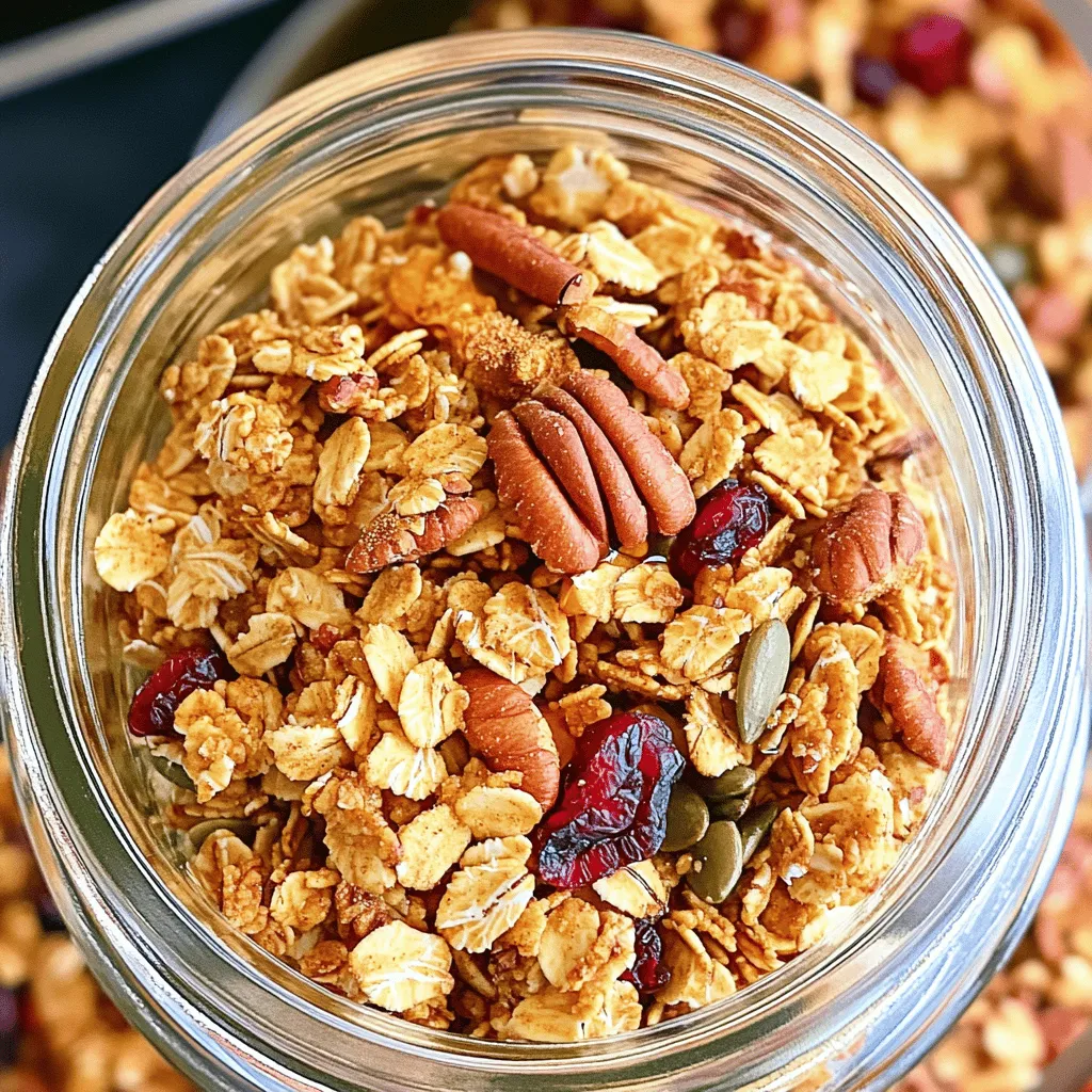 - 3 cups old-fashioned rolled oats - 1 cup pecans, roughly chopped - 1/2 cup sunflower seeds - 1/2 cup pumpkin seeds - 1/2 teaspoon salt - 1 teaspoon ground cinnamon - 1/3 cup coconut oil, melted - 1/2 cup pure maple syrup - 1 teaspoon pure vanilla extract - 1 cup dried cranberries or raisins (optional) When making Maple Pecan Granola, it's important to measure correctly. Each ingredient plays a key role in taste and texture. The oats form the base, while the nuts and seeds add crunch. Use a measuring cup for dry ingredients and a liquid measuring cup for oils and syrups. This ensures your granola has the right balance. - Old-Fashioned Rolled Oats: I recommend Bob's Red Mill for quality and taste. - Pecans: Look for Fisher or Planters for fresh and tasty nuts. - Sunflower Seeds: David's brand offers great flavor and crunch. - Pumpkin Seeds: Try the Shelled Pepitas from Trader Joe's for quality. - Coconut Oil: I like Nutiva for its pure, organic coconut oil. - Pure Maple Syrup: Use Grade A from Maple Grove Farms for rich flavor. - Vanilla Extract: Nielsen-Massey offers high-quality pure vanilla extract. - Dried Cranberries or Raisins: Ocean Spray has sweet, plump cranberries. Using these brands can make your homemade granola even more delicious! For the full recipe, check the earlier section. Start by preheating your oven to 325°F (160°C). This step is key for getting your granola nice and crispy. While the oven heats up, line a large baking sheet with parchment paper. This makes cleanup so much easier later on. In a big bowl, mix the following dry ingredients: - 3 cups old-fashioned rolled oats - 1 cup pecans, roughly chopped - 1/2 cup sunflower seeds - 1/2 cup pumpkin seeds - 1/2 teaspoon salt - 1 teaspoon ground cinnamon Stir these ingredients until they are well combined. This helps each bite to be full of flavor. Now, take a small saucepan and heat the melted coconut oil over low heat. Add these wet ingredients: - 1/2 cup pure maple syrup - 1 teaspoon pure vanilla extract Stir the mixture gently until it is warm and mixed well. This step brings out the sweetness of the maple. Carefully pour the warm wet mixture over the dry ingredients in your bowl. Mix everything together well. Make sure every oat and nut is coated in that yummy, sweet mix. Spread the granola mixture evenly on your prepared baking sheet. Place it in the preheated oven and bake for 25-30 minutes. Be sure to stir it halfway through to avoid burning. You want it to be golden brown and smell fantastic. Once baked, take the granola out and let it cool completely on the baking sheet. This cooling time is important; it helps the granola get crunchy. If you like, add dried cranberries or raisins for extra flavor. When it’s cool, store your granola in an airtight container at room temperature. It will stay fresh for up to two weeks. Enjoy your delicious snack! For the complete recipe, refer to the full recipe. To get that perfect crunch in your granola, remember these key points: - Bake Slowly: Bake at 325°F (160°C) for even cooking. - Stir Halfway: Stir the granola halfway through cooking. This helps it brown evenly. - Cool Completely: Let it cool on the baking sheet. It will harden as it cools. These steps ensure you get a granola that is both crunchy and tasty. Enhancing flavor is easy with a few small tweaks: - Add Spices: Try nutmeg or ginger for extra warmth. - Mix in Sweetness: Use honey or brown sugar alongside maple syrup for depth. - Incorporate Mix-ins: Dried fruits like cranberries or raisins add sweetness and texture. These flavor boosts can make your granola stand out. Avoid these common errors to ensure success: - Skipping the Salt: A little salt balances sweetness and brings out flavors. - Overbaking: Keep an eye on your granola. Burnt granola won’t taste good. - Not Cooling Properly: If you don’t let it cool, it may stay soft. By avoiding these mistakes, you’ll create a delightful Maple Pecan Granola. For the full recipe, check out the Maple Pecan Granola Delight. {{image_4}} You can easily make this granola nut-free. Simply skip the pecans and use more seeds instead. Sunflower seeds and pumpkin seeds work well. You can also add in some shredded coconut for added texture. This makes it safe for those with nut allergies while keeping it tasty and crunchy. To keep your granola gluten-free, always check your oats. Use certified gluten-free rolled oats. This ensures that they are safe from cross-contamination. You can also add other gluten-free grains like quinoa flakes or puffed rice. Both options give a delightful crunch, making your granola enjoyable for everyone. If you want to swap the sweetener, try honey or agave syrup. Both add a unique flavor while keeping the sweetness. You can also use brown rice syrup for a thicker texture. Just remember, each sweetener alters the taste a bit, so feel free to experiment. For a sugar-free option, consider using mashed bananas or applesauce. These add natural sweetness and moisture to your granola. Make sure to check the full recipe for all the details in creating your perfect Maple Pecan Granola! To keep your Maple Pecan Granola fresh, store it in an airtight container. Glass jars work great, as they seal tightly and show off your beautiful granola. Place the granola in a cool, dry place, away from sunlight. This helps maintain its crunchy texture. Avoid storing it near the stove or oven to prevent heat exposure. Homemade granola can last up to two weeks when stored correctly. After this time, it may lose its crunch and flavor. If you notice any changes in smell or taste, it's best to toss it. Keeping track of the date you made it can help you enjoy it at its best. For longer storage, you can freeze your granola. Place it in a freezer-safe bag or container. Remove as much air as possible to prevent freezer burn. Frozen granola can last for up to three months. When you're ready to eat it, simply take out what you need and let it thaw at room temperature. Enjoy your delicious treat without worry! For the full recipe, check out the Maple Pecan Granola Delight. To make Maple Pecan Granola, follow these easy steps: 1. Preheat your oven to 325°F (160°C). 2. In a large bowl, mix: - 3 cups old-fashioned rolled oats - 1 cup pecans, roughly chopped - 1/2 cup sunflower seeds - 1/2 cup pumpkin seeds - 1/2 teaspoon salt - 1 teaspoon ground cinnamon 3. In a saucepan, melt: - 1/3 cup coconut oil - 1/2 cup pure maple syrup - 1 teaspoon pure vanilla extract 4. Pour the wet mix into the dry mix and stir well. 5. Spread it on a baking sheet and bake for 25-30 minutes. 6. Let it cool, then mix in dried cranberries or raisins if you like. 7. Store it in an airtight container. For the full recipe, check the details above. Yes, you can customize your granola! Try different nuts like almonds or walnuts. You can swap seeds too. Use chia or flaxseeds for added nutrition. If you want a sweeter taste, add more maple syrup or try honey. Dried fruits can also change. Use apricots or figs instead of cranberries. The options are endless! Granola is a great snack packed with health benefits. Here are some advantages: - High in Fiber: Helps digestion and keeps you full. - Rich in Nutrients: Nuts and seeds provide protein and healthy fats. - Good for Heart Health: Ingredients like oats can lower cholesterol. - Energy Boosting: Great for breakfast or a pre-workout snack. Granola can help you maintain a balanced diet. Yes, homemade granola is usually cheaper. You buy ingredients in bulk, saving money over time. Store-bought granola can be pricey. Plus, you control the ingredients. This way, you avoid added sugars and preservatives. Making it at home allows for better quality. Serving Maple Pecan Granola is fun and versatile! Here are some ideas: - With Yogurt: Layer granola with yogurt for a parfait. - In Smoothies: Blend it into your smoothie for crunch. - On Oatmeal: Sprinkle it on oatmeal for added flavor. - As a Snack: Enjoy it straight from the jar for a quick bite. Granola can fit into many meals! In this post, we explored the key ingredients for your granola, showed step-by-step instructions, and shared helpful tips. You now know how to create delicious granola, including variations and storage tips. Remember, the right ingredients and methods lead to tasty results. Have fun experimenting with flavors and textures. With these tips, you'll make granola that suits your taste. Enjoy your crunchy treat!