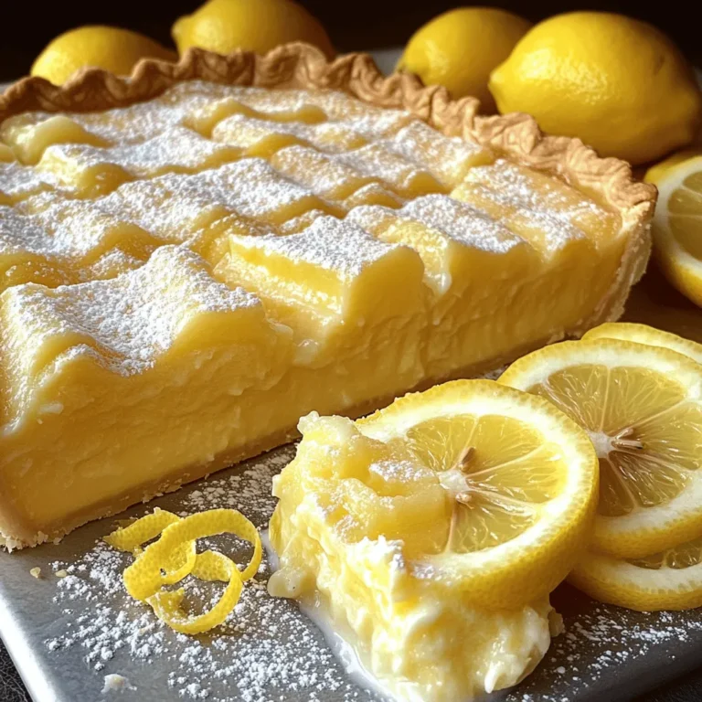When making Lemon Impossible Pie, you need a few simple ingredients. Each one plays a key role in the pie’s delightful flavor and texture. Here’s the list you will need: - 1 cup all-purpose flour - 1 cup granulated sugar - 1/2 cup unsalted butter, melted (plus extra for greasing) - 3 large eggs - 2 cups whole milk - 1 tablespoon freshly grated lemon zest - 1/4 cup freshly squeezed lemon juice - 1 teaspoon baking powder - 1/2 teaspoon salt - Powdered sugar for dusting (optional) These ingredients come together to create a unique pie. You’ll see the magic happen as it bakes. The batter will separate while baking, forming layers. The creamy custard base pairs perfectly with the light, airy top. You can find the full recipe above. Enjoy the process! - Preheat the oven to 350°F (175°C) and grease the pie dish. - In a bowl, combine melted butter and granulated sugar. - Add the eggs one at a time, whisking until smooth. - Incorporate milk, lemon zest, and lemon juice into the mix. - Sift and fold in the dry ingredients gently. - Pour the batter into the greased dish and bake. - Bake for about 45-50 minutes until golden. - Let the pie cool completely in the dish. - Serve chilled or at room temperature. Dust with powdered sugar if you like. For the complete recipe, check the Full Recipe section. To make the best Lemon Impossible Pie, start with the right temperature. Use eggs and milk at room temperature. This helps the batter mix well. Cold ingredients can lead to clumps. Next, prevent over-mixing. When you combine the dry and wet ingredients, stir gently. Stop mixing as soon as no dry flour shows. Over-mixing can ruin the pie’s texture. Check for doneness by using a toothpick. Insert it into the center of the pie. If it comes out clean, the pie is ready. The top should be golden brown and slightly puffed. You can add more zest or juice for a stronger lemon taste. Try using lime juice or orange zest for a twist. These alternatives can change the flavor profile while keeping it fresh. If you want a less sweet pie, consider alternative sweeteners. Natural options like honey or maple syrup work well. Adjust the amount based on your taste. This pie shines when served with ice cream or whipped cream. These creamy sides balance the tartness of the lemon. They also add a lovely texture. Pair your Lemon Impossible Pie with a refreshing drink. I recommend iced tea or homemade lemonade. These drinks enhance the citrus taste and make your dessert feel special. {{image_4}} You can easily change the taste of your Lemon Impossible Pie. Try using other citrus fruits like lime or orange for a different zing. They add a fresh twist. You can also mix in berries or other fruits. Blueberries, raspberries, and strawberries create a fun color and taste. They pair well with lemon and make each slice pop with flavor. If you need gluten-free options, use almond flour or oat flour instead of all-purpose flour. These flours work well and keep the pie light. For those who want a dairy-free version, use coconut milk or almond milk. These options still give a creamy texture while being friendly to your diet. You can make your lemon pie festive for holidays. Add spices like nutmeg or cinnamon for a warm flavor during fall and winter. In the summer, try topping your pie with fresh seasonal fruits. Sliced strawberries or peaches look beautiful and add sweetness. These small changes keep the pie exciting all year long. Check out the Full Recipe for more ideas! To keep your Lemon Impossible Pie fresh, store leftovers in the fridge. Use an airtight container to prevent drying out. You can also wrap it tightly in plastic wrap. This helps keep the pie moist and tasty. The pie stays fresh in the fridge for about 3 to 4 days. If you want to keep it longer, you can freeze it. Wrap it well in plastic wrap and aluminum foil. This way, it can last for up to 2 months in the freezer. When it’s time to enjoy your pie again, use a safe method to reheat it. Preheat your oven to 350°F (175°C). Place the pie on a baking sheet and warm it for about 15-20 minutes. This helps to restore its lovely texture without making it soggy. Enjoy your Lemon Impossible Pie chilled or warm! For the full recipe, check out the complete instructions. Lemon Impossible Pie is a unique dessert. It has a creamy base and a fluffy top. As it bakes, the layers separate. The bottom becomes custard-like, and the top is light and airy. This pie has a bright lemon flavor, making it refreshing. It’s easy to make and perfect for any gathering. Yes, you can make Lemon Impossible Pie ahead of time. I suggest baking it the day before. Once it cools, store it in the fridge. This allows the flavors to meld together. Just remember to dust it with powdered sugar before serving. To check if your pie is done, look for a light golden color on top. Insert a toothpick into the center. If it comes out clean, your pie is ready. The edges should be firm, but the center may still jiggle slightly. Absolutely! You can use almond milk, coconut milk, or oat milk. Each will give a different flavor. Just make sure the substitute is unsweetened for the best results. Adjust the recipe slightly if needed to match the milk's consistency. This article covered how to make a delicious Lemon Impossible Pie. You learned about the key ingredients and step-by-step instructions. I also shared tips to enhance flavor and suggested variations to try. Storage info ensures your pie stays fresh and tasty. Feel free to experiment with different flavors and substitutions. Baking should be fun, so enjoy every moment. Happy baking!