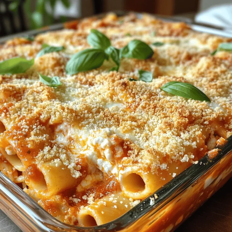 To create a tasty baked ziti, you need a few key ingredients: - 1 pound ziti pasta - 2 cups marinara sauce - 1 cup creamy ricotta cheese - 1 cup shredded mozzarella cheese, plus more for topping - 1 cup freshly grated Parmesan cheese - 1 teaspoon garlic powder - 1 teaspoon onion powder - 1/2 teaspoon red pepper flakes (adjust according to spice preference) - Salt and black pepper, to taste These ingredients come together to form a rich and cheesy dish that warms the heart. The ziti pasta serves as the perfect base, while the marinara sauce adds a vibrant flavor. The three cheeses combine to create a creamy, cheesy experience that you won’t forget. For a little extra flair, consider these optional ingredients: - Fresh basil - Extra virgin olive oil - 1/2 cup panko breadcrumbs (for crispy topping) Fresh basil adds a pop of color and flavor to your dish. A drizzle of extra virgin olive oil enhances richness. If you're after a crispy topping, panko breadcrumbs give you that satisfying crunch. This simple touch can elevate your baked ziti to a new level. For the full recipe, be sure to check out the complete instructions and tips to make this dish shine! First, preheat your oven to 375°F (190°C). This step is key for baking ziti evenly. Next, bring a large pot of salted water to a boil. Add your ziti pasta and cook it until it is al dente. This means it should be firm to bite but not hard. Be careful not to overcook the pasta, as it will soften more when you bake it later. Once cooked, drain the pasta and set it aside. In a large mixing bowl, combine the creamy ricotta cheese, half of the shredded mozzarella, and grated Parmesan cheese. Add chopped basil, garlic powder, onion powder, and red pepper flakes. Season with salt and black pepper to taste. Mix everything together until smooth and creamy. This cheese mixture is what makes your baked ziti so rich and tasty. Now it's time to layer your ingredients. Grease a 9x13-inch baking dish with a bit of olive oil. Spread half of the ziti and marinara sauce at the bottom. Then, spoon the cheese mixture over the pasta evenly. Next, add the rest of the ziti mixture on top. Finish by sprinkling the remaining mozzarella cheese over everything. If you want a crunchy topping, sprinkle optional panko breadcrumbs on top. Cover the baking dish with aluminum foil, ensuring it does not touch the cheese. Bake the ziti in the preheated oven for about 25 minutes. After that, remove the foil and bake for another 15-20 minutes. You want the cheese to be bubbly and golden brown. Before serving, drizzle some extra virgin olive oil on top to add flavor and help the breadcrumbs crisp up. Enjoy this comforting dish with family and friends! For the complete recipe, check out the Full Recipe. To get the best baked ziti, cook your pasta until it's al dente. This means it should be firm, not soft. If you overcook the pasta, it will turn mushy in the oven. Use a good quality marinara sauce for more flavor. A rich, tasty sauce makes all the difference. Mix your cheeses well. This helps spread the flavors evenly throughout the dish. I always recommend adding fresh herbs. They add a nice depth of flavor. Basil, oregano, or even thyme can brighten the dish. Serving baked ziti can be fun! Pair it with a fresh salad and warm garlic bread. This makes for a complete meal. You can also serve it in individual portions for a nice touch. It looks elegant and is easy for guests to enjoy. {{image_4}} You can change some ingredients in baked ziti to suit your taste. Try using ground beef or sausage for added protein. This gives the dish a hearty flavor. If you want to boost nutrition, add vegetables. Spinach or mushrooms work great. They add a fresh taste and a nice texture to the dish. If you love spice, make a spicy baked ziti. Add more red pepper flakes than the recipe calls for. You can also use a spicy marinara sauce. This will warm up your dish and give it a kick. Adjust the spice level to your liking for a great surprise in every bite. For those who need gluten-free options, substitute gluten-free pasta. There are many great brands available. You can also make it vegan. Use plant-based cheeses and sauces. They melt well and taste delicious. This way, everyone can enjoy baked ziti, regardless of dietary needs. For all these variations, check out the Full Recipe for more ideas and details! To keep your baked ziti fresh, store it in the fridge. Place it in an airtight container. It will last for 3-4 days. Before sealing, let it cool. This step helps reduce moisture buildup. If moisture stays in the container, it may make the pasta soggy. You can freeze baked ziti for later. First, let it cool completely. Then, wrap it tightly with plastic wrap or foil. Place it in a freezer-safe container. It can stay frozen for up to three months. When you are ready to enjoy it, thaw it in the fridge overnight. This helps maintain the best flavor and texture. To reheat, place it in the oven at 350°F (175°C). Cover it with foil to keep it moist. Bake for about 30-40 minutes, or until heated through. For the best results, check that the cheese is melted and bubbly before serving. Enjoy your cheesy delight again! For the full recipe, check out the Cheesy Delight Baked Ziti section. Yes, you can use other pasta types. Penne and rigatoni work great. They hold sauce well, just like ziti. Each option adds a unique texture to the dish. Feel free to switch things up! You can prepare baked ziti a day in advance. Just follow the recipe steps until it’s ready to bake. Cover it with foil and store it in the fridge. When you’re ready, bake it as directed. This makes meal prep easy and fun! Reheat baked ziti in the microwave or oven. For the microwave, heat it in short bursts. Stir it between heating to warm evenly. If using the oven, preheat to 350°F. Cover the dish with foil to keep it moist. Bake for about 20 minutes. Yes, this recipe freezes well. Let the baked ziti cool completely. Wrap it tightly in foil or use a freezer-safe container. It can last up to 3 months in the freezer. To thaw, move it to the fridge overnight before baking. Absolutely! Adding veggies makes baked ziti even better. Try spinach, mushrooms, or bell peppers. Sauté them lightly before mixing them in. This boosts flavor and nutrition. You can enjoy a delicious and colorful dish! For the full recipe, check out the [Full Recipe]. Baked ziti is a classic dish that brings warmth and comfort. We explored key ingredients, from ziti pasta to three cheeses. I gave step-by-step instructions for perfect assembly and baking. Tips on storage and variations make this dish even more versatile. Now, with these insights, you're ready to create a flavorful baked ziti that wows friends and family. Enjoy your cooking journey and share your tasty results!