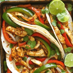 This easy sheet pan fajitas recipe combines chicken, peppers, and onions. You get a tasty meal with fresh flavors in just 35 minutes. It's perfect for dinner or a fun gathering. To make these fajitas, gather the following fresh ingredients: - 1 pound boneless, skinless chicken breasts, sliced into thin strips - 2 bell peppers (one red and one green), sliced into strips - 1 medium onion, sliced into rings - 8 small flour tortillas - Fresh cilantro, chopped, for garnish - Lime wedges, for serving The right seasonings make these fajitas pop! Here’s what you need: - 2 tablespoons extra-virgin olive oil - 2 teaspoons chili powder - 1 teaspoon ground cumin - 1 teaspoon garlic powder - 1 teaspoon smoked paprika - Salt and freshly ground black pepper to taste These ingredients work together to create a burst of flavor that will make your taste buds dance. Enjoy the process of preparing your meal, and remember to experiment with the seasonings to find your perfect balance! First, gather all your ingredients. You need chicken, bell peppers, and onion. Slice the chicken into thin strips. Then, cut the bell peppers and onion into strips and rings. Place them in a large bowl. This helps keep things organized. Next, drizzle olive oil over the chicken and veggies. Add chili powder, cumin, garlic powder, smoked paprika, salt, and pepper. Toss everything well using your hands. Make sure every piece gets coated. This step is key for great flavor. Now, spread the mixture evenly on a lined baking sheet. Do not overcrowd the pan. This helps the chicken and veggies roast nicely. Bake in a preheated oven at 400°F for 20-25 minutes. Stir halfway through to ensure even roasting. Your fajitas are ready when the chicken is fully cooked and the veggies are tender. For the full recipe, refer to the cooking instructions earlier. Enjoy this quick and tasty meal! To make your fajitas pop, focus on the right spices. I love using chili powder, cumin, and smoked paprika. These spices add depth and warmth. You can also play with flavors by adding lime juice. It brightens the dish and enhances the taste. Try adding fresh cilantro too; it gives a fresh kick. Tender chicken is key for great fajitas. Start with fresh, high-quality chicken breasts. Slice them thinly to help them cook faster and stay juicy. Marinate the chicken in olive oil and spices for at least 15 minutes. This adds flavor and moisture. Ensure the chicken reaches 165°F to keep it safe and tender. Even roasting is crucial for perfect fajitas. Spread the chicken and veggies in a single layer on the baking sheet. Avoid overcrowding to allow heat to circulate. Stir the mix halfway through cooking. This ensures everything cooks evenly. For a nice char, use high heat and watch closely to prevent burning. {{image_4}} You can make this dish meat-free and still tasty. Start with the same base of bell peppers and onions. Add some sliced mushrooms for a nice texture. You can include zucchini or yellow squash for extra flavor. Use extra spices like smoked paprika and cumin to boost the taste. A sprinkle of cheese on top before serving adds richness. This way, everyone can enjoy fajitas, even those who don’t eat meat. If you want to switch up the protein, steak or shrimp works well. For steak, use flank or skirt steak, sliced thinly. Marinade it in lime juice and spices for added flavor. Cook it for about 15-20 minutes on the sheet pan. If you choose shrimp, they cook faster. Toss the shrimp with the veggies and seasonings. Bake for only 10-15 minutes. Both options give a different twist to the classic fajitas. Feel free to experiment with the veggies you use. Adding corn can bring a sweet crunch. Asparagus or carrots can add a unique taste and color. Try adding sweet potatoes for a heartier dish. Just make sure to cut them smaller so they cook through. Mix and match your favorite veggies based on what you have. The more colorful the pan, the more fun the meal. Enjoy trying out your own combinations! For the full recipe, check out the Easy Sheet Pan Fajitas in the earlier section. To store leftover fajitas, let them cool first. Place the fajitas in an airtight container. Make sure to separate the chicken and veggies from the tortillas. This keeps everything fresh. Store them in the fridge for up to 3 days. Always label your container with the date. You will know when to use them. Reheating is simple and quick. You can use a skillet or the microwave. If using a skillet, heat it on medium. Add a splash of olive oil. Toss the chicken and veggies until hot. This helps keep the flavors alive. If using a microwave, place the fajitas on a plate. Cover with a damp paper towel. Heat for 30 seconds to 1 minute. Check if they are warm enough. Freezing fajitas is great for meal prep. To freeze, start by letting them cool completely. Place the chicken and veggies in a freezer-safe bag. Remove as much air as possible before sealing. You can also freeze the tortillas separately. They can last up to 2 months in the freezer. When ready to eat, thaw in the fridge overnight. Reheat them as mentioned before. Enjoy your easy meal later! To add heat to your fajitas, use more chili powder. You can also add cayenne pepper or diced jalapeños. For a punch, try a spicy salsa or hot sauce on top. These options will kick up the flavor and the heat! Yes, corn tortillas work great as a substitute. They add a nice flavor and texture. Just warm them up before filling with your fajita mix. They can also be gluten-free, which is perfect for those with dietary needs. Fajitas taste great with many sides. Some popular choices are: - Mexican rice - Refried beans - Guacamole - Salsa - Chips - A fresh salad These sides complement the flavors in your fajitas and make the meal more filling. Enjoy your feast! This blog post covers all you need for tasty sheet pan fajitas. We discussed the fresh ingredients and key seasonings that create bold flavors. You now have step-by-step instructions for prep, mixing, and baking. I shared tips for perfecting flavor and ensuring tender chicken. Variations offer options for vegetarians and different proteins. Don't forget to store those leftovers smartly for later. Fajitas are versatile and fun, so get cooking and enjoy!