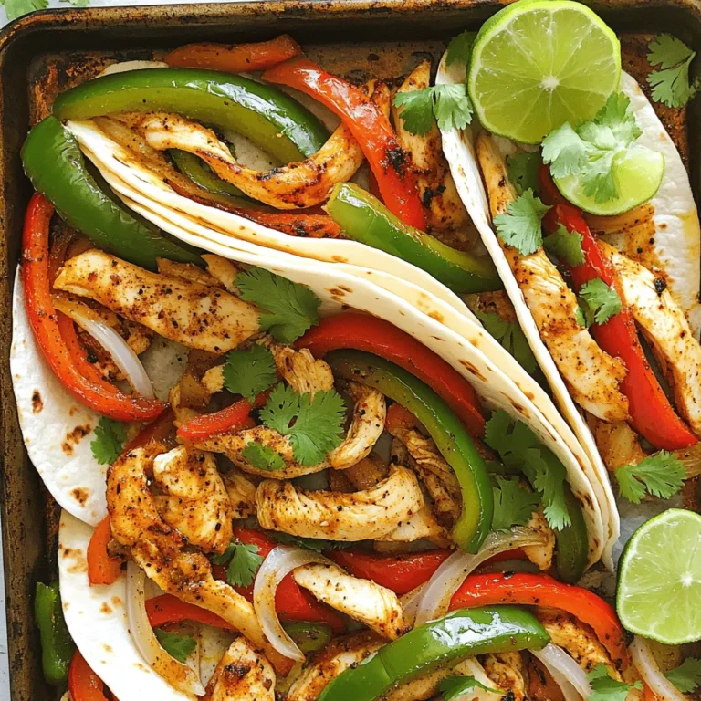 This easy sheet pan fajitas recipe combines chicken, peppers, and onions. You get a tasty meal with fresh flavors in just 35 minutes. It's perfect for dinner or a fun gathering. To make these fajitas, gather the following fresh ingredients: - 1 pound boneless, skinless chicken breasts, sliced into thin strips - 2 bell peppers (one red and one green), sliced into strips - 1 medium onion, sliced into rings - 8 small flour tortillas - Fresh cilantro, chopped, for garnish - Lime wedges, for serving The right seasonings make these fajitas pop! Here’s what you need: - 2 tablespoons extra-virgin olive oil - 2 teaspoons chili powder - 1 teaspoon ground cumin - 1 teaspoon garlic powder - 1 teaspoon smoked paprika - Salt and freshly ground black pepper to taste These ingredients work together to create a burst of flavor that will make your taste buds dance. Enjoy the process of preparing your meal, and remember to experiment with the seasonings to find your perfect balance! First, gather all your ingredients. You need chicken, bell peppers, and onion. Slice the chicken into thin strips. Then, cut the bell peppers and onion into strips and rings. Place them in a large bowl. This helps keep things organized. Next, drizzle olive oil over the chicken and veggies. Add chili powder, cumin, garlic powder, smoked paprika, salt, and pepper. Toss everything well using your hands. Make sure every piece gets coated. This step is key for great flavor. Now, spread the mixture evenly on a lined baking sheet. Do not overcrowd the pan. This helps the chicken and veggies roast nicely. Bake in a preheated oven at 400°F for 20-25 minutes. Stir halfway through to ensure even roasting. Your fajitas are ready when the chicken is fully cooked and the veggies are tender. For the full recipe, refer to the cooking instructions earlier. Enjoy this quick and tasty meal! To make your fajitas pop, focus on the right spices. I love using chili powder, cumin, and smoked paprika. These spices add depth and warmth. You can also play with flavors by adding lime juice. It brightens the dish and enhances the taste. Try adding fresh cilantro too; it gives a fresh kick. Tender chicken is key for great fajitas. Start with fresh, high-quality chicken breasts. Slice them thinly to help them cook faster and stay juicy. Marinate the chicken in olive oil and spices for at least 15 minutes. This adds flavor and moisture. Ensure the chicken reaches 165°F to keep it safe and tender. Even roasting is crucial for perfect fajitas. Spread the chicken and veggies in a single layer on the baking sheet. Avoid overcrowding to allow heat to circulate. Stir the mix halfway through cooking. This ensures everything cooks evenly. For a nice char, use high heat and watch closely to prevent burning. {{image_4}} You can make this dish meat-free and still tasty. Start with the same base of bell peppers and onions. Add some sliced mushrooms for a nice texture. You can include zucchini or yellow squash for extra flavor. Use extra spices like smoked paprika and cumin to boost the taste. A sprinkle of cheese on top before serving adds richness. This way, everyone can enjoy fajitas, even those who don’t eat meat. If you want to switch up the protein, steak or shrimp works well. For steak, use flank or skirt steak, sliced thinly. Marinade it in lime juice and spices for added flavor. Cook it for about 15-20 minutes on the sheet pan. If you choose shrimp, they cook faster. Toss the shrimp with the veggies and seasonings. Bake for only 10-15 minutes. Both options give a different twist to the classic fajitas. Feel free to experiment with the veggies you use. Adding corn can bring a sweet crunch. Asparagus or carrots can add a unique taste and color. Try adding sweet potatoes for a heartier dish. Just make sure to cut them smaller so they cook through. Mix and match your favorite veggies based on what you have. The more colorful the pan, the more fun the meal. Enjoy trying out your own combinations! For the full recipe, check out the Easy Sheet Pan Fajitas in the earlier section. To store leftover fajitas, let them cool first. Place the fajitas in an airtight container. Make sure to separate the chicken and veggies from the tortillas. This keeps everything fresh. Store them in the fridge for up to 3 days. Always label your container with the date. You will know when to use them. Reheating is simple and quick. You can use a skillet or the microwave. If using a skillet, heat it on medium. Add a splash of olive oil. Toss the chicken and veggies until hot. This helps keep the flavors alive. If using a microwave, place the fajitas on a plate. Cover with a damp paper towel. Heat for 30 seconds to 1 minute. Check if they are warm enough. Freezing fajitas is great for meal prep. To freeze, start by letting them cool completely. Place the chicken and veggies in a freezer-safe bag. Remove as much air as possible before sealing. You can also freeze the tortillas separately. They can last up to 2 months in the freezer. When ready to eat, thaw in the fridge overnight. Reheat them as mentioned before. Enjoy your easy meal later! To add heat to your fajitas, use more chili powder. You can also add cayenne pepper or diced jalapeños. For a punch, try a spicy salsa or hot sauce on top. These options will kick up the flavor and the heat! Yes, corn tortillas work great as a substitute. They add a nice flavor and texture. Just warm them up before filling with your fajita mix. They can also be gluten-free, which is perfect for those with dietary needs. Fajitas taste great with many sides. Some popular choices are: - Mexican rice - Refried beans - Guacamole - Salsa - Chips - A fresh salad These sides complement the flavors in your fajitas and make the meal more filling. Enjoy your feast! This blog post covers all you need for tasty sheet pan fajitas. We discussed the fresh ingredients and key seasonings that create bold flavors. You now have step-by-step instructions for prep, mixing, and baking. I shared tips for perfecting flavor and ensuring tender chicken. Variations offer options for vegetarians and different proteins. Don't forget to store those leftovers smartly for later. Fajitas are versatile and fun, so get cooking and enjoy!