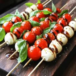 - Cherry tomatoes - Fresh mozzarella balls (bocconcini) - Fresh basil leaves - Balsamic glaze - Extra virgin olive oil - Sea salt and freshly ground black pepper - Skewers First, rinse the cherry tomatoes under cold water. This step helps remove dirt. After that, dry them gently with a clean towel. Next, drain the fresh mozzarella balls. Let them sit for a minute to dry. This makes assembly easier. Now, take your skewer. Start by adding a cherry tomato. Then, add a fresh basil leaf. Follow this with a mozzarella ball. Repeat this process. Aim for three to four sets of tomato, basil, and mozzarella on each skewer. Leave space at both ends for handling. Once your skewers are ready, place them on a nice platter. This makes them look appealing. Drizzle extra virgin olive oil over the skewers. Sprinkle them with sea salt and black pepper. This enhances the flavors. Finally, drizzle balsamic glaze on top. This adds a sweet and tangy touch. Serve the skewers at room temperature or chill them for an hour. This is a great way to let the flavors blend. For more details, check the Full Recipe. To make your mini Caprese skewers pop, focus on presentation. Use a large white platter to show off the colors. Add a few sprigs of fresh basil around the skewers. This adds green and makes it look fresh. Consider a small bowl of balsamic glaze for dipping. This not only adds style, but it also gives guests a way to enjoy more flavor. Serving your skewers at room temperature works well, but chilling them can enhance the taste. Let them sit in the fridge for about an hour before serving. The cold brings out the flavors and makes them refreshing. To boost flavor, sprinkle some Italian seasoning over the skewers. You can also add a pinch of garlic powder for a zing. These small changes can make a big impact on taste. Pair the skewers with a light white wine or sparkling water. They complement the fresh ingredients and make for a delightful bite. You could even serve them with crusty bread for a heartier option. These tips will help your mini Caprese skewers stand out. For the complete recipe, check the full recipe section. Store any leftover mini Caprese skewers in the fridge. Use an airtight container to keep them fresh. You can enjoy them for up to three days. After that, they may lose their flavor and texture. These skewers taste best when served cold or at room temperature. If you do want to warm them up, remove the skewers from the fridge. Let them sit at room temp for about 15 minutes before serving. This helps maintain their taste and texture. Avoid using a microwave, as it can make the cheese rubbery. Enjoy your mini Caprese skewers with their fresh flavors intact! {{image_4}} Caprese skewers come from Italy. They are inspired by the classic Caprese salad. This salad features fresh tomatoes, mozzarella, and basil. It represents the colors of the Italian flag. Traditionally, these ingredients are served fresh. They are often drizzled with olive oil and balsamic vinegar. The skewers make it easy to enjoy this tasty combo at parties or gatherings. Yes, you can prepare these skewers in advance. Assemble them a few hours before your event. Keep them covered in the fridge. This helps the flavors blend well. Just remember to drizzle the balsamic glaze right before serving. This keeps the skewers looking fresh and tasty. Absolutely! For a vegan version, swap out the mozzarella. Use marinated tofu or vegan cheese instead. Cherry tomatoes and basil are already vegan-friendly. You can also add some avocado for creaminess. This keeps the flavor and texture enjoyable while catering to dietary needs. Each serving of mini Caprese skewers has about 100 calories. They contain 7 grams of fat, 6 grams of carbs, and 5 grams of protein. This makes them a light yet satisfying snack. The combination of fresh ingredients keeps the calories low while still providing great flavor. The ingredients in these skewers offer many health perks. Fresh mozzarella gives you protein and calcium. This helps build strong bones and muscles. Cherry tomatoes are low in calories and high in vitamins A and C. They also have lycopene, which is good for your heart. Basil adds another layer of health. This herb is rich in antioxidants. It may help reduce inflammation and support your immune system. Plus, its strong flavor makes your dish taste even better. Enjoying these skewers not only pleases your palate but also offers health benefits. This blog post explored making delicious Caprese skewers. We covered key ingredients like cherry tomatoes and mozzarella. I shared steps for preparation, assembly, and presentation. You can impress guests with tips on flavor and visual appeal. I also discussed variations to fit any diet and how to store leftovers. Caprese skewers are versatile and fun. They bring fresh flavors to any table. Enjoy experimenting with new combinations, and serve them at your next gathering!