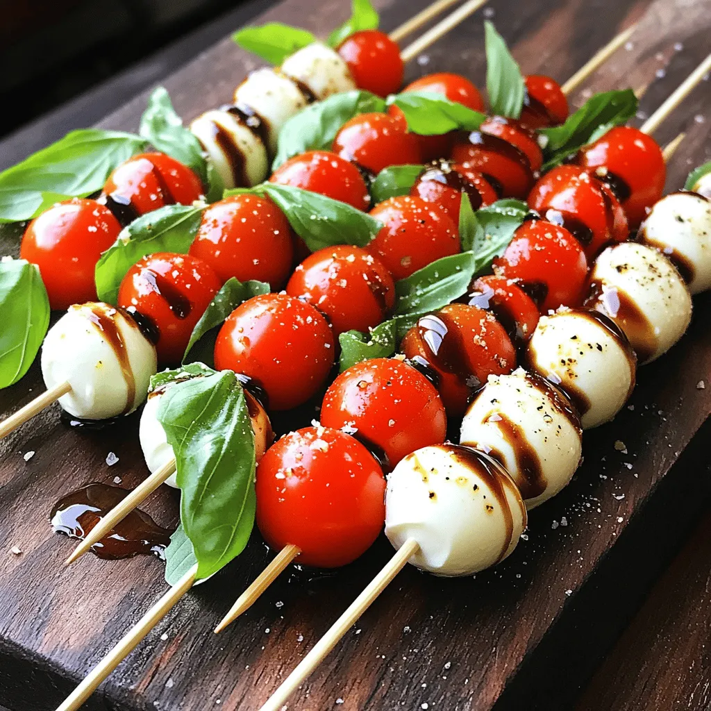 - Cherry tomatoes - Fresh mozzarella balls (bocconcini) - Fresh basil leaves - Balsamic glaze - Extra virgin olive oil - Sea salt and freshly ground black pepper - Skewers First, rinse the cherry tomatoes under cold water. This step helps remove dirt. After that, dry them gently with a clean towel. Next, drain the fresh mozzarella balls. Let them sit for a minute to dry. This makes assembly easier. Now, take your skewer. Start by adding a cherry tomato. Then, add a fresh basil leaf. Follow this with a mozzarella ball. Repeat this process. Aim for three to four sets of tomato, basil, and mozzarella on each skewer. Leave space at both ends for handling. Once your skewers are ready, place them on a nice platter. This makes them look appealing. Drizzle extra virgin olive oil over the skewers. Sprinkle them with sea salt and black pepper. This enhances the flavors. Finally, drizzle balsamic glaze on top. This adds a sweet and tangy touch. Serve the skewers at room temperature or chill them for an hour. This is a great way to let the flavors blend. For more details, check the Full Recipe. To make your mini Caprese skewers pop, focus on presentation. Use a large white platter to show off the colors. Add a few sprigs of fresh basil around the skewers. This adds green and makes it look fresh. Consider a small bowl of balsamic glaze for dipping. This not only adds style, but it also gives guests a way to enjoy more flavor. Serving your skewers at room temperature works well, but chilling them can enhance the taste. Let them sit in the fridge for about an hour before serving. The cold brings out the flavors and makes them refreshing. To boost flavor, sprinkle some Italian seasoning over the skewers. You can also add a pinch of garlic powder for a zing. These small changes can make a big impact on taste. Pair the skewers with a light white wine or sparkling water. They complement the fresh ingredients and make for a delightful bite. You could even serve them with crusty bread for a heartier option. These tips will help your mini Caprese skewers stand out. For the complete recipe, check the full recipe section. Store any leftover mini Caprese skewers in the fridge. Use an airtight container to keep them fresh. You can enjoy them for up to three days. After that, they may lose their flavor and texture. These skewers taste best when served cold or at room temperature. If you do want to warm them up, remove the skewers from the fridge. Let them sit at room temp for about 15 minutes before serving. This helps maintain their taste and texture. Avoid using a microwave, as it can make the cheese rubbery. Enjoy your mini Caprese skewers with their fresh flavors intact! {{image_4}} Caprese skewers come from Italy. They are inspired by the classic Caprese salad. This salad features fresh tomatoes, mozzarella, and basil. It represents the colors of the Italian flag. Traditionally, these ingredients are served fresh. They are often drizzled with olive oil and balsamic vinegar. The skewers make it easy to enjoy this tasty combo at parties or gatherings. Yes, you can prepare these skewers in advance. Assemble them a few hours before your event. Keep them covered in the fridge. This helps the flavors blend well. Just remember to drizzle the balsamic glaze right before serving. This keeps the skewers looking fresh and tasty. Absolutely! For a vegan version, swap out the mozzarella. Use marinated tofu or vegan cheese instead. Cherry tomatoes and basil are already vegan-friendly. You can also add some avocado for creaminess. This keeps the flavor and texture enjoyable while catering to dietary needs. Each serving of mini Caprese skewers has about 100 calories. They contain 7 grams of fat, 6 grams of carbs, and 5 grams of protein. This makes them a light yet satisfying snack. The combination of fresh ingredients keeps the calories low while still providing great flavor. The ingredients in these skewers offer many health perks. Fresh mozzarella gives you protein and calcium. This helps build strong bones and muscles. Cherry tomatoes are low in calories and high in vitamins A and C. They also have lycopene, which is good for your heart. Basil adds another layer of health. This herb is rich in antioxidants. It may help reduce inflammation and support your immune system. Plus, its strong flavor makes your dish taste even better. Enjoying these skewers not only pleases your palate but also offers health benefits. This blog post explored making delicious Caprese skewers. We covered key ingredients like cherry tomatoes and mozzarella. I shared steps for preparation, assembly, and presentation. You can impress guests with tips on flavor and visual appeal. I also discussed variations to fit any diet and how to store leftovers. Caprese skewers are versatile and fun. They bring fresh flavors to any table. Enjoy experimenting with new combinations, and serve them at your next gathering!