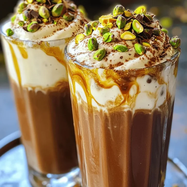 - 1 cup cold brew coffee - 1 cup vanilla ice cream or a vegan alternative - 2 tablespoons unsweetened cocoa powder - 2 tablespoons pistachio butter - 1 tablespoon honey or maple syrup (to taste) - 1/4 teaspoon vanilla extract - A pinch of sea salt - Chopped pistachios, for garnish - Chocolate shavings, for garnish Using the right measurements leads to the best flavor and texture. Here are the key amounts: - Cold brew coffee: 1 cup - Vanilla ice cream: 1 cup (you can use a vegan option) - Unsweetened cocoa powder: 2 tablespoons - Pistachio butter: 2 tablespoons - Honey or maple syrup: 1 tablespoon (adjust to your taste) - Vanilla extract: 1/4 teaspoon - Sea salt: a pinch For those with dietary needs, you can substitute: - Use coconut or almond milk for a lighter shake. - Swap honey with agave syrup for a vegan option. - Replace pistachio butter with almond butter if needed. This shake is a treat, but it's good to know what you're consuming. Each serving has about: - Calories: 300 - Carbs: 40 grams - Fats: 15 grams - Proteins: 5 grams - Sugars: 20 grams Enjoy this delightful blend of flavors while keeping an eye on your intake! The full recipe offers more details for creating this shake. To make your Chocolate Pistachio Cold Brew Shake, first gather your ingredients. You need cold brew coffee, vanilla ice cream, cocoa powder, pistachio butter, honey or maple syrup, vanilla extract, and sea salt. Lay everything out before you start. Next, measure your ingredients carefully. This helps ensure the right taste and texture. For the best results, use fresh cold brew coffee. If you don't have it, brew your favorite coffee and let it chill. Now, let’s blend! Start by adding the cold brew coffee, vanilla ice cream, cocoa powder, pistachio butter, honey or maple syrup, vanilla extract, and a pinch of sea salt into a blender. Blend on high speed. Stop to scrape down the sides as needed. You want a smooth, creamy shake with no lumps. Pour your shake into two chilled glasses. This keeps it extra cold. To pour, tilt the glass slightly. This way, the shake flows smoothly and looks nice. Now for the fun part—garnishing! Sprinkle chopped pistachios and chocolate shavings on top of each shake. This makes it look fancy and adds a nice crunch. You can also add a decorative straw for a fun touch. If you like sweeter shakes, add more honey or syrup until you’re happy with the taste. You can also swap out the vanilla ice cream for a vegan option if needed. Feeling adventurous? Try adding a few mint leaves for a fresh twist or some peanut butter for a different flavor. Each option gives your shake a unique taste. Enjoy experimenting! For the best cold brew, I recommend using a brand known for its smooth taste, like Stumptown or Chameleon. These brands bring out rich coffee notes without bitterness. When it comes to pistachio butter, look for a brand that uses simple ingredients. Freshly made is best. If you can find a store that makes it, grab a jar. The flavor will shine in your shake. Chill your glasses before pouring the shake. This keeps your drink cold longer. Just pop them in the freezer for about 10 minutes. Ingredient temperature matters too. Use cold brew from the fridge and ice cream straight from the freezer. This way, your shake stays creamy without melting too fast. Be careful not to over-blend your shake. If you blend too long, it can become thin and watery. Blend just until smooth. Also, avoid using low-quality ice cream alternatives. Some can change the flavor and texture of your shake. Stick with a rich vanilla ice cream or a creamy vegan option for the best taste. Try these tips for a perfect Chocolate Pistachio Cold Brew Shake. For the full recipe, check out the recipe section above. {{image_4}} To make a vegan version, swap the ice cream for a plant-based one. I like to use almond or coconut milk ice cream. Here’s what you need: - 1 cup cold brew coffee - 1 cup almond or coconut milk ice cream - 2 tablespoons unsweetened cocoa powder - 2 tablespoons pistachio butter - 1 tablespoon maple syrup (to taste) - 1/4 teaspoon vanilla extract - A pinch of sea salt - Chopped pistachios, for garnish - Vegan chocolate shavings, for garnish Blend just as you would with the original recipe. The taste remains rich and delightful. Want a fresh twist? Add mint! This variation gives a nice coolness to your shake. Here’s how: - Add 1/4 teaspoon peppermint extract to the mix. - You can also toss in fresh mint leaves before blending. - Keep the rest of the ingredients the same. The mint adds a refreshing zing that pairs perfectly with chocolate and pistachio. Need a boost? Add protein! This shake can be a great post-workout treat. Here’s how to do it: - Mix in 1 scoop of protein powder or 1/2 cup Greek yogurt. - This keeps the shake creamy while adding protein. Enjoy your shake as a nutritious snack or meal replacement. Each of these variations provides unique flavors while keeping the core of the Chocolate Pistachio Cold Brew Shake delightful. For the full recipe, check out the listed details. To keep your Chocolate Pistachio Cold Brew Shake fresh, store it in a sealed container. Glass jars or plastic containers work well. Avoid using open cups or bowls, as they allow air in, which can spoil the shake. Always chill your shake in the fridge if you have leftovers. You can freeze leftover shake for later. Pour the shake into ice cube trays or freezer-safe containers. When you want to enjoy it again, thaw it in the fridge overnight. For quicker thawing, blend the frozen shake with a bit of cold brew coffee to regain its smooth texture. In the fridge, your shake stays good for about 1 to 2 days. After that, it may lose flavor and texture. Look for changes in color or smell. If it smells off or has an unusual texture, it’s best to toss it. Enjoy your shake fresh for the best taste! To make your shake thicker, I suggest two main tips. First, add more ice. Ice will give your shake a cold, frosty texture. Second, you can use less cold brew coffee. This will create a denser blend. If you want a creamy feel, try adding more vanilla ice cream. It makes a big difference. You can also include frozen bananas or yogurt. They add thickness and a nice flavor. Yes, you can make this shake ahead of time! If you want to prep, mix and blend your ingredients. Then, store the shake in a sealed container in the fridge. It stays fresh for up to two days. When ready to enjoy, stir the shake well before drinking. You may need to add a bit of ice if it separates. If you want to save time, prepare your ingredients in advance. Just keep them separate until you blend. If you have nut allergies or just don’t like pistachio butter, don’t worry! You have many options. You can use almond butter, cashew butter, or sunflower seed butter. Each of these will give a unique taste. If you want a nut-free option, use tahini. It’s made from sesame seeds and works well in shakes. You can also skip the nut butter and add more cocoa powder for a chocolate boost. You can create a delicious shake using simple ingredients and steps. We covered everything from the key ingredients to storage tips. By following these guidelines, you can customize your shake to fit your taste. Remember to avoid common mistakes, like over-blending, for the best results. Now, you have the tools to make a yummy shake for any occasion. Enjoy experimenting with flavors and find what you love best! Start blending and savor each sip of your creation.