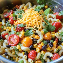 This taco pasta salad is a fun, easy meal. It mixes pasta with taco flavors. You can enjoy it as a main dish or a side. It takes about 55 minutes to make and serves six people. - 8 oz elbow macaroni or rotini pasta - 1 lb ground turkey or beef - 1 packet taco seasoning (about 1 oz) - 1 cup cherry tomatoes, halved - 1 cup black beans, drained and rinsed - 1 cup corn (fresh, frozen, or canned) - 1 cup sharp shredded cheddar cheese - 1/2 cup red bell pepper, finely diced - 1/4 cup red onion, finely chopped - 1/4 cup fresh cilantro, chopped - 1 cup ranch dressing - 1 tablespoon fresh lime juice - Salt and freshly cracked pepper to taste These ingredients create a tasty dish. The pasta pairs well with the meat and fresh veggies. The ranch dressing adds a creamy touch. You can add extra toppings to make your salad pop. Here are a few ideas: - Extra fresh cilantro - A sprinkle of shredded cheese - Sliced jalapeños for heat - Crushed tortilla chips for crunch These toppings add flavor and texture to your salad. They also make your dish look appealing. Enjoy! Start by bringing a large pot of salted water to a boil. This is important. The salt helps flavor the pasta. Add 8 ounces of elbow macaroni or rotini. Cook it according to the package instructions until it's al dente. This means it should be firm but not hard. Once cooked, drain the pasta in a colander. Rinse it under cold water to stop the cooking process. This keeps your pasta nice and firm. Set it aside to cool completely. Next, grab a large skillet and heat it over medium heat. Add 1 pound of ground turkey or beef, whichever you prefer. Use a spatula to break the meat apart as it cooks. Cook it for about 5 to 7 minutes or until it's browned and no longer pink. If there's too much fat in the skillet, drain it off carefully. This keeps your taco pasta salad from getting greasy. Then, sprinkle a packet of taco seasoning over the cooked meat. Add about 1/2 cup of water to the skillet. Stir everything together and let it simmer for about 5 minutes. This allows the flavors to mix well and the sauce to thicken. Remove the skillet from the heat and let it cool slightly. In a large mixing bowl, combine the cooled pasta with the cooked meat mixture. This is where the fun begins! Gently fold in 1 cup of halved cherry tomatoes, 1 cup of rinsed black beans, and 1 cup of corn. You can use fresh, frozen, or canned corn. Next, add 1 cup of sharp shredded cheddar cheese, 1/2 cup of finely diced red bell pepper, and 1/4 cup of finely chopped red onion. Now it's time for the dressing. In a small bowl, whisk together 1 cup of ranch dressing and 1 tablespoon of fresh lime juice. Once it's smooth, pour it over the pasta salad. Carefully toss everything together to coat all the ingredients evenly. Finally, fold in 1/4 cup of chopped fresh cilantro. Season to taste with salt and freshly cracked pepper. Toss again until everything is well mixed. To let the flavors meld, cover the bowl with plastic wrap and refrigerate for at least 30 minutes. For the best taste, let it chill for a couple of hours. You can find the complete recipe in the Full Recipe section. Enjoy your delicious taco pasta salad! To make great taco pasta salad, the pasta must be cooked just right. Here are my tips: - Use a large pot of salted water for boiling. This helps the pasta taste better. - Stir the pasta often while it cooks. This keeps it from sticking together. - Cook it until it's al dente. This means it should be firm but not hard. - Drain the pasta and rinse it with cold water. This stops the cooking and cools it down quickly. You can make taco pasta salad your own. Here are some fun ideas: - Switch the meat for chicken or keep it vegetarian with black beans or tofu. - Add diced avocado for creaminess and healthy fats. - Use different cheeses, like pepper jack for a spicy kick or queso fresco for a milder flavor. - Want more crunch? Toss in some diced cucumber or chopped bell peppers. The right dressing can make your taco pasta salad shine. Here’s what I suggest: - A mix of ranch dressing and lime juice adds a zesty touch. - For a kick, try adding a bit of hot sauce to the dressing. - Let the salad chill for a while. This helps all the flavors mix well. - If you love herbs, fresh cilantro or parsley can add a burst of freshness. For the full recipe, check out the Taco Pasta Salad Extravaganza. Your taste buds will thank you! {{image_4}} You can easily make taco pasta salad vegetarian or vegan. For a vegetarian dish, skip the meat and use cooked lentils or extra black beans. You can also add diced avocado for creaminess. If you want a vegan option, replace ranch dressing with a vegan alternative. Look for plant-based dressings in stores or make your own with vegan mayo and lime juice. If you love meat, there are many options. Ground turkey is lean, while beef gives a richer taste. You can also use chicken or pork. For a fun twist, try chorizo for a spicy kick. If you want seafood, shrimp works great too. Just cook the shrimp until pink and add it to the salad. Adjust the spice level to fit your taste. For mild flavors, use less taco seasoning. If you like it spicy, add jalapeños or hot sauce. You can also mix in spices like cumin or smoked paprika for depth. Fresh herbs like cilantro and parsley brighten the dish. Experiment with flavors until you find your perfect mix. You can store taco pasta salad in the fridge for up to three days. Make sure to use an airtight container. This keeps the salad fresh and tasty. Before you eat it, give it a good stir. The flavors mix together well after sitting. You can freeze taco pasta salad, but keep in mind that some ingredients may change texture. To freeze, place it in a freezer-safe container. Make sure to leave some space for expansion. It can last up to three months in the freezer. To thaw, move it to the fridge overnight. When reheating, use the microwave for quick results. Heat it in short bursts, stirring in between. This ensures even heating. You can also serve it cold, which makes it refreshing on hot days. If it seems dry, add a little ranch dressing or lime juice. Enjoy your meal! To boost flavor, add fresh herbs like cilantro or parsley. You can also use lime zest for a citrus kick. A dash of hot sauce can bring heat. You might try adding diced jalapeños for a spicy twist. Mixing in some avocado will add creaminess and richness. For extra crunch, sprinkle crushed tortilla chips on top just before serving. Experiment with these tips to discover your favorite combo. Yes, you can make Taco Pasta Salad ahead of time. It tastes even better after the flavors meld. Just prepare it up to a day in advance. Store it in the fridge in an airtight container. If you want the salad to stay fresh, add the dressing right before serving. This way, the pasta won’t soak up too much moisture. Great toppings can elevate your Taco Pasta Salad! Some tasty options include: - Extra shredded cheese - Fresh cilantro - Sliced green onions - Avocado slices - Chopped olives - Crushed tortilla chips Each topping adds texture and flavor. Feel free to mix and match to find your perfect combination. For the full recipe, check out the detailed instructions above. Taco pasta salad is a fun, tasty dish you can easily make at home. I covered the key ingredients and gave you step-by-step cooking tips. Remember to customize it with your favorite toppings and spices. Whether you prefer meat or a vegan twist, this recipe fits everyone. Store leftovers well or enjoy them later. With this guide, you can create a dish that everyone will love. Enjoy your cooking adventure!