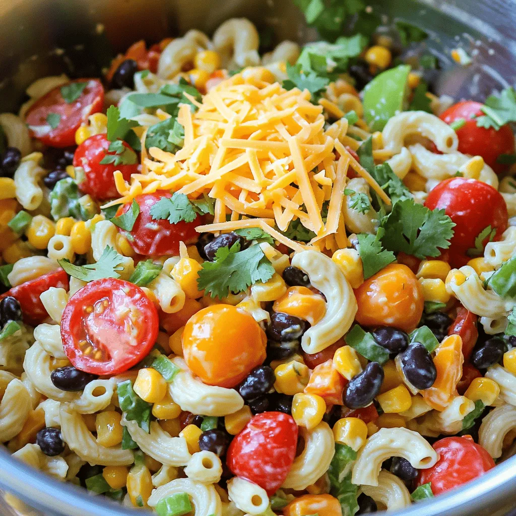 This taco pasta salad is a fun, easy meal. It mixes pasta with taco flavors. You can enjoy it as a main dish or a side. It takes about 55 minutes to make and serves six people. - 8 oz elbow macaroni or rotini pasta - 1 lb ground turkey or beef - 1 packet taco seasoning (about 1 oz) - 1 cup cherry tomatoes, halved - 1 cup black beans, drained and rinsed - 1 cup corn (fresh, frozen, or canned) - 1 cup sharp shredded cheddar cheese - 1/2 cup red bell pepper, finely diced - 1/4 cup red onion, finely chopped - 1/4 cup fresh cilantro, chopped - 1 cup ranch dressing - 1 tablespoon fresh lime juice - Salt and freshly cracked pepper to taste These ingredients create a tasty dish. The pasta pairs well with the meat and fresh veggies. The ranch dressing adds a creamy touch. You can add extra toppings to make your salad pop. Here are a few ideas: - Extra fresh cilantro - A sprinkle of shredded cheese - Sliced jalapeños for heat - Crushed tortilla chips for crunch These toppings add flavor and texture to your salad. They also make your dish look appealing. Enjoy! Start by bringing a large pot of salted water to a boil. This is important. The salt helps flavor the pasta. Add 8 ounces of elbow macaroni or rotini. Cook it according to the package instructions until it's al dente. This means it should be firm but not hard. Once cooked, drain the pasta in a colander. Rinse it under cold water to stop the cooking process. This keeps your pasta nice and firm. Set it aside to cool completely. Next, grab a large skillet and heat it over medium heat. Add 1 pound of ground turkey or beef, whichever you prefer. Use a spatula to break the meat apart as it cooks. Cook it for about 5 to 7 minutes or until it's browned and no longer pink. If there's too much fat in the skillet, drain it off carefully. This keeps your taco pasta salad from getting greasy. Then, sprinkle a packet of taco seasoning over the cooked meat. Add about 1/2 cup of water to the skillet. Stir everything together and let it simmer for about 5 minutes. This allows the flavors to mix well and the sauce to thicken. Remove the skillet from the heat and let it cool slightly. In a large mixing bowl, combine the cooled pasta with the cooked meat mixture. This is where the fun begins! Gently fold in 1 cup of halved cherry tomatoes, 1 cup of rinsed black beans, and 1 cup of corn. You can use fresh, frozen, or canned corn. Next, add 1 cup of sharp shredded cheddar cheese, 1/2 cup of finely diced red bell pepper, and 1/4 cup of finely chopped red onion. Now it's time for the dressing. In a small bowl, whisk together 1 cup of ranch dressing and 1 tablespoon of fresh lime juice. Once it's smooth, pour it over the pasta salad. Carefully toss everything together to coat all the ingredients evenly. Finally, fold in 1/4 cup of chopped fresh cilantro. Season to taste with salt and freshly cracked pepper. Toss again until everything is well mixed. To let the flavors meld, cover the bowl with plastic wrap and refrigerate for at least 30 minutes. For the best taste, let it chill for a couple of hours. You can find the complete recipe in the Full Recipe section. Enjoy your delicious taco pasta salad! To make great taco pasta salad, the pasta must be cooked just right. Here are my tips: - Use a large pot of salted water for boiling. This helps the pasta taste better. - Stir the pasta often while it cooks. This keeps it from sticking together. - Cook it until it's al dente. This means it should be firm but not hard. - Drain the pasta and rinse it with cold water. This stops the cooking and cools it down quickly. You can make taco pasta salad your own. Here are some fun ideas: - Switch the meat for chicken or keep it vegetarian with black beans or tofu. - Add diced avocado for creaminess and healthy fats. - Use different cheeses, like pepper jack for a spicy kick or queso fresco for a milder flavor. - Want more crunch? Toss in some diced cucumber or chopped bell peppers. The right dressing can make your taco pasta salad shine. Here’s what I suggest: - A mix of ranch dressing and lime juice adds a zesty touch. - For a kick, try adding a bit of hot sauce to the dressing. - Let the salad chill for a while. This helps all the flavors mix well. - If you love herbs, fresh cilantro or parsley can add a burst of freshness. For the full recipe, check out the Taco Pasta Salad Extravaganza. Your taste buds will thank you! {{image_4}} You can easily make taco pasta salad vegetarian or vegan. For a vegetarian dish, skip the meat and use cooked lentils or extra black beans. You can also add diced avocado for creaminess. If you want a vegan option, replace ranch dressing with a vegan alternative. Look for plant-based dressings in stores or make your own with vegan mayo and lime juice. If you love meat, there are many options. Ground turkey is lean, while beef gives a richer taste. You can also use chicken or pork. For a fun twist, try chorizo for a spicy kick. If you want seafood, shrimp works great too. Just cook the shrimp until pink and add it to the salad. Adjust the spice level to fit your taste. For mild flavors, use less taco seasoning. If you like it spicy, add jalapeños or hot sauce. You can also mix in spices like cumin or smoked paprika for depth. Fresh herbs like cilantro and parsley brighten the dish. Experiment with flavors until you find your perfect mix. You can store taco pasta salad in the fridge for up to three days. Make sure to use an airtight container. This keeps the salad fresh and tasty. Before you eat it, give it a good stir. The flavors mix together well after sitting. You can freeze taco pasta salad, but keep in mind that some ingredients may change texture. To freeze, place it in a freezer-safe container. Make sure to leave some space for expansion. It can last up to three months in the freezer. To thaw, move it to the fridge overnight. When reheating, use the microwave for quick results. Heat it in short bursts, stirring in between. This ensures even heating. You can also serve it cold, which makes it refreshing on hot days. If it seems dry, add a little ranch dressing or lime juice. Enjoy your meal! To boost flavor, add fresh herbs like cilantro or parsley. You can also use lime zest for a citrus kick. A dash of hot sauce can bring heat. You might try adding diced jalapeños for a spicy twist. Mixing in some avocado will add creaminess and richness. For extra crunch, sprinkle crushed tortilla chips on top just before serving. Experiment with these tips to discover your favorite combo. Yes, you can make Taco Pasta Salad ahead of time. It tastes even better after the flavors meld. Just prepare it up to a day in advance. Store it in the fridge in an airtight container. If you want the salad to stay fresh, add the dressing right before serving. This way, the pasta won’t soak up too much moisture. Great toppings can elevate your Taco Pasta Salad! Some tasty options include: - Extra shredded cheese - Fresh cilantro - Sliced green onions - Avocado slices - Chopped olives - Crushed tortilla chips Each topping adds texture and flavor. Feel free to mix and match to find your perfect combination. For the full recipe, check out the detailed instructions above. Taco pasta salad is a fun, tasty dish you can easily make at home. I covered the key ingredients and gave you step-by-step cooking tips. Remember to customize it with your favorite toppings and spices. Whether you prefer meat or a vegan twist, this recipe fits everyone. Store leftovers well or enjoy them later. With this guide, you can create a dish that everyone will love. Enjoy your cooking adventure!
