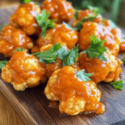 - 1 large head of cauliflower - 1 cup all-purpose flour - 1 cup water - 1 teaspoon garlic powder - 1 teaspoon onion powder - 1 teaspoon smoked paprika - 1/2 teaspoon fine sea salt - 1/2 teaspoon freshly cracked black pepper - 1 cup buffalo sauce - 2 tablespoons extra virgin olive oil - Fresh parsley for garnish To make Buffalo cauliflower bites, you need a few simple ingredients. The key ingredient is the cauliflower, which gives the bites their shape and texture. The all-purpose flour mixed with water creates a batter that coats the florets. Spices like garlic powder, onion powder, smoked paprika, salt, and pepper add rich flavor. The buffalo sauce gives them that spicy kick, while olive oil adds richness. Fresh parsley not only enhances the taste but also makes your dish look appealing. - Different flavors of buffalo sauce - Additional spices or herbs - Vegan substitute options for batter You can customize your buffalo cauliflower bites with optional ingredients. Use different flavors of buffalo sauce for varied heat levels. Adding spices like cayenne pepper can boost the heat. Fresh herbs like cilantro or chives can brighten the flavor too. If you're vegan, consider using chickpea flour or almond flour in place of all-purpose flour for the batter. These choices help you create a version that suits your taste. For the full recipe, you can refer to the earlier section. Enjoy experimenting with these ingredients! 1. Preheat your oven to 450°F (230°C). This high heat helps to make the bites crispy. 2. Line a large baking sheet with parchment paper. This prevents sticking and makes clean-up easy. 3. In a mixing bowl, whisk together: - 1 cup all-purpose flour - 1 cup water (adjust for batter thickness) - 1 teaspoon garlic powder - 1 teaspoon onion powder - 1 teaspoon smoked paprika - 1/2 teaspoon fine sea salt - 1/2 teaspoon cracked black pepper Mix until smooth. No lumps should remain for an even coating. 4. Take each cauliflower floret and dip it into the batter. Make sure each piece is well-coated. 5. Allow excess batter to drip off before placing them on the lined baking sheet. Space them apart for even cooking. 6. Bake the cauliflower florets for about 20 minutes. Flip them halfway through. This step ensures they cook evenly and stay crispy. 7. While baking, prepare the buffalo sauce. In a bowl, mix: - 1 cup buffalo sauce - 2 tablespoons extra virgin olive oil Stir until well combined. This mix adds flavor and moisture to the bites. 8. After 20 minutes, remove the cauliflower from the oven. Drizzle the buffalo sauce mixture over the florets. Toss them gently to coat. 9. Return the bites to the oven for another 10 to 15 minutes. This helps the sauce stick and caramelize, making them even tastier. 10. Once done, let them cool for a few minutes. Transfer to a platter and garnish with chopped fresh parsley for a colorful touch. For the full recipe, refer to the earlier section. Enjoy making these tasty and crispy Buffalo Cauliflower Bites! To get that perfect crunch, space your cauliflower florets well. If they touch, they can steam instead of crisp. Use a large baking sheet and lay them out in a single layer. This helps hot air circulate around each piece for even cooking. For batter consistency, aim for a thick yet pourable mixture. If it’s too runny, it won’t stick to the florets. If it’s too thick, it won’t coat evenly. Start with the amounts in the Full Recipe and adjust water as needed. You can choose to bake or air fry your cauliflower bites. Baking gives a nice crunch, while air frying can make them even crispier and quicker. Both methods work well, but your choice may depend on your kitchen gear. Feel free to experiment with spices in the batter. Adding cayenne pepper can amp up the heat. You might also try adding some cumin or chili powder for a different flavor profile. Buffalo cauliflower bites shine when served with dips. Ranch or blue cheese dressing works great for cooling the spice. You can also pair them with celery sticks for a classic combo. For plating, arrange the bites on a colorful platter. Drizzle extra buffalo sauce over the top for a visual treat. Adding a sprinkle of fresh parsley adds a pop of color and freshness. Don’t forget to serve your bites hot for the best taste! {{image_4}} You can spice up your buffalo cauliflower bites in many ways. If you like heat, try using hotter sauces. You can also mix in cayenne pepper for an extra kick. For a sweet twist, add honey or maple syrup to your buffalo sauce. This balance of sweet and spicy makes for a fun flavor. If you need gluten-free options, use almond flour or chickpea flour for the batter. These alternatives will still give you a nice crunch. For vegan options, replace the all-purpose flour with a gluten-free blend and use plant-based milk. This way, everyone can enjoy these tasty bites. Buffalo cauliflower bites can be served in many fun ways. Try them in tacos or wraps for a tasty meal. You can also toss the bites into salads or grain bowls. This adds a spicy crunch that elevates your dish. Feel free to explore the possibilities! For the full recipe, check out the Crispy Buffalo Cauliflower Delight section. To keep your cooked cauliflower bites fresh, place them in an airtight container. This helps lock in flavor and texture. Use a container that fits the bites snugly, so they don’t move around. Avoid stacking them too high to prevent squishing. Store in the fridge for up to three days. When reheating, you want to keep them crispy. The best method is to use an oven. Preheat your oven to 375°F (190°C). Place the bites on a baking sheet lined with parchment paper. Heat for about 10-15 minutes. This method helps them regain their crunch. If the microwave is your only option, use a plate lined with a paper towel. Heat in short bursts of 30 seconds. Check often to avoid soggy bites. You can freeze both uncooked and cooked bites. For uncooked ones, coat them in batter and place them on a baking sheet. Freeze until solid, then transfer them to a freezer bag. This way, you can pull out just what you need later. If you freeze cooked bites, let them cool first. Store in a freezer-safe container for up to three months. When ready to eat, thaw in the fridge overnight and reheat in the oven. This keeps them tasty and crispy. I bake buffalo cauliflower bites for about 20 minutes at 450°F. This gives them a nice golden color. Flip them halfway to make sure they crisp up evenly. After that, I bake them for an additional 10 to 15 minutes after adding the buffalo sauce. This step helps the sauce stick and caramelize. Yes, you can prepare these bites in advance. I recommend baking them first. Let them cool down, then store them in an airtight container. They stay fresh in the fridge for up to three days. When you're ready, just reheat them in the oven. This keeps them crispy and tasty. Buffalo cauliflower bites pair well with many sides and dips. I love serving them with ranch or blue cheese dressing. Celery sticks and carrot sticks also add a nice crunch. You could even make a fun platter with other appetizers like hummus or guacamole. They make a great snack or party dish! Buffalo cauliflower bites are simple to make and delicious. You need a large head of cauliflower, spices, and buffalo sauce to start. Our step-by-step guide helps you achieve perfect crispiness. You can customize flavors and serve them in many creative ways. In the end, these bites are versatile and sure to impress anyone. Try them as a snack, side, or fun meal. Enjoy this tasty dish your way!