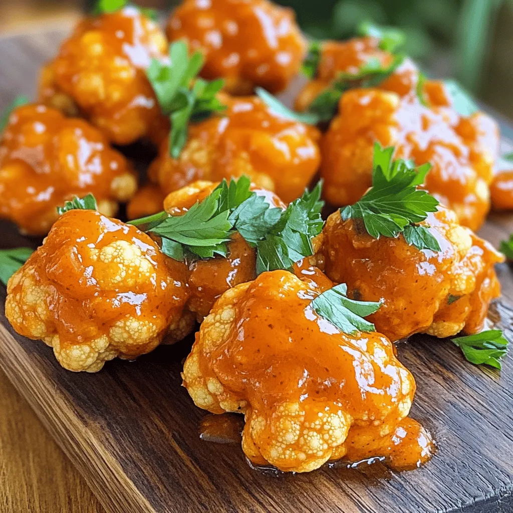 - 1 large head of cauliflower - 1 cup all-purpose flour - 1 cup water - 1 teaspoon garlic powder - 1 teaspoon onion powder - 1 teaspoon smoked paprika - 1/2 teaspoon fine sea salt - 1/2 teaspoon freshly cracked black pepper - 1 cup buffalo sauce - 2 tablespoons extra virgin olive oil - Fresh parsley for garnish To make Buffalo cauliflower bites, you need a few simple ingredients. The key ingredient is the cauliflower, which gives the bites their shape and texture. The all-purpose flour mixed with water creates a batter that coats the florets. Spices like garlic powder, onion powder, smoked paprika, salt, and pepper add rich flavor. The buffalo sauce gives them that spicy kick, while olive oil adds richness. Fresh parsley not only enhances the taste but also makes your dish look appealing. - Different flavors of buffalo sauce - Additional spices or herbs - Vegan substitute options for batter You can customize your buffalo cauliflower bites with optional ingredients. Use different flavors of buffalo sauce for varied heat levels. Adding spices like cayenne pepper can boost the heat. Fresh herbs like cilantro or chives can brighten the flavor too. If you're vegan, consider using chickpea flour or almond flour in place of all-purpose flour for the batter. These choices help you create a version that suits your taste. For the full recipe, you can refer to the earlier section. Enjoy experimenting with these ingredients! 1. Preheat your oven to 450°F (230°C). This high heat helps to make the bites crispy. 2. Line a large baking sheet with parchment paper. This prevents sticking and makes clean-up easy. 3. In a mixing bowl, whisk together: - 1 cup all-purpose flour - 1 cup water (adjust for batter thickness) - 1 teaspoon garlic powder - 1 teaspoon onion powder - 1 teaspoon smoked paprika - 1/2 teaspoon fine sea salt - 1/2 teaspoon cracked black pepper Mix until smooth. No lumps should remain for an even coating. 4. Take each cauliflower floret and dip it into the batter. Make sure each piece is well-coated. 5. Allow excess batter to drip off before placing them on the lined baking sheet. Space them apart for even cooking. 6. Bake the cauliflower florets for about 20 minutes. Flip them halfway through. This step ensures they cook evenly and stay crispy. 7. While baking, prepare the buffalo sauce. In a bowl, mix: - 1 cup buffalo sauce - 2 tablespoons extra virgin olive oil Stir until well combined. This mix adds flavor and moisture to the bites. 8. After 20 minutes, remove the cauliflower from the oven. Drizzle the buffalo sauce mixture over the florets. Toss them gently to coat. 9. Return the bites to the oven for another 10 to 15 minutes. This helps the sauce stick and caramelize, making them even tastier. 10. Once done, let them cool for a few minutes. Transfer to a platter and garnish with chopped fresh parsley for a colorful touch. For the full recipe, refer to the earlier section. Enjoy making these tasty and crispy Buffalo Cauliflower Bites! To get that perfect crunch, space your cauliflower florets well. If they touch, they can steam instead of crisp. Use a large baking sheet and lay them out in a single layer. This helps hot air circulate around each piece for even cooking. For batter consistency, aim for a thick yet pourable mixture. If it’s too runny, it won’t stick to the florets. If it’s too thick, it won’t coat evenly. Start with the amounts in the Full Recipe and adjust water as needed. You can choose to bake or air fry your cauliflower bites. Baking gives a nice crunch, while air frying can make them even crispier and quicker. Both methods work well, but your choice may depend on your kitchen gear. Feel free to experiment with spices in the batter. Adding cayenne pepper can amp up the heat. You might also try adding some cumin or chili powder for a different flavor profile. Buffalo cauliflower bites shine when served with dips. Ranch or blue cheese dressing works great for cooling the spice. You can also pair them with celery sticks for a classic combo. For plating, arrange the bites on a colorful platter. Drizzle extra buffalo sauce over the top for a visual treat. Adding a sprinkle of fresh parsley adds a pop of color and freshness. Don’t forget to serve your bites hot for the best taste! {{image_4}} You can spice up your buffalo cauliflower bites in many ways. If you like heat, try using hotter sauces. You can also mix in cayenne pepper for an extra kick. For a sweet twist, add honey or maple syrup to your buffalo sauce. This balance of sweet and spicy makes for a fun flavor. If you need gluten-free options, use almond flour or chickpea flour for the batter. These alternatives will still give you a nice crunch. For vegan options, replace the all-purpose flour with a gluten-free blend and use plant-based milk. This way, everyone can enjoy these tasty bites. Buffalo cauliflower bites can be served in many fun ways. Try them in tacos or wraps for a tasty meal. You can also toss the bites into salads or grain bowls. This adds a spicy crunch that elevates your dish. Feel free to explore the possibilities! For the full recipe, check out the Crispy Buffalo Cauliflower Delight section. To keep your cooked cauliflower bites fresh, place them in an airtight container. This helps lock in flavor and texture. Use a container that fits the bites snugly, so they don’t move around. Avoid stacking them too high to prevent squishing. Store in the fridge for up to three days. When reheating, you want to keep them crispy. The best method is to use an oven. Preheat your oven to 375°F (190°C). Place the bites on a baking sheet lined with parchment paper. Heat for about 10-15 minutes. This method helps them regain their crunch. If the microwave is your only option, use a plate lined with a paper towel. Heat in short bursts of 30 seconds. Check often to avoid soggy bites. You can freeze both uncooked and cooked bites. For uncooked ones, coat them in batter and place them on a baking sheet. Freeze until solid, then transfer them to a freezer bag. This way, you can pull out just what you need later. If you freeze cooked bites, let them cool first. Store in a freezer-safe container for up to three months. When ready to eat, thaw in the fridge overnight and reheat in the oven. This keeps them tasty and crispy. I bake buffalo cauliflower bites for about 20 minutes at 450°F. This gives them a nice golden color. Flip them halfway to make sure they crisp up evenly. After that, I bake them for an additional 10 to 15 minutes after adding the buffalo sauce. This step helps the sauce stick and caramelize. Yes, you can prepare these bites in advance. I recommend baking them first. Let them cool down, then store them in an airtight container. They stay fresh in the fridge for up to three days. When you're ready, just reheat them in the oven. This keeps them crispy and tasty. Buffalo cauliflower bites pair well with many sides and dips. I love serving them with ranch or blue cheese dressing. Celery sticks and carrot sticks also add a nice crunch. You could even make a fun platter with other appetizers like hummus or guacamole. They make a great snack or party dish! Buffalo cauliflower bites are simple to make and delicious. You need a large head of cauliflower, spices, and buffalo sauce to start. Our step-by-step guide helps you achieve perfect crispiness. You can customize flavors and serve them in many creative ways. In the end, these bites are versatile and sure to impress anyone. Try them as a snack, side, or fun meal. Enjoy this tasty dish your way!