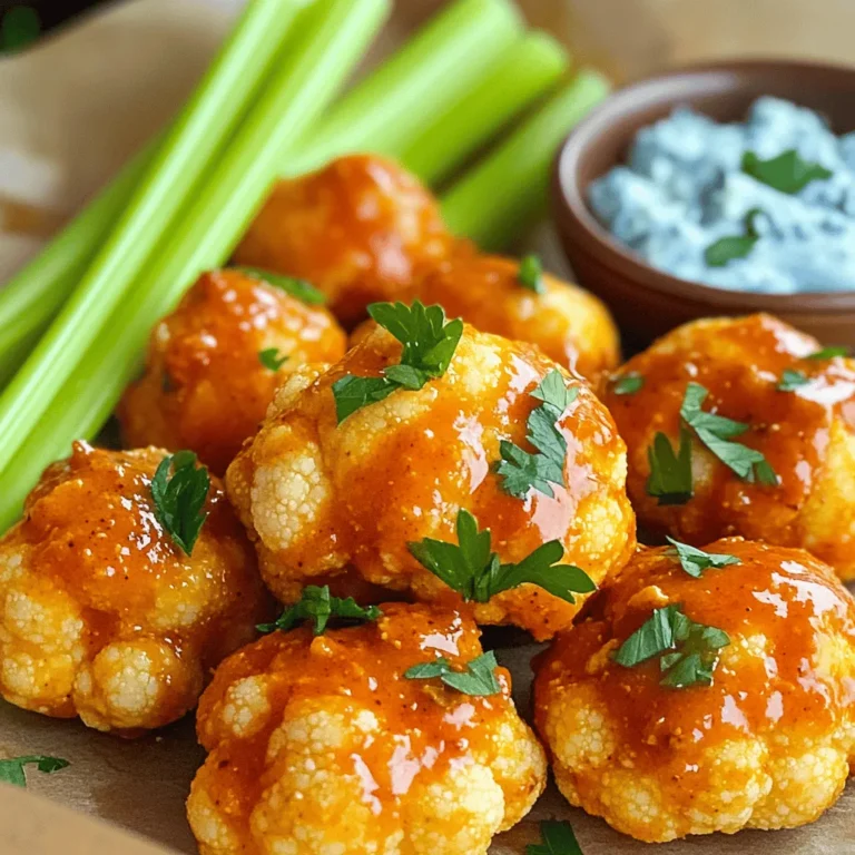 To make tasty Buffalo Cauliflower Bites, gather these ingredients: - 1 medium head of cauliflower, cut into bite-sized florets - 1 cup all-purpose flour (or chickpea flour for gluten-free) - 1 cup water - 1 teaspoon garlic powder - 1 teaspoon onion powder - 1 teaspoon smoked paprika - ½ teaspoon salt - ½ teaspoon black pepper - 1 cup hot sauce (like Frank's RedHot) - 2 tablespoons melted vegan butter (or regular butter) - Fresh parsley, finely chopped (for garnish) - Celery sticks (for serving) - Blue cheese or ranch dressing (for dipping) These simple ingredients create a bold flavor. The cauliflower gives a nice crunch. The spices add warmth. The hot sauce brings the heat. You can use different flours if needed. I love how versatile this recipe is. For serving, I suggest pairing these bites with celery sticks. They add a nice crunch and balance the heat. Blue cheese or ranch dressing makes a perfect dip. You can also try other dips for fun! For the full recipe, check the section above. 1. Preheat your oven to 450°F. This high heat will help the bites become crispy. 2. Line a baking sheet with parchment paper. This step helps prevent sticking and makes cleanup easier. 1. In a large bowl, mix the flour, garlic powder, onion powder, smoked paprika, salt, and black pepper. 2. Gradually add water while whisking. Keep going until you have a smooth batter. 1. Take each cauliflower floret and dip it into the batter. Make sure it is fully coated. 2. Shake off any extra batter and place the florets on the baking sheet in a single layer. This helps them cook evenly. 3. Bake for about 20 minutes. Look for a crispy, golden-brown color around the edges. 1. While the cauliflower bakes, mix the hot sauce and melted butter in a bowl. Stir well until it blends smoothly. 1. After the first bake, take out the cauliflower. Place it in the bowl with the buffalo sauce. Toss gently to coat each piece. 2. Return the coated bites to the baking sheet. Bake again for 10-15 minutes. This step makes them even crispier. Enjoy these flavorful and crispy treats with your favorite dipping sauce! For the complete recipe, check the Full Recipe section. To get your buffalo cauliflower bites really crispy, use a few simple methods. First, ensure your oven is fully preheated to 450°F. This helps create that crunchy texture. Second, spread the florets out on the baking sheet. They should not touch each other. This allows hot air to circulate around each piece, making them crispier. If your oven runs hot or cool, check the bites at 15 minutes. Adjust the time as needed to get that golden-brown color. Adding spices can take your bites to the next level. Try adding cayenne pepper for heat or smoked paprika for a smoky flavor. You can also mix some cumin for a warm taste. Marinating the cauliflower in hot sauce before coating it can deepen the flavor. Let it sit for about 30 minutes. This extra step makes each bite pack a punch. Buffalo cauliflower bites shine when paired with fresh sides. Celery sticks are classic, but carrot sticks work great too. For a fun platter, add cucumber slices and cherry tomatoes. When plating, use a large, colorful dish. This makes the bright orange bites pop. Serve with blue cheese or ranch dressing in small bowls for dipping. Keep portion sizes small so guests can return for more! {{image_4}} You can easily make buffalo cauliflower bites gluten-free. Just swap out all-purpose flour for chickpea flour. Chickpea flour gives a nice texture and flavor. It works well in the batter. You still follow the same steps in the Full Recipe. Make sure to check the hot sauce too. Some brands may contain gluten, so read the label. To make these bites vegan, choose plant-based butter. Many brands offer great options. You can also use almond or cashew milk instead of water. For dipping sauces, consider using dairy-free ranch. Coconut yogurt mixed with spices makes a tasty dip too. You can also blend avocado for a creamy sauce. Experiment with various hot sauces to change the heat level. For a milder flavor, try a sweet chili sauce. You can also mix in different seasonings. Adding smoked paprika or cumin gives a unique taste. If you love garlic, toss in extra garlic powder. The more you play with flavors, the more fun the bites become! To store leftover buffalo cauliflower bites, let them cool first. Place them in an airtight container. This keeps them fresh for up to three days. I recommend using glass containers. They seal tightly and prevent odors from mixing. If you have a lot, use a larger container. Keep the bites in a single layer to avoid crushing. To reheat and keep them crispy, use an oven or air fryer. Avoid the microwave; it makes them soggy. Preheat your oven to 400°F (200°C). Spread the cauliflower bites on a baking sheet. Heat for about 10 minutes. If using an air fryer, set it to 350°F (175°C) and cook for about 5-7 minutes. Check them often to avoid burning. Enjoy your buffalo cauliflower bites just like when they were fresh! Buffalo cauliflower bites can last about 3 to 5 days in the fridge. Store them in an airtight container. This keeps them fresh and tasty for your next snack! Yes, you can prepare buffalo cauliflower bites ahead of time! Just make the batter and coat the florets. Store them in the fridge until you are ready to bake. This saves time when you want a quick treat. If you want a milder flavor, you can use BBQ sauce or sweet chili sauce. These options add a different taste while still being delicious. Just adjust the amount to fit your spice level. Buffalo cauliflower bites are a healthier snack choice than regular buffalo wings. They are lower in calories and fat. Cauliflower is rich in vitamins and fiber, making this a tasty and nutritious option. Yes, baking is a great option! It makes the bites crispy without all the oil from frying. Follow the baking instructions in the full recipe for the best results. Buffalo cauliflower bites taste amazing with blue cheese or ranch dressing. You can also try dairy-free options for a vegan twist. Celery sticks are a nice crunchy addition for dipping too! Check out the full recipe for buffalo cauliflower bites to make this flavorful snack at home. Buffalo cauliflower bites are a fun and tasty snack. We covered the ingredients, from spices to serving ideas. Then, we walked through the steps to bake these bites perfectly. Don't forget the tips for crispiness and flavor twists. You can even make gluten-free and vegan variations! Store leftovers right to keep them fresh. Now, enjoy experimenting with this recipe. Make it your own and share with friends. Try these bites for your next party or movie night!