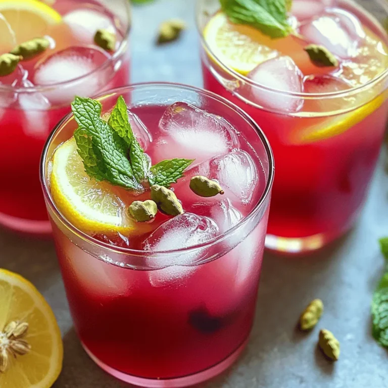 - 4 ripe plums, pitted and thinly sliced - 5 cups of water - 4 black tea bags or 4 tablespoons of loose black tea - 5 whole green cardamom pods, lightly crushed - 1/4 cup of honey (adjustable) - Ice cubes - Fresh mint leaves, for garnish - Lemon slices, for garnish You can find these ingredients in several places: - Local grocery stores - Specialty tea shops - Online retailers Fresh plums are often found in the produce section. Look for ones that are ripe and fragrant. For cardamom, check the spice aisle. If you want loose black tea, a specialty tea shop is a great choice. Honey can be found in the baking aisle. When you gather your ingredients, think about how each one adds flavor. The ripe plums bring sweetness, while cardamom adds warmth. This balance makes the iced tea special. You can also adjust the honey to match your taste. If you want to explore more ways to use these ingredients, check out the Full Recipe for Plum Cardamom Iced Tea. It gives you a great starting point to make this refreshing drink. 1. Begin by boiling 5 cups of water in a medium saucepan. 2. Once the water boils, remove it from heat. 3. Add 4 black tea bags and 5 crushed cardamom pods. 4. Let them steep for 5 to 7 minutes. 5. While the tea steeps, prepare the plum puree. 6. In a blender, mix the sliced plums until they are smooth. 1. After steeping, strain the tea into a large pitcher. 2. Discard the tea bags and cardamom pods. 3. While the tea is warm, mix in the plum puree. 4. Add 1/4 cup of honey to the mixture. 5. Stir gently and taste. Adjust the sweetness if needed. 1. Let the tea cool to room temperature. 2. Once cooled, place the pitcher in the fridge for at least 2 hours. 3. To serve, fill glasses with ice cubes. 4. Pour the chilled tea over the ice. 5. Garnish with fresh mint leaves and a lemon slice for extra flair. For the complete recipe, check the Full Recipe section. - Adjusting sweetness and acidity: Start with the suggested 1/4 cup of honey. Taste the tea after mixing in the plum puree. If it feels too sweet, add a splash of lemon juice. This will balance the flavors and add a nice zing. - Experimenting with steeping times: I suggest steeping the tea for 5-7 minutes. If you want a stronger flavor, steep for an extra minute or two. Just be careful, as steeping too long can make the tea bitter. - Serving in clear glasses: I love using clear glasses for this drink. The vibrant plum color looks beautiful, and it makes the drink more inviting. - Adding decorative elements: Consider using a decorative straw. Place a few whole cardamom pods in each glass. This adds a lovely aroma and makes the drink feel special. - Nutritional benefits of plums and cardamom: Plums are high in vitamins C and K. They also have fiber, which is good for digestion. Cardamom can help with digestion too and may even reduce blood pressure. - Hydration and refreshing properties: Iced tea is a great way to stay cool. This drink hydrates you while offering the sweetness of plums and the warm spice of cardamom. It's perfect for hot days! {{image_4}} You can change the sweetness in your Plum Cardamom Iced Tea by using different sweeteners. Here are two great options: - Maple syrup - Agave nectar Maple syrup adds a rich taste. It pairs well with the plums. Agave nectar is lighter and sweeter. It dissolves easily, making it a good choice. Adjust the amount according to your taste. Want to mix it up? Try using herbal tea instead of black tea. Herbal teas like chamomile or mint give a unique twist. You can also infuse your drink with other spices. For example, adding cinnamon can give a warm flavor. Experimenting with herbs opens up new tastes. Seasonal fruits can enhance your iced tea. Try adding peaches or berries for a fresh flavor. You can also use seasonal herbs. Basil or thyme can add an interesting layer. Each season brings new possibilities to make this drink exciting. Check out the Full Recipe to explore these variations. Store your leftover Plum Cardamom Iced Tea in airtight containers. This keeps it fresh and tasty. Make sure to seal the containers well to avoid air exposure. You can refrigerate the tea for up to a week. For the best flavor, drink your tea within five days. After that, the taste may fade. Signs of spoilage include off smells or a change in color. If your iced tea looks or smells strange, it's best to toss it. You can repurpose any leftover plum puree in smoothies or yogurt. It adds a sweet touch! The cardamom pods can be reused in other teas or dishes. Just rinse them off and dry them before using again. Plum Cardamom Iced Tea is a refreshing drink. It blends sweet plums and warm cardamom. The tea has a fruity, fragrant flavor. The plums add a rich sweetness, while cardamom gives a spicy, aromatic touch. Together, they create a delightful balance. This drink is perfect for hot days or gatherings. Making Plum Cardamom Iced Tea takes about 15 minutes to prepare. You boil water, steep the tea, and blend plums. Then, you need at least 2 hours for chilling. So, plan for about 2 hours and 15 minutes total. This time lets the flavors mix well, creating a tasty drink. Yes, you can use different teas. Herbal teas like chamomile or green tea can work well. If you want a stronger flavor, try using black tea. Each type of tea brings its own taste. Experimenting can lead to fun new flavors in your iced tea. You can find plums at local grocery stores. Look for ripe ones in the produce section. Cardamom can be found in spice aisles. You can also buy both online. Many specialty sites offer fresh spices and fruits. Plum Cardamom Iced Tea has many health benefits. Plums are high in vitamins and antioxidants. Cardamom can aid digestion and add flavor without extra sugar. Honey gives a natural sweetness. This drink helps you stay hydrated. It’s a healthy choice for a refreshing treat. Absolutely! You can easily double or triple the recipe. Just use more plums, tea, and water. Make sure to adjust the honey to taste. A larger batch is great for parties or gatherings. Serve in a big pitcher and enjoy with friends. You learned how to make Plum Cardamom Iced Tea. We covered the ingredients and step-by-step instructions. You can find the ingredients easily in stores or online. Tips on perfecting the taste and making it look great were also shared. Remember, you can get creative with variations and adjust for your taste. Store your leftovers correctly and enjoy the health benefits. This refreshing tea is perfect for any occasion and is fun to make. Enjoy your drink and have fun experimenting!