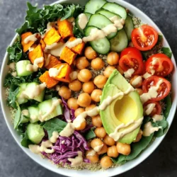 To make a tasty Vegan Buddha Bowl, gather these key ingredients: - 1 cup cooked quinoa - 1 cup chickpeas, drained and rinsed - 1 cup sweet potato, cubed - 1 avocado, sliced - 2 cups mixed greens (such as spinach, kale, and arugula) - 1/2 cup cherry tomatoes, halved - 1/4 cup red cabbage, shredded - 1/4 cup cucumber, diced These ingredients not only add color but also great nutrition. Quinoa offers protein, while chickpeas add fiber. Sweet potatoes bring sweetness and vitamins. Fresh greens and veggies give crunch and freshness. For the dressing, you need: - 3 tablespoons tahini - 2 tablespoons fresh lemon juice - 1 tablespoon maple syrup - Salt and freshly ground pepper to taste This dressing is creamy and tangy. It ties all the flavors together. You can adjust it to your taste. For a bit of sweetness, maple syrup works great. You can customize your bowl with these optional ingredients: - Nuts and seeds - Additional vegetables - Grains Adding nuts or seeds boosts protein and healthy fats. Extra veggies can enhance flavor and texture. Other grains like brown rice can change the base. Feel free to mix and match! For the full recipe, check out the Nourishing Vegan Buddha Bowl. 1. Preheating the oven: Start by turning your oven to 400°F (200°C). This heat helps the sweet potatoes roast nicely. 2. Roasting technique: In a bowl, toss cubed sweet potato with olive oil and a good pinch of salt. Spread them on a baking sheet. Roast for 25-30 minutes, turning halfway. They should be golden brown and tender when done. 1. Rinsing instructions: To prepare quinoa, rinse 1 cup under cold water. This removes its natural coating and makes it taste better. 2. Cooking method: In a pot, mix the rinsed quinoa with 2 cups of water. Bring it to a boil, then lower the heat. Cover and let it simmer for about 15 minutes. Once all the water is gone, fluff it with a fork. 1. Combining ingredients: In a small bowl, mix tahini, fresh lemon juice, maple syrup, and a pinch of salt. Whisk it until it's smooth and creamy. 2. Adjusting consistency: If the dressing is too thick, add a little water. Stir until you reach your desired texture. 1. Layering guidelines: Grab a large bowl or a wide plate. Start with quinoa as the base. Next, layer the roasted sweet potatoes and chickpeas. 2. Presentation tips: Add vibrant mixed greens, cherry tomatoes, shredded red cabbage, and diced cucumber on top. Make it colorful and fun! 1. Seasoning to taste: Sprinkle some extra salt and freshly ground pepper over the bowl. This boosts the flavor. 2. Serving suggestions: Serve the bowl right away. For the best taste, mix the ingredients gently just before eating. Enjoy your flavorful Vegan Buddha Bowl! For the complete recipe, check out the Full Recipe. To make your quinoa more flavorful, try cooking it in vegetable broth instead of water. This simple change adds depth to the grain. You can also add herbs like thyme or bay leaves during cooking for extra taste. Roasting vegetables is an art. To get them perfectly roasted, cut them into even pieces. This helps them cook evenly. Toss them in olive oil and add salt and pepper. Roast at 400°F (200°C) for about 25-30 minutes. Turn them halfway for even browning. Sweet potatoes should be golden and tender when done. If you don’t have tahini, you can use sunflower seed butter or peanut butter. Both options provide a creamy texture and a unique taste. You can also add a splash of soy sauce for an umami kick. For a zesty twist, try adding minced garlic or fresh herbs to your dressing. A bit of ginger can also give it a nice bite. These small changes can really elevate the flavors in your bowl. You can swap chickpeas for lentils or black beans for a different protein source. Tofu or tempeh are great options too. They are rich in protein and add a nice texture. Feel free to use seasonal vegetables for your Buddha bowl. In the summer, try zucchini or bell peppers. In the fall, roasted Brussels sprouts or butternut squash work well. Using what's fresh not only tastes better but is also good for the planet. For the complete recipe, check out Nourishing Vegan Buddha Bowl. {{image_4}} For a hearty Buddha bowl, add protein. Tofu or tempeh works great. Tofu is soft and soaks up flavors well. Tempeh has a firmer texture. Both are rich in protein and nutrients. Another option is lentils. They are easy to cook and full of fiber. You can use green or red lentils. They add a nice texture and earthy taste. Mix and match these proteins for extra variety. You can change the grain base in your Buddha bowl. While quinoa is popular, brown rice is another great choice. It has a chewy texture and nutty flavor. Farro is also an excellent option. It is slightly sweet and has a dense feel. Choose a grain that suits your taste. Each grain will give your bowl a unique twist. Add some global flair to your Buddha bowl. For a Mediterranean vibe, use olives, artichokes, and feta. Drizzle with olive oil and sprinkle some herbs. For an Asian-style bowl, add sesame seeds, green onions, and edamame. A soy sauce dressing can tie these flavors together. Don’t be afraid to mix different cultures. It makes your meal exciting and fresh. You can find the Full Recipe to create your own Vegan Buddha Bowl with these delightful variations. To store your Buddha bowl leftovers, place them in an airtight container. Keep it in the fridge. To reheat, use a microwave or a stovetop. If using a microwave, heat in short bursts. Stir between intervals to ensure even warming. For stovetop reheating, add a splash of water to prevent sticking. To keep the veggies fresh, store them separately. Mix them in just before eating. This keeps them crisp and bright. Preparation makes meal time easy. Start by cooking the quinoa and roasting sweet potatoes. You can do this ahead of time. Store them in the fridge for up to three days. Chop your veggies and keep them in separate containers. This makes assembly quick and fun. When you are ready to eat, just grab your prepped ingredients. Assemble your bowl and drizzle the dressing on top. It’s that simple! Your Vegan Buddha bowl lasts about three days in the fridge. After that, the flavors and textures may change. Look for signs of spoilage. If the veggies are slimy or smell off, it’s time to toss them. Trust your senses. If it doesn’t look or smell good, don’t eat it. Keeping track of freshness helps you enjoy every bite! A Buddha bowl is a colorful, healthy meal. It has roots in Asian culture. These bowls often have grains, veggies, and protein. They are named after Buddha’s round belly, symbolizing abundance. The mix of flavors and colors is key. You can use many ingredients to build your own version. Yes, this vegan Buddha bowl is gluten-free! Quinoa is a great choice for gluten-free grains. Chickpeas and most veggies also fit this diet. Always check labels if you use packaged items. Some dressings can contain gluten, so make sure to use gluten-free options. To make your bowl more filling, add extra protein. You can use tofu, tempeh, or edamame. Nuts and seeds are also great options. Try adding more grains, like brown rice or farro. You can even mix in some roasted veggies for more texture and taste. Yes, you can make the tahini dressing ahead of time. Store it in a jar with a lid. It will last in the fridge for about a week. Just give it a good shake before using it again. If it gets too thick, add a bit of water to thin it. When serving, start with a base of quinoa. Layer your ingredients in sections for a pretty look. You can mix everything together before eating or leave it layered. Drizzle the tahini dressing on top. This adds flavor and a nice touch. Enjoy every bite of this vibrant meal! For the full recipe, check out the Nourishing Vegan Buddha Bowl . This blog post shared how to create a delicious vegan Buddha bowl. We covered key ingredients like quinoa, chickpeas, and roasted sweet potatoes. I gave step-by-step instructions for each part, from cooking the quinoa to making the dressing. You learned about variations and tips to make it your own. Feel free to mix in any protein or grains you like. Enjoy making a bowl full of flavor and nutrition. With these ideas, you can craft a meal that delights your taste buds. Happy cooking!