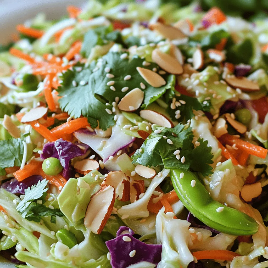 - 2 cups fresh green cabbage, finely sliced - 1 cup vibrant purple cabbage, finely sliced - 1 cup carrots, freshly grated - 1 red bell pepper, thinly sliced into strips - 1 cup sugar snap peas, halved - 1/2 cup green onions, finely chopped - 1/4 cup fresh cilantro, chopped - 1/4 cup rice vinegar - 2 tablespoons soy sauce (or tamari for gluten-free) - 1 tablespoon sesame oil - 1 tablespoon honey or maple syrup - 1 teaspoon fresh ginger, grated - 1 garlic clove, minced - Salt and pepper to taste - 1/4 cup toasted sesame seeds - 1/4 cup slivered almonds The crunch in this slaw comes from fresh veggies. Green and purple cabbage give great color and texture. Carrots add sweetness, while red bell pepper boosts flavor. Sugar snap peas bring a crisp bite. Green onions and cilantro offer fresh notes, making this slaw bright and lively. The dressing is where the magic happens. Rice vinegar adds a tangy punch. Soy sauce or tamari gives it depth. Sesame oil adds richness. Honey or maple syrup balances the flavors. Fresh ginger and garlic bring warmth. Salt and pepper round it all out. You can top the slaw with toasted sesame seeds and slivered almonds for extra crunch and nuttiness. This will not only add flavor but also make it look beautiful. For the full recipe, check out Crunchy Asian Slaw Delight. To make this Crunchy Asian Slaw, start by gathering your fresh veggies. Here’s what you need to combine: - 2 cups fresh green cabbage, finely sliced - 1 cup vibrant purple cabbage, finely sliced - 1 cup carrots, freshly grated - 1 red bell pepper, thinly sliced into strips - 1 cup sugar snap peas, halved for easy eating - 1/2 cup green onions, finely chopped - 1/4 cup fresh cilantro, chopped for flavor In a large bowl, toss these veggies together. Make sure they mix well. You want each bite to have a bit of everything. The colors will look beautiful together. Next, it's time to whip up the dressing. This part is simple. Gather these ingredients: - 1/4 cup rice vinegar, for tanginess - 2 tablespoons soy sauce (or tamari for a gluten-free alternative) - 1 tablespoon sesame oil, enriching the flavor - 1 tablespoon honey or maple syrup, to balance the acidity - 1 teaspoon fresh ginger, grated for a zing - 1 garlic clove, minced for depth of flavor - Salt and pepper to taste In a small bowl, whisk together all these ingredients. Keep whisking until you have a smooth, well-blended dressing. Adjust the salt and pepper to match your taste. Now, let’s bring it all together! Drizzle the dressing over your slaw mixture. Use a large spoon to toss everything well. You want every veggie coated in that tasty dressing. Let it rest for about 15 minutes. This step is key. It allows the flavors to meld and the veggies to soften just a bit. Before you serve, sprinkle toasted sesame seeds and slivered almonds on top. This adds a nice crunch. Enjoy your fresh and flavorful dish! For the complete recipe, check out the [Full Recipe]. Let the slaw rest for at least 15 minutes. This helps the veggies soften a bit. It also allows the dressing to soak in. The flavors will blend together better. You will taste the difference in every bite. Feel free to add or swap veggies. You can use radishes, bok choy, or even cucumbers. If you like heat, add some sliced jalapeños. For a different crunch, try sunflower seeds instead of almonds. Make this slaw your own based on what you love. Serve the slaw in a shallow bowl for a nice look. Mound the slaw in the center. Top it with toasted sesame seeds and slivered almonds. For a pop of color, add fresh cilantro on top. This makes the dish more appealing and fun to eat. {{image_4}} If you want a nut-free slaw, skip the slivered almonds. Instead, use seeds like sunflower or pumpkin seeds. These seeds add crunch and flavor without nuts. They also keep the slaw safe for those with nut allergies. For a spicy kick, consider adding sliced jalapeños. You can also mix in a dash of sriracha into the dressing. This will give your slaw a fun heat that pairs well with the sweet and tangy flavors. Adjust the heat level to suit your taste. To make your slaw more filling, add a protein source. Grilled chicken, tofu, or shrimp work well. Simply toss them into the slaw before serving. This makes a great meal on its own or a hearty side dish. You can enjoy it with your favorite main course. For the full recipe, check out the Crunchy Asian Slaw Delight. Store your crunchy Asian slaw in an airtight container. This keeps it fresh for 2-3 days in the refrigerator. The cold air slows down the wilting process, helping maintain its crispness. Just make sure the lid seals tightly to keep out moisture. Freezing crunchy Asian slaw is not recommended. When you thaw it, the texture changes. It can become mushy and lose its delightful crunch. Instead, enjoy it fresh for the best taste and texture. If you have leftovers, give them a boost! Toss in a bit of fresh dressing before serving. This extra touch adds flavor and helps revive the slaw’s initial zing. It’s a simple way to make leftovers feel new again. Yes, but for best flavor, dress it just before serving. The vegetables stay crisp this way. If you mix the dressing early, the veggies may get soggy. Keep the slaw and dressing separate in the fridge. This keeps everything fresh and crunchy until you are ready to enjoy. Crunchy Asian slaw pairs well with grilled meats, sandwiches, or as a side to Asian dishes. The bright flavors complement chicken, pork, or fish. Try serving it with teriyaki chicken or a classic burger. It adds a refreshing crunch to any meal. Use maple syrup instead of honey and ensure the soy sauce is vegan-friendly. This simple swap makes the dish plant-based. You can also add more veggies or nuts for extra flavor and texture. The slaw will still be delicious and satisfying. Use tamari as a gluten-free alternative to soy sauce for this recipe. This swap allows those with gluten sensitivities to enjoy the slaw. Always check labels on sauces to ensure they are gluten-free. Enjoy this vibrant dish without worry. This blog covered how to make Crunchy Asian Slaw from fresh veggies to the perfect dressing. Remember, you can customize the slaw and add your favorite toppings. Letting the slaw sit improves its taste, so don’t rush that step. Store any leftovers properly to keep them fresh. Whether you're serving it as a side or making it heartier, this slaw is a crowd-pleaser. Enjoy creating your own delicious version!