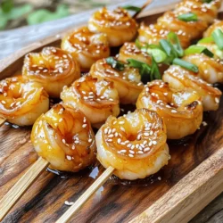 To start, gather the following fresh ingredients: - 1 pound large shrimp, peeled and deveined - 1/3 cup honey - 1/4 cup low-sodium soy sauce - 4 cloves garlic, finely minced - 1 tablespoon fresh ginger, grated - 2 tablespoons extra virgin olive oil - Skewers (wooden or metal) These ingredients work together to create a sweet and savory blend. The honey gives a nice glaze, while the soy sauce adds depth. To elevate your dish, consider these garnishes: - 1 tablespoon sesame seeds - 1 tablespoon chopped green onions These optional garnishes add a nice crunch and color. They enhance the dish's presentation and flavor. If you need to swap some items, here are a few ideas: - Use maple syrup instead of honey for a vegan option. - Replace low-sodium soy sauce with tamari for a gluten-free version. - Use garlic powder if you don’t have fresh garlic. These substitutions help keep the dish tasty and cater to different diets. Feel free to mix and match based on what you have on hand. For the full recipe, follow the steps outlined above. Start with the skewers. If you have wooden skewers, soak them in water for 30 minutes. This step stops them from burning on the grill. If you use metal skewers, you can skip this step. Next, let’s make the marinade. In a medium bowl, mix together the honey, low-sodium soy sauce, minced garlic, grated ginger, and olive oil. Whisk until it’s smooth and all the ingredients blend well. This marinade brings sweet and savory flavors to the shrimp. Now, add the shrimp to the marinade. Make sure each shrimp gets a nice coating. Let them sit for at least 20 minutes. For a stronger flavor, refrigerate them for up to 1 hour. This time allows the shrimp to soak in all that delicious taste. While the shrimp marinates, preheat your grill to medium-high heat. Once ready, thread the marinated shrimp onto the skewers. Leave small gaps between each shrimp for even cooking. Place the skewers on the grill and cook for about 2-3 minutes per side. Watch closely! The shrimp should turn pink and opaque. Overcooking can make them chewy. Remove the skewers from the grill, garnish them with sesame seeds and green onions, and enjoy your tasty treat! To cook shrimp just right, aim for a bright pink color. Cook them for 2-3 minutes on each side. Shrimp cook fast, so watch them closely. Overcooking makes them tough and rubbery. Always use fresh shrimp for the best taste. If using frozen shrimp, thaw them completely first. This helps them cook evenly. When skewering, leave small gaps between the shrimp. This allows heat to circulate and cook them evenly. Use soaked wooden skewers to avoid burning. If you prefer metal skewers, they work well too. Make sure to thread the shrimp through the thickest part. This keeps them secure during grilling. Serve these skewers hot off the grill. Arrange them on a bright platter for a pop of color. Add a sprinkle of sesame seeds and green onions for flair. Offer extra honey sauce on the side for drizzling. Fresh lime wedges also add a nice zing. Pair the skewers with rice or a fresh salad for a complete meal. Check out the Full Recipe for more details. {{image_4}} You can boost flavor and nutrition by adding veggies. Bell peppers, zucchini, and cherry tomatoes work great. Cut them into chunks and thread them on the skewers with shrimp. This adds color and a nice crunch. You can also try mushrooms or onions for extra taste. Just remember to cut your veggies similar in size to the shrimp for even cooking. If you want to mix things up, try new marinades. A spicy chili sauce can add heat. You can also use lime juice for a fresh twist. For a more tropical flavor, mix in some pineapple juice. If you love herbs, add fresh cilantro or basil. Each marinade will create a unique taste and make your dish exciting. Grilling gives shrimp a smoky flavor. It’s quick and easy! Just watch the time to avoid overcooking. If you prefer baking, preheat your oven to 400°F. Place the skewers on a baking sheet and bake for about 8-10 minutes. Baking keeps everything juicy. Both methods have their perks, so choose what works best for you! For more details, check out the Full Recipe. After enjoying your honey garlic shrimp skewers, you may have some left. Store them in an airtight container. They stay fresh in the fridge for up to three days. Be sure to let them cool before sealing. This helps keep the shrimp tender and tasty. To reheat your shrimp skewers, use the oven or a skillet. If using an oven, preheat it to 350°F (175°C). Place the skewers on a baking sheet and heat for about 10 minutes. If using a skillet, add a splash of water to create steam. Heat on low for about 5 minutes. This keeps the shrimp juicy and flavorful. You can freeze leftover skewers for longer storage. Wrap each skewer in plastic wrap and then in foil. This helps prevent freezer burn. They can stay in the freezer for up to three months. When ready to eat, thaw them in the fridge overnight. Reheat as mentioned for a delicious meal again. For the full recipe, check the earlier sections. Yes, you can use frozen shrimp. Just thaw them before marinating. Place them in a bowl of cold water for about 15-20 minutes. This keeps the shrimp tender and juicy. You can marinate the shrimp for 20 minutes to 1 hour. For a stronger flavor, I recommend 30 minutes. Just don’t leave them too long, or they may get mushy. These skewers pair well with many sides. Some great options include: - Steamed rice - Grilled vegetables - Fresh salad - Garlic bread You can mix and match these sides for a complete meal. For the full recipe, check out the Honey Garlic Shrimp Skewers. This dish is simple yet packed with flavor. Each bite gives you a burst of sweet and savory goodness. Enjoy it as a fun appetizer or a main dish. Honey garlic shrimp skewers are simple to make and tasty to eat. We discussed the key ingredients, like shrimp and garlic, and fun extras to make your dish shine. I shared tips for grilling and cooking shrimp to get them just right. You can even mix it up with veggies or different marinades. Remember to store leftovers properly and reheat them well. Don’t forget to try new sides to pair with your skewers. Enjoy crafting your own honey garlic shrimp dish!
