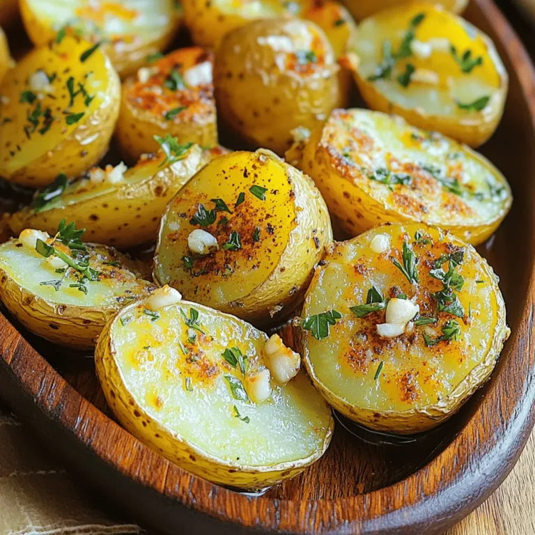 To make Garlic Herb Roasted Potatoes, gather the following ingredients: - 2 pounds baby potatoes, halved - 4 cloves garlic, finely minced - 3 tablespoons extra-virgin olive oil - 2 teaspoons dried rosemary - 2 teaspoons dried thyme - 1 teaspoon smoked paprika - Salt and freshly cracked black pepper, to taste - Fresh parsley, finely chopped (for garnish) These simple ingredients create a dish that is both hearty and flavorful. The baby potatoes are perfect for roasting. They are tender and have a lovely skin that crisps up nicely. Garlic adds a punch of flavor. When you roast it, garlic becomes sweet and mellow. The herbs bring freshness, while smoked paprika gives a warm depth. For garnish, fresh parsley adds a bright touch. It makes the dish look great and adds a hint of freshness. You can find the full recipe [here](#). Start by preheating your oven to 425°F (220°C). This high temperature helps roast the potatoes perfectly. It allows them to get crispy on the outside while staying soft inside. A hot oven is key to great roasted potatoes. Next, grab a big mixing bowl. Add 2 pounds of halved baby potatoes. Toss in 4 minced garlic cloves, 3 tablespoons of olive oil, 2 teaspoons of dried rosemary, 2 teaspoons of dried thyme, and 1 teaspoon of smoked paprika. Now, add salt and black pepper to taste. Use a spatula or your hands to mix everything. Make sure the potatoes get a good coat of oil and herbs. This step is vital for flavor. Spread the seasoned potatoes on a large baking sheet. Keep them in a single layer to allow for even cooking. If they are too crowded, they will steam instead of roast. Bake for 25-30 minutes. Halfway through, flip the potatoes. This helps them brown evenly. You want them golden and crispy on all sides. When they look perfect, take them out and let them cool for a few minutes. This will enhance their texture. For serving, place the potatoes in a nice dish and sprinkle with fresh parsley for color and flavor. For the complete recipe, check out the [Full Recipe]. When making garlic herb roasted potatoes, the right variety matters. I love using baby potatoes. They have a creamy texture and roast well. You can also try Yukon Gold or red potatoes. They hold their shape and soak up flavors nicely. Avoid starchy potatoes like Russets. They can turn mushy instead of crispy. You can boost the flavor of your potatoes with extra herbs and spices. Fresh herbs like rosemary and thyme work well. You can also add parsley for freshness. If you like a little kick, try red pepper flakes. For a smoky twist, add more smoked paprika. Each spice adds its own magic to the dish. To get that perfect crispiness, follow a few simple tricks. First, make sure your oven is hot enough. Preheat to 425°F (220°C). Second, space out the potatoes on the baking sheet. Crowding them makes steaming happen, not roasting. Finally, flip the potatoes halfway through cooking. This helps them brown evenly on all sides. For the best texture, let them cool for a few minutes after roasting. This step makes a big difference in crunch! {{image_4}} When it comes to herbs, you can customize your roasted potatoes. Fresh herbs offer a bright taste. Dried herbs, on the other hand, have a strong flavor. If you have fresh rosemary or thyme, use them. They add a lovely aroma. You can also mix herbs like oregano and basil for a unique twist. Experiment to find your favorite blend. Adding heat is an easy way to spice things up. Red pepper flakes bring a nice kick. Just a pinch can change the whole dish. You can also try spices like cumin or curry powder for a new vibe. These spices add warmth and depth. They can make your Garlic Herb Roasted Potatoes stand out. Combining potatoes with other veggies makes your dish more colorful and tasty. Think about adding carrots, bell peppers, or onions. Just chop them to a similar size as the potatoes. This ensures even cooking. Roasting mixed vegetables not only boosts flavor but also makes a vibrant plate. You can enjoy these tasty variations by following the [Full Recipe]. To store cooked Garlic Herb Roasted Potatoes, let them cool first. Place them in an airtight container. This prevents moisture loss and keeps them fresh. You can store them in the fridge for up to three days. When you’re ready to eat them, you will enjoy their taste and texture. To reheat the potatoes, use an oven or an air fryer. This helps maintain their crispy texture. Preheat your oven to 375°F (190°C). Spread the potatoes on a baking sheet. Heat them for about 10 to 15 minutes until warm. If using an air fryer, set it to 350°F (175°C) for about 5 to 7 minutes. Both methods keep your potatoes delicious. You can freeze Garlic Herb Roasted Potatoes if you want to save them longer. First, let them cool completely. Then, place them in a freezer-safe bag. Remove as much air as possible before sealing. They can last for up to three months in the freezer. To defrost, move them to the fridge overnight. Reheat them in the oven or air fryer for the best results. Enjoy the flavors just like when they were fresh! Garlic Herb Roasted Potatoes can last about 3 to 5 days in the fridge. To store them, place the leftovers in an airtight container. This helps keep them fresh and flavorful. When you are ready to eat, check for any signs of spoilage, like an off smell or changes in texture. Yes, you can use other types of potatoes! While baby potatoes are perfect for this recipe, you can try Yukon Gold or red potatoes. Both types have great flavor and texture. Just make sure to cut them into similar sizes for even cooking. These roasted potatoes pair well with many dishes. They go great with grilled chicken or fish. You can also serve them alongside a fresh salad or roasted vegetables. For a hearty meal, add a steak or a pork chop. The flavors complement each other nicely! Roasting garlic herb potatoes is simple and fun. You start with baby potatoes, garlic, and spices. After roasting, you achieve a crispy, tasty snack or side dish. Use fresh herbs or spices to change the flavor. Store leftovers properly to keep them fresh. Remember, these potatoes pair well with many meals. Enjoy the process, experiment with your ingredients, and savor the delicious results!