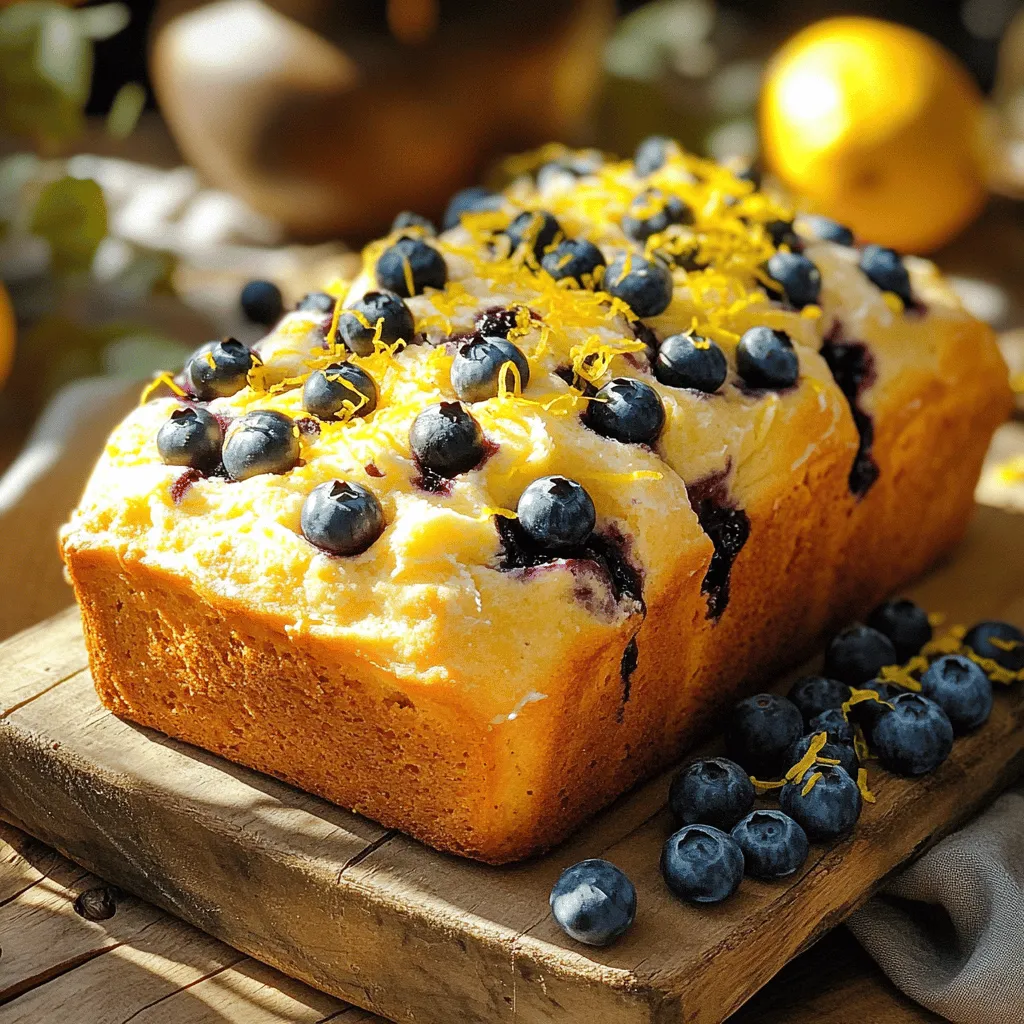 - Fresh blueberries - All-purpose flour - Baking powder and baking soda - Unsalted butter and granulated sugar - Eggs, vanilla extract, and lemon components - Buttermilk (or substitute) When making Lemon Blueberry Bread, fresh blueberries are key. They add sweetness and a burst of flavor. You can use frozen blueberries, but make sure to thaw and drain them first. All-purpose flour is the base of this bread, giving it structure. Baking powder and baking soda are the leavening agents that help the bread rise. Unsalted butter provides richness, while granulated sugar adds sweetness. Eggs hold everything together. They also help with the bread's texture. Pure vanilla extract enhances the flavor. Zest and juice from a lemon give the bread its signature tang. Buttermilk, or a milk and vinegar mix, keeps the bread moist and tender. You can adjust some ingredients based on your needs. For a gluten-free option, use a gluten-free flour blend. If you want to lower sugar, try using a sugar substitute. You can swap buttermilk with regular milk mixed with vinegar. If you have no lemons, lemon extract is a good alternative. To bake this bread, you need a few tools: - Loaf pan and mixer - Measuring cups and spoons - Parchment paper and mixing bowls A loaf pan is essential for shaping the bread. An electric mixer makes creaming butter and sugar easy. Measuring cups and spoons ensure accurate ingredient amounts. Parchment paper helps with easy bread removal. Mixing bowls are needed for combining all the ingredients. For the full recipe, refer to the section above. 1. First, preheat your oven to 350°F (175°C). This helps the bread bake evenly. 2. Grease a 9x5-inch loaf pan with butter or cooking spray. Line it with parchment paper. 3. Measure out your dry ingredients: 1 ½ cups all-purpose flour, 1 teaspoon baking powder, ½ teaspoon baking soda, and ½ teaspoon salt. Set this dry mix aside for later. 1. In a large bowl, cream together ½ cup unsalted butter and 1 cup granulated sugar. Use an electric mixer for about 3-4 minutes. This makes the mix light and fluffy. 2. Add 2 large eggs, one at a time. Mix well after each egg to blend them in. 3. Next, add 1 teaspoon pure vanilla extract, the zest of 1 lemon, and 2 tablespoons of freshly squeezed lemon juice. Mix until everything is combined well. 1. Now, slowly add your dry ingredients to the wet mix. Alternate with ½ cup buttermilk. Start with a third of the dry mix, then add half the buttermilk. Repeat this until all is mixed together. 2. Be careful not to overmix. You want a tender bread. 3. Gently fold in 1 cup of fresh blueberries with a spatula. Make sure not to smash the berries. 1. Pour the batter into your prepared loaf pan. Smooth the top with a spatula. 2. For decoration, scatter extra blueberries and a sprinkle of lemon zest on top. It looks great! 3. Bake the bread for 55-65 minutes. Check doneness by inserting a toothpick into the center. It should come out clean or with a few moist crumbs. 4. Once it’s done, let it cool in the pan for about 10 minutes. Lift it out using the parchment paper. Transfer it to a wire rack to cool completely. For the full recipe, check the section above. Enjoy your baking! To get the best lemon blueberry bread, avoid overmixing your batter. Overmixing can lead to tough bread. Mix just until everything is combined. This keeps it light and fluffy. Next, ensure your bread has the right texture and moisture. Use room temperature ingredients like eggs and butter. They blend better and help the bread rise evenly. Adding buttermilk also gives a soft crumb, making each slice tender. When it comes to blueberries, fresh is often best. Fresh blueberries burst with juice and flavor. However, frozen blueberries can work too. Just remember to thaw and drain them first. This prevents excess moisture in your batter. For an extra lemon kick, add more zest. Zest brings bright flavor without adding liquid. You can also squeeze in a bit more lemon juice for tang. These simple tweaks make your bread taste even better! The oven temperature is key for perfect baking. Set your oven to 350°F (175°C). This heat allows the bread to rise and bake evenly. If you live at a high altitude, you may need to adjust your recipe. Reduce the baking time and increase the oven temperature slightly. This helps counteract the lower air pressure. Keep an eye on your bread as it bakes. Check for doneness with a toothpick. For the full recipe, check out the full recipe section. {{image_4}} You can change the flavor of your Lemon Blueberry Bread in fun ways. Adding nuts gives a nice crunch. Try using walnuts or pecans for a rich taste. Spices like cinnamon or nutmeg can also enhance the bread's warmth. You may also swap out blueberries for other fruits. Raspberries or strawberries work well too. They add a different sweetness and color. Mix and match to find your favorite combo! If you follow a vegan diet, you can still enjoy this bread. Replace the eggs with flaxseed meal or applesauce. Use a plant-based butter for a creamy texture. For gluten-free options, try a gluten-free flour blend. Make sure it has a binding agent like xanthan gum. You can also create a low-sugar version by using a sugar substitute. This helps keep it sweet but lower in calories. Lemon Blueberry Bread makes a great breakfast or dessert. Serve it warm with a pat of butter. You can also add a dollop of whipped cream or yogurt on top for a treat. Pair the bread with beverages for a complete meal. A cup of tea or coffee complements the flavors nicely. For a refreshing twist, try it with lemonade or iced tea. Enjoy this versatile bread any time of day! After you bake your Lemon Blueberry Bread, you'll want to keep it fresh. You can store it at room temperature for a few days. Just wrap it in plastic wrap or foil. This keeps it moist and tasty. If you live in a warm area, the fridge is better. It helps prevent mold but may dry out the bread. To keep the bread fresh, always ensure it’s cool before wrapping. This prevents steam build-up, which can make the bread soggy. A slice of bread tastes best fresh, but a good wrap can help it last longer. If you want to save your Lemon Blueberry Bread for later, freezing works great. First, let the bread cool completely. Then, wrap it tightly in plastic wrap. You can also use aluminum foil for added protection. This keeps out air and prevents freezer burn. When you’re ready to enjoy it, take it out of the freezer. Let it thaw in the fridge overnight or at room temperature for a few hours. To reheat, slice what you need and pop it in the microwave for a few seconds. You can also warm slices in the oven at 350°F for about 10 minutes. This will make the bread taste fresh again! For the Full Recipe, check the earlier sections. To check if your Lemon Blueberry Bread is done, insert a toothpick into the center. If it comes out clean, the bread is ready. You can also press the top gently; it should spring back. A golden brown color is another good sign of doneness. The bread may take 55 to 65 minutes to bake, but ovens vary. Yes, you can use other fruits. Raspberries, blackberries, or strawberries work well. Just make sure to adjust the amount to match the blueberries. For a twist, try mixing fruits together. This adds a fun flavor mix to your bread. If you don’t have buttermilk, you can make a quick substitute. Mix ½ cup of milk with 1½ teaspoons of vinegar or lemon juice. Let it sit for five minutes before using. This gives your bread the same tangy flavor and moisture. Lemon Blueberry Bread lasts about three days at room temperature. Keep it wrapped in plastic wrap or in an airtight container. If you want to store it longer, freeze it. Wrapped well, it can last up to three months. Just thaw it in the fridge when you're ready to enjoy it again. This blog post gives you a simple guide to making lemon blueberry bread. We covered all key ingredients needed, individual measurements, and helpful substitutes. I walked you through each step, from prepping to baking. Plus, I shared tips to get the best texture. You learned how to adjust for diets and create fun variations. Enjoying this bread means you'll have a treat for any time. Keep these tips in mind to make your baking successful and flavorful. Happy baking!