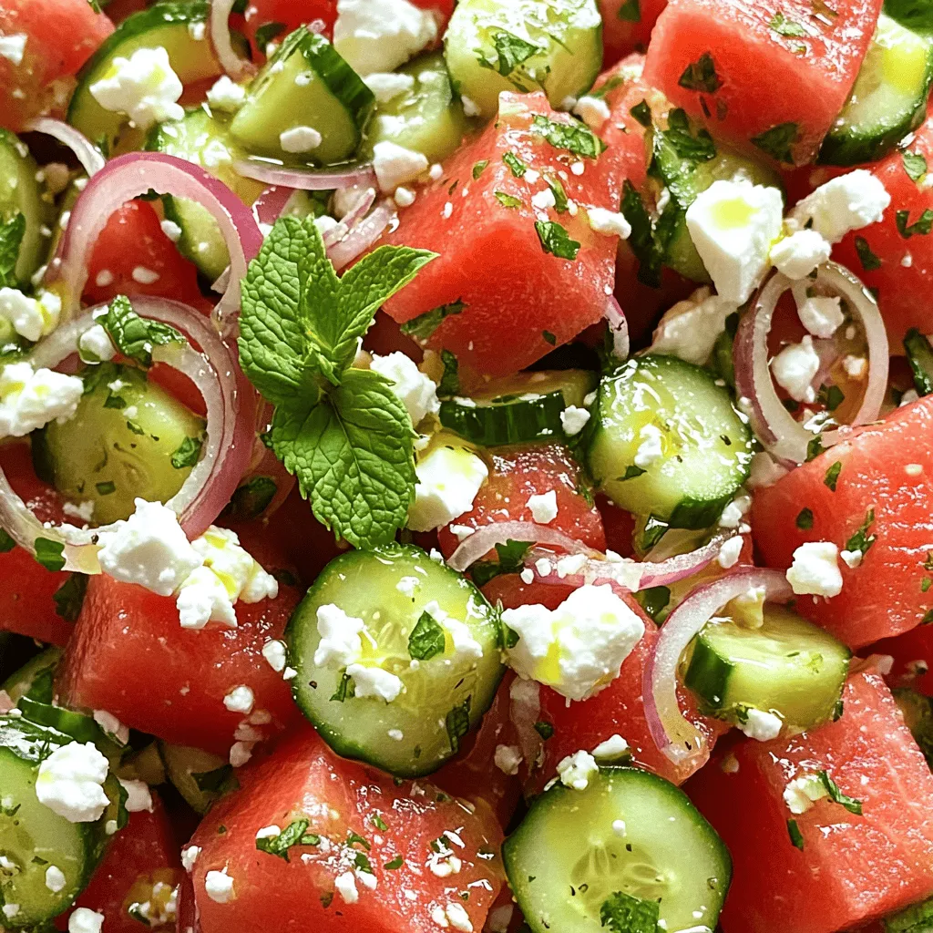 - 4 cups seedless watermelon, cut into bite-sized cubes - 1 large cucumber, diced into half-moon slices - 1 cup creamy crumbled feta cheese - 1/4 cup fresh mint leaves, finely chopped - 1/4 cup red onion, thinly sliced into rings - Sea salt and freshly cracked black pepper, to taste - 2 tablespoons premium extra-virgin olive oil - 1 tablespoon freshly squeezed lime juice This salad is bright and tasty. The main ingredients give it a fun mix of flavors. The watermelon is sweet and juicy, and the cucumber adds a cool crunch. I love how the feta cheese brings creaminess to each bite. For the aromatics and seasoning, fresh mint adds a burst of flavor. It makes the salad smell amazing! Using red onion gives it a sharp taste, and the salt and pepper bring everything together. The dressing is simple but packs a punch. Extra-virgin olive oil adds richness, while lime juice brings a zesty kick. You can find the full recipe to make this salad and impress your friends. - Cut the seedless watermelon into bite-sized cubes. - Place the cubes in a mixing bowl. Start by cutting your watermelon. This juicy fruit adds sweetness to our salad. Make sure the cubes are about one inch. This size helps them mix well with other ingredients. - Dice cucumber into half-moon shapes. - Gently fold into the bowl. Next, grab a large cucumber. Cut it into half-moon shapes. These shapes give a nice crunch. Gently fold the cucumber into the bowl with watermelon. This mix already looks colorful! - Add finely chopped mint and thinly sliced red onion. - Stir to combine. Now, we add fresh flavors! Chop up some mint leaves finely. Also, slice red onion into thin rings. Add both to your bowl. Stir everything gently. The mint gives a fresh taste, while the onion adds a bit of zing. - Whisk together olive oil, lime juice, salt, and pepper. For our dressing, take a small bowl. Whisk together olive oil and lime juice. Add a pinch of salt and some cracked black pepper. This mixture will add a burst of flavor. - Drizzle dressing over the salad mixture. - Toss gently to coat. Next, drizzle your dressing over the salad. Toss gently. You want every piece to get some dressing without smashing the watermelon. This will keep the salad fresh and bright. - Sprinkle feta cheese on top. - Lightly toss without breaking the cheese. Finally, sprinkle crumbled feta cheese on top of the salad. This cheese adds a creamy touch. Toss lightly, careful not to break the feta too much. This way, you get creamy bites with every scoop. For the full recipe, including ingredients and detailed steps, check out the Full Recipe. Enjoy your fresh and flavorful watermelon cucumber feta salad! - Serve in a large, shallow bowl or individual plates. - Garnish with whole mint leaves for color. For a stunning look, use a wide bowl. The bright colors will pop. Whole mint leaves add a fresh touch and aroma. You want your guests to feel excited before they even take a bite. - Allow salad to chill for 30 minutes before serving. - Adjust salt and pepper to taste. Chilling the salad helps the flavors mix well. The watermelon and cucumber absorb the dressing. Taste it before serving. You may want a bit more salt or pepper for a kick. - Use firm watermelon for the best texture. - Ensure cucumber is fresh for crunch. Choose a watermelon that feels heavy and firm. It should have a nice, sweet smell. Fresh cucumber adds a satisfying crunch. Avoid soft or mushy cucumbers to keep your salad crisp. For the full recipe, check it out [here](#). {{image_4}} Adding a twist to your Watermelon Cucumber Feta Salad keeps it fresh and fun. Here are some great ideas to change things up. - Add sliced avocados for creaminess. Avocados make the salad rich and smooth. - Incorporate cherry tomatoes for color and taste. They bring a juicy burst to every bite. - Try goat cheese for a different flavor profile. Goat cheese adds a tangy taste that contrasts well. - Use dairy-free feta for a vegan option. This keeps the salad plant-based and just as tasty. - Swap lime juice for lemon juice for a zestier taste. Lemon brightens the flavors while still being refreshing. - Experiment with balsamic vinegar for a sweet twist. Balsamic adds depth and a hint of sweetness. These variations let you customize your salad based on what you have at home or your taste. Feel free to mix and match! For the full recipe, check out the Watermelon Cucumber Feta Delight 🥒. Keep your watermelon cucumber feta salad in the fridge. Use an airtight container. It stays fresh for up to 1 day. I do not recommend long-term storage. The watermelon and cucumber can get soggy. This makes the salad less enjoyable. You can cut the watermelon and cucumber a few hours ahead. But dress the salad just before serving. This keeps the flavors bright and fresh. You want that crunch from the cucumber and the juiciness from the watermelon. For the full recipe, visit the Watermelon Cucumber Feta Delight section. Yes, but it's best to dress the salad just before serving to maintain freshness. The watermelon and cucumber taste best when they are crisp. If you dress it early, the salad may become soggy. Goat cheese or a dairy-free feta are good alternatives. Both options keep the salad creamy and flavorful. Goat cheese offers a tangy taste, while dairy-free feta is perfect for vegan diets. Not ideal for meal prep due to watermelon’s high water content, which can make it soggy. If you want to prep, keep the ingredients separate. Combine them just before eating for the best texture. Absolutely! Grilled chicken, shrimp, or chickpeas can be added for extra protein. These additions make the salad more filling and nutritious. You can customize it based on what you like! In summary, this watermelon salad blends juicy fruit, crisp veggies, and creamy feta. You learned to prepare it step by step, using fresh ingredients and simple dressing. Add mint and red onion for flavor, and consider tasty variations. Chilling before serving boosts taste. Keep it fresh for the best texture. Enjoy creating a colorful dish that delights at any meal!