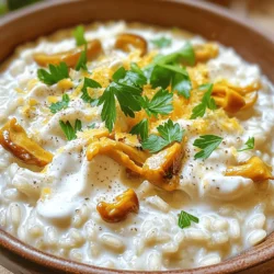 To make this creamy mushroom risotto, gather these simple ingredients: - 1 cup Arborio rice - 4 cups vegetable broth - 1 cup cremini or shiitake mushrooms, sliced - 1 small onion, finely chopped - 3 cloves garlic, minced - 1/2 cup heavy cream - 2 tablespoons truffle oil - 1/2 cup grated Parmesan cheese - 2 tablespoons extra virgin olive oil - Salt and freshly ground black pepper to taste - Fresh parsley, finely chopped (for garnish) Choosing the right brands can enhance your dish. I recommend: - Arborio Rice: Look for brands like Lundberg or Calrose. - Broth: Pacific Foods and Swanson make great vegetable broth. - Mushrooms: For fresh shiitake, try Monterey Mushrooms. - Parmesan Cheese: Grana Padano is a good choice for flavor. - Olive Oil: Extra virgin olive oil from Colavita offers great taste. Each serving of creamy mushroom risotto provides: - Calories: 400 - Protein: 10g - Carbohydrates: 50g - Dietary Fiber: 2g - Total Fat: 20g - Saturated Fat: 10g - Sodium: 600mg This meal is rich in flavor and nutrients, making it a satisfying choice. For the full recipe, check out Creamy Truffle Mushroom Risotto. It’s perfect for any dinner! Start by heating 4 cups of vegetable broth in a medium saucepan. Keep it on low heat. This warm broth helps the rice cook well. It ensures the rice absorbs the liquid evenly. If you add cold broth, it will cool the rice down. This step is key for creamy risotto. In a large skillet, pour in 2 tablespoons of extra virgin olive oil. Heat it over medium heat. Add 1 small finely chopped onion. Sauté the onion for about 3 to 4 minutes. It should turn soft and clear. Then, add 3 cloves of minced garlic and 1 cup of sliced mushrooms. I like using cremini or shiitake mushrooms for their rich taste. Cook this mixture for 5 to 7 minutes. Stir often until the mushrooms turn golden brown. This step brings out their deep flavors. Next, stir in 1 cup of Arborio rice. Toast the rice in the oil for about 1 to 2 minutes. This gives the rice a nutty flavor. After that, slowly add the warm vegetable broth. Use one ladle at a time. Stir the rice as you add the broth. Wait until most of the liquid is absorbed before adding more. Repeat this until the rice is creamy and al dente. This should take around 15 to 20 minutes. When it’s done, remove the skillet from heat. Mix in 1/2 cup of heavy cream, 1/2 cup of grated Parmesan cheese, and 2 tablespoons of truffle oil. Adjust the taste with salt and pepper. Let it sit for 1 minute before serving. For a beautiful touch, serve it in shallow bowls. You can drizzle extra truffle oil and add fresh parsley for garnish. For the full recipe, be sure to check the details above. To get that creamy texture, use Arborio rice. This rice type has high starch. Starch helps create a smooth mouthfeel. Always add warm broth slowly. Stir the rice often, which releases more starch. The key is patience; let it absorb each ladle before adding more. Mixing in heavy cream and cheese at the end boosts creaminess too. One mistake is using cold broth. Cold broth shocks the rice and slows cooking. Another is adding too much broth at once. This can lead to uneven cooking. Also, don’t skip the toasting step. Toasting enhances flavor and prepares the rice. Lastly, resist the urge to cook it too long. Overcooked risotto turns mushy instead of creamy. Creamy mushroom risotto pairs well with grilled chicken or roasted veggies. A fresh salad adds crunch and brightness. You can also serve it with a glass of white wine. Try a crisp Pinot Grigio or a light Sauvignon Blanc. For a nice touch, garnish with fresh parsley and a drizzle of truffle oil. These additions elevate the dish and make it visually appealing. Check out the Full Recipe for more details! {{image_4}} You can make your risotto heartier by adding protein. Cooked chicken, shrimp, or even bacon pair well with the creamy texture. For chicken, dice it into small pieces and sauté it with your onions. If using shrimp, add it when you mix in the mushrooms. For a smoky flavor, crispy bacon bits can be stirred in before serving. Each option brings a new taste and fills you up more. Fresh herbs can brighten the dish. Try adding thyme or rosemary while the rice cooks. This adds a lovely aroma and depth to the flavor. A pinch of red pepper flakes gives a nice kick. You can also finish with fresh basil or chives for a pop of color and taste. Experiment with your favorite herbs to find what you love most. You can easily make this risotto vegan. Swap heavy cream for coconut cream or cashew cream. Use nutritional yeast instead of Parmesan cheese for a cheesy taste without dairy. Choose vegetable broth that is low in sodium. This way, you keep the dish rich and creamy while catering to vegan diets. You won't miss the dairy at all! For more details on making this delicious dish, check out the Full Recipe. Store leftover risotto in an airtight container. Let it cool down first. Keep it in the fridge. It stays fresh for up to 3 days. If you want to enjoy it later, make sure to store it properly. To reheat risotto, add a splash of broth or water. This helps bring back its creamy texture. Heat it on the stove over low heat. Stir it often to prevent sticking. You can also use the microwave. Just cover it and heat in short bursts, stirring in between. You can freeze risotto, but it may change texture. Portion the risotto into freezer-safe bags. Remove as much air as possible before sealing. It can last up to 3 months in the freezer. When you're ready to eat, thaw it in the fridge overnight. Then reheat it as mentioned before. Enjoy your creamy mushroom risotto anytime! For the full recipe, check out the Creamy Truffle Mushroom Risotto. The best rice for risotto is Arborio rice. This variety has a high starch content. It helps create that creamy texture risotto is known for. Other good options include Carnaroli and Vialone Nano. They also have a good amount of starch. These types of rice absorb liquid well, which is key for flavor. Yes, you can make risotto in advance, but it may lose its creamy texture. To store it, let it cool completely. Then, place it in an airtight container in the fridge. When you’re ready to eat, reheat it on the stove. Add a splash of broth or water to restore creaminess. Stir it well while heating to ensure even warmth. To make risotto less creamy, simply reduce the amount of heavy cream. You can also use less broth. Cook the rice for less time until it achieves a firmer texture. Another method is to stir in more vegetables or protein. This will add bulk and flavor without extra creaminess. For those watching their calories, skip the cream entirely and focus on broth. For a detailed recipe, check out the Full Recipe. This post has covered all you need for delicious risotto. We explored essential ingredients, from a complete list to top brands and nutritional info. The step-by-step guide showed how to prepare the broth, sauté aromatics, and cook the rice perfectly. We also shared tips for a creamy texture and how to avoid common mistakes. Finally, we discussed variations and storage tips to keep your risotto fresh. Keep experimenting and enjoy your cooking journey! With these insights, you can make risotto that impresses both you and your guests.