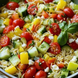 For a bright and tasty Orzo Summer Salad, you need fresh veggies. Here’s what to use: - 1 cup orzo pasta - 1 cup cherry tomatoes, halved - 1 medium cucumber, diced - 1 bell pepper (red or yellow for sweetness), diced - 1/2 medium red onion, finely chopped - 1/4 cup fresh basil leaves, chiffonade Each of these ingredients adds a burst of flavor. The cherry tomatoes bring sweetness, while the cucumber adds crunch. The bell pepper gives a lovely color and taste. Fresh basil offers an aromatic touch that brightens the salad. Adding protein makes your salad more filling. You can choose from: - 1/4 cup feta cheese, crumbled - Optional: 1/4 cup black olives, pitted and sliced Feta cheese adds creaminess and a nice saltiness. If you want more protein, consider adding grilled chicken or shrimp. Both options work well with the fresh flavors in the salad. The dressing is key to bringing all the flavors together. You will need: - 3 tablespoons extra virgin olive oil - 2 tablespoons freshly squeezed lemon juice - Sea salt and freshly cracked black pepper, to taste This simple dressing is light and refreshing. The olive oil adds richness, while the lemon juice gives a zesty kick. Adjust the salt and pepper to your taste. For a little twist, you can add a dash of honey or mustard for extra flavor. You can find the Full Recipe to create this delightful dish. Start by boiling salted water in a large pot. Once the water is boiling, add 1 cup of orzo pasta. Cook it for about 8 to 10 minutes, or until it is al dente. This means it should still have a slight bite to it. After cooking, drain the orzo in a colander. Rinse it under cold water to stop the cooking and cool it down. This step keeps the orzo from getting mushy. In a big mixing bowl, combine the cooled orzo with the rest of your fresh ingredients. Add 1 cup of halved cherry tomatoes, 1 medium diced cucumber, and 1 diced bell pepper. You can choose red or yellow for a sweet flavor. Next, add 1/2 medium chopped red onion. For some fresh flavor, toss in 1/4 cup of chiffonade basil leaves. If you love cheese, include 1/4 cup of crumbled feta. If you want a briny kick, add 1/4 cup of black olives. In a small bowl, mix together 3 tablespoons of extra virgin olive oil and 2 tablespoons of freshly squeezed lemon juice. Add a pinch of sea salt and some freshly cracked black pepper for taste. Whisk this mixture until it blends well. Drizzle it over your salad mix. Gently toss everything together with a large spoon. Make sure all the ingredients are coated nicely. Taste your salad and adjust the seasoning if needed. Let the salad sit for about 10 minutes. This allows the flavors to blend beautifully. For the full recipe, refer to the main section. To cook orzo well, start with plenty of water. Use a large pot and add a good amount of salt. This helps flavor the pasta. Bring the water to a boil before adding the orzo. Cook it for 8 to 10 minutes, until it is al dente. Taste a piece to check. Once done, drain it in a colander. Rinse the orzo under cold water. This stops the cooking process and cools it down. This step is key for a great Orzo Summer Salad. You can add zest to your salad with a few simple tricks. Try using fresh herbs like basil and mint. They bring bright flavors. A squeeze of lemon juice adds freshness too. For a kick, include some red pepper flakes. They add a nice heat without overpowering the dish. Sea salt and freshly cracked black pepper are must-haves. They bring out the taste of each ingredient. Always taste your salad before serving. Adjust the seasoning to suit your palate. Make your salad look as good as it tastes. Serve it in a large, colorful bowl. Garnish with extra basil leaves on top. A sprinkle of feta cheese adds a nice touch. For a fun idea, layer the salad in mason jars. This makes a cute picnic option. It also keeps the salad fresh. You can serve it right away or let it sit for a while. Letting it rest helps the flavors blend. For the full recipe, check out the details above. Enjoy every bite! {{image_4}} You can easily add grilled chicken or shrimp to your orzo summer salad. This boosts the protein and makes it more filling. Simply grill your choice of meat until it is cooked through and has nice grill marks. Slice it into bite-sized pieces and mix it into the salad. Chicken adds a mild flavor, while shrimp gives a sweet touch. Both pair well with the fresh veggies and dressing. For a vegetarian version, skip the meat and add extra cheese or nuts. Feta cheese adds creaminess, or you can use goat cheese for a tangy twist. To make it vegan, swap the feta for tofu or avocado. Both give a rich texture and flavor. You can also add chickpeas for protein. They are tasty and fill you up without meat. Feel free to swap in seasonal ingredients for a fresh twist. In summer, add zucchini or corn for sweetness. In fall, consider roasted butternut squash or apples for a cozy touch. Winter might call for kale or Brussels sprouts, lightly sautéed first. This keeps your salad exciting all year round. You can find the full recipe in the main section for easy reference. Store your Orzo Summer Salad in an airtight container. This keeps it fresh and tasty. If you have leftover dressing, store it separately. The salad will last longer this way. Make sure to use a container that is big enough to hold all the salad without squishing it. Your salad will stay good in the fridge for about three days. After that, the vegetables may get soggy. Check for any signs of spoilage before eating. If it smells off or looks unappetizing, it is best to throw it away. You can enjoy this salad cold or warm. If you want to warm it, use the microwave. Place it in a bowl and cover it with a damp paper towel. Heat it for about 30 seconds. Stir and check the temperature. Do this until it reaches your desired warmth. Avoid overheating, as it can make the salad mushy. Enjoy your leftovers with a fresh twist! Yes, you can make this salad ahead of time. Prepare it up to a day in advance. Just store it in the fridge, covered. The flavors improve as it sits. If you add dressing, do it right before serving. This keeps the salad fresh and crisp. You can use other small pasta types like ditalini or couscous. Quinoa works well, too, if you want a gluten-free option. Rice is another good choice. Just remember to adjust the cooking time as needed. The salad is not gluten-free if you use traditional orzo. However, you can easily make it gluten-free. Just substitute orzo with gluten-free pasta or quinoa. This way, you can enjoy the salad without worry. For the full recipe, check out the Orzo Summer Salad Delight! This blog post covered how to make a tasty Orzo Summer Salad. We explored fresh veggies, protein options, and dressing staples. I shared step-by-step instructions to prepare your salad with ease. Tips like cooking orzo perfectly and boosting flavor were included. Remember, you can customize this salad with grilled chicken, seasonal veggies, or make it vegan. Store leftovers correctly for later enjoyment. Enjoy making this colorful and healthy dish. I hope it brightens your meals!