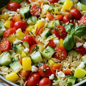 For a bright and tasty Orzo Summer Salad, you need fresh veggies. Here’s what to use: - 1 cup orzo pasta - 1 cup cherry tomatoes, halved - 1 medium cucumber, diced - 1 bell pepper (red or yellow for sweetness), diced - 1/2 medium red onion, finely chopped - 1/4 cup fresh basil leaves, chiffonade Each of these ingredients adds a burst of flavor. The cherry tomatoes bring sweetness, while the cucumber adds crunch. The bell pepper gives a lovely color and taste. Fresh basil offers an aromatic touch that brightens the salad. Adding protein makes your salad more filling. You can choose from: - 1/4 cup feta cheese, crumbled - Optional: 1/4 cup black olives, pitted and sliced Feta cheese adds creaminess and a nice saltiness. If you want more protein, consider adding grilled chicken or shrimp. Both options work well with the fresh flavors in the salad. The dressing is key to bringing all the flavors together. You will need: - 3 tablespoons extra virgin olive oil - 2 tablespoons freshly squeezed lemon juice - Sea salt and freshly cracked black pepper, to taste This simple dressing is light and refreshing. The olive oil adds richness, while the lemon juice gives a zesty kick. Adjust the salt and pepper to your taste. For a little twist, you can add a dash of honey or mustard for extra flavor. You can find the Full Recipe to create this delightful dish. Start by boiling salted water in a large pot. Once the water is boiling, add 1 cup of orzo pasta. Cook it for about 8 to 10 minutes, or until it is al dente. This means it should still have a slight bite to it. After cooking, drain the orzo in a colander. Rinse it under cold water to stop the cooking and cool it down. This step keeps the orzo from getting mushy. In a big mixing bowl, combine the cooled orzo with the rest of your fresh ingredients. Add 1 cup of halved cherry tomatoes, 1 medium diced cucumber, and 1 diced bell pepper. You can choose red or yellow for a sweet flavor. Next, add 1/2 medium chopped red onion. For some fresh flavor, toss in 1/4 cup of chiffonade basil leaves. If you love cheese, include 1/4 cup of crumbled feta. If you want a briny kick, add 1/4 cup of black olives. In a small bowl, mix together 3 tablespoons of extra virgin olive oil and 2 tablespoons of freshly squeezed lemon juice. Add a pinch of sea salt and some freshly cracked black pepper for taste. Whisk this mixture until it blends well. Drizzle it over your salad mix. Gently toss everything together with a large spoon. Make sure all the ingredients are coated nicely. Taste your salad and adjust the seasoning if needed. Let the salad sit for about 10 minutes. This allows the flavors to blend beautifully. For the full recipe, refer to the main section. To cook orzo well, start with plenty of water. Use a large pot and add a good amount of salt. This helps flavor the pasta. Bring the water to a boil before adding the orzo. Cook it for 8 to 10 minutes, until it is al dente. Taste a piece to check. Once done, drain it in a colander. Rinse the orzo under cold water. This stops the cooking process and cools it down. This step is key for a great Orzo Summer Salad. You can add zest to your salad with a few simple tricks. Try using fresh herbs like basil and mint. They bring bright flavors. A squeeze of lemon juice adds freshness too. For a kick, include some red pepper flakes. They add a nice heat without overpowering the dish. Sea salt and freshly cracked black pepper are must-haves. They bring out the taste of each ingredient. Always taste your salad before serving. Adjust the seasoning to suit your palate. Make your salad look as good as it tastes. Serve it in a large, colorful bowl. Garnish with extra basil leaves on top. A sprinkle of feta cheese adds a nice touch. For a fun idea, layer the salad in mason jars. This makes a cute picnic option. It also keeps the salad fresh. You can serve it right away or let it sit for a while. Letting it rest helps the flavors blend. For the full recipe, check out the details above. Enjoy every bite! {{image_4}} You can easily add grilled chicken or shrimp to your orzo summer salad. This boosts the protein and makes it more filling. Simply grill your choice of meat until it is cooked through and has nice grill marks. Slice it into bite-sized pieces and mix it into the salad. Chicken adds a mild flavor, while shrimp gives a sweet touch. Both pair well with the fresh veggies and dressing. For a vegetarian version, skip the meat and add extra cheese or nuts. Feta cheese adds creaminess, or you can use goat cheese for a tangy twist. To make it vegan, swap the feta for tofu or avocado. Both give a rich texture and flavor. You can also add chickpeas for protein. They are tasty and fill you up without meat. Feel free to swap in seasonal ingredients for a fresh twist. In summer, add zucchini or corn for sweetness. In fall, consider roasted butternut squash or apples for a cozy touch. Winter might call for kale or Brussels sprouts, lightly sautéed first. This keeps your salad exciting all year round. You can find the full recipe in the main section for easy reference. Store your Orzo Summer Salad in an airtight container. This keeps it fresh and tasty. If you have leftover dressing, store it separately. The salad will last longer this way. Make sure to use a container that is big enough to hold all the salad without squishing it. Your salad will stay good in the fridge for about three days. After that, the vegetables may get soggy. Check for any signs of spoilage before eating. If it smells off or looks unappetizing, it is best to throw it away. You can enjoy this salad cold or warm. If you want to warm it, use the microwave. Place it in a bowl and cover it with a damp paper towel. Heat it for about 30 seconds. Stir and check the temperature. Do this until it reaches your desired warmth. Avoid overheating, as it can make the salad mushy. Enjoy your leftovers with a fresh twist! Yes, you can make this salad ahead of time. Prepare it up to a day in advance. Just store it in the fridge, covered. The flavors improve as it sits. If you add dressing, do it right before serving. This keeps the salad fresh and crisp. You can use other small pasta types like ditalini or couscous. Quinoa works well, too, if you want a gluten-free option. Rice is another good choice. Just remember to adjust the cooking time as needed. The salad is not gluten-free if you use traditional orzo. However, you can easily make it gluten-free. Just substitute orzo with gluten-free pasta or quinoa. This way, you can enjoy the salad without worry. For the full recipe, check out the Orzo Summer Salad Delight! This blog post covered how to make a tasty Orzo Summer Salad. We explored fresh veggies, protein options, and dressing staples. I shared step-by-step instructions to prepare your salad with ease. Tips like cooking orzo perfectly and boosting flavor were included. Remember, you can customize this salad with grilled chicken, seasonal veggies, or make it vegan. Store leftovers correctly for later enjoyment. Enjoy making this colorful and healthy dish. I hope it brightens your meals!