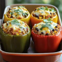 - 4 large bell peppers (any vibrant color) - 1 lb ground turkey (or substitute with lean ground beef) - 1 cup cooked rice (choose between white or brown) - 1 can (15 oz) black beans, drained and rinsed thoroughly - 1 cup corn kernels (fresh, frozen, or canned) - 1 cup salsa (your favorite flavor) - 1 teaspoon taco seasoning (adjust based on spice preference) - 1 cup shredded cheese (cheddar or a Mexican blend) - Fresh cilantro, chopped (for a fresh garnish) - Salt and pepper to taste When I make taco stuffed bell peppers, I love picking colorful bell peppers. They make the dish look great! You can choose red, yellow, or green. Each pepper adds a fun pop of color. The filling is a mix of ground turkey or beef, cooked rice, and beans. I like using ground turkey for a leaner option. It cooks quickly and soaks up flavors well. Black beans are great for protein and fiber. They add a rich texture. Corn brings a sweet crunch that balances the savory ingredients. Salsa ties everything together with a zesty kick. For seasoning, taco seasoning is key. You can adjust how spicy you want it. A sprinkle of salt and pepper brings out all the flavors. Topping with shredded cheese adds a creamy finish that melts beautifully. Lastly, fresh cilantro is my go-to for a bright, fresh taste. It makes each bite feel special. This mix of ingredients creates a hearty and tasty meal. If you want to see how to make it all come together, check out the Full Recipe. 1. Preheat the Oven: Start by preheating your oven to 375°F (190°C). This temperature helps the peppers cook evenly and become tender. 2. Prepare the Peppers: Take each bell pepper and cut off the tops. Remove the seeds inside. Place the hollowed peppers upright in a baking dish to hold the filling well. 3. Cook the Meat: In a medium skillet over medium heat, add 1 lb of ground turkey or beef. Cook until browned, about 5-7 minutes. Drain any extra fat for a leaner mix. 4. Mix the Filling Ingredients: Stir in 1 cup of cooked rice, 1 can of black beans, 1 cup of corn, 1 cup of salsa, and 1 teaspoon of taco seasoning. Add salt and pepper to taste. Heat this mixture for 3-5 minutes. 5. Stuff the Peppers: Spoon the meat and rice mix into each bell pepper. Pack them down lightly to avoid spills. 6. Add Cheese: Top each stuffed pepper with 1 cup of shredded cheese. This will create a nice crust as it melts. 7. Add Water for Steaming: Pour about 1/4 cup water into the bottom of the baking dish. This helps steam the peppers and keeps them tender. 8. Bake the Peppers: Cover the dish with foil and bake for 25-30 minutes. Then, remove the foil and bake for another 10-15 minutes until the cheese is bubbly and the peppers are tender. 9. Garnish and Serve: Once cooked, take out the dish and sprinkle with fresh chopped cilantro. Serve warm for a flavorful meal. For the full recipe, check the previous section! Choosing the right peppers I love using large, vibrant bell peppers. They not only look great, but they also hold a lot of filling. Red, yellow, or green peppers work well. Each type has its own taste. Red peppers are sweeter, while green peppers are more bitter. Choose what you like best! Adjusting spice levels To control the heat, start with a small amount of taco seasoning. You can always add more later. If you want a milder flavor, use less salsa or select a mild type. For spice lovers, consider adding jalapeños or using spicy salsa. Sautéing meat effectively When you cook the ground turkey or beef, use medium heat. This helps brown the meat nicely. Stir often to prevent sticking or burning. Drain excess fat after cooking to keep it lean. Ensuring even cooking Make sure to fill the peppers evenly. Press the filling down gently. This helps them cook uniformly. If some peppers are fuller than others, they may cook differently. Serving suggestions When serving, place each pepper on its own plate. This makes it look fancy. Drizzle extra salsa on top for color and flavor. You can also add a side salad for a fresh touch. Garnishing tips For a bright finish, sprinkle fresh cilantro on top. It adds a nice pop of color and taste. You can also top with avocado slices or sour cream for added creaminess. {{image_4}} You can easily make taco stuffed bell peppers fit many diets. - Vegetarian taco stuffed bell peppers: Use black beans and quinoa instead of meat. Add extra veggies like zucchini and mushrooms for more texture. This keeps the dish hearty and delicious. - Low-carb or keto options: Replace rice with cauliflower rice. This keeps the carbs low while still giving a filling texture. You can also skip the beans for a lighter meal. Taco stuffed bell peppers offer many flavor options. - Different salsa flavors: Try mango salsa for a sweet twist or a spicy salsa for a kick. Each salsa brings a new vibe to the dish. - Additional toppings: Add avocado slices, sour cream, or fresh jalapeños on top after baking. These toppings can enhance the taste and add creaminess. Pair your taco stuffed bell peppers with tasty sides. - Pairing with sides: Serve with a simple side salad or tortilla chips. This adds crunch and freshness to the meal. - Meal prep ideas: Make extra stuffed peppers and store them in the fridge. They make great lunches or quick dinners during busy weeks. For the full recipe, check out Stuffed Bell Peppers Fiesta. To store leftovers, let them cool down first. I like to place them in a shallow dish. This helps them cool faster and keeps them fresh. Use airtight containers to lock in flavor. Glass or plastic containers work well for this. You can freeze stuffed peppers for later. Wrap each pepper tightly in plastic wrap. Then, place them in a freezer bag. This keeps them fresh for up to three months. When you are ready to eat, thaw them in the fridge overnight. To reheat, bake them at 375°F (190°C) until warmed through, about 25-30 minutes. Leftovers last about three to four days in the fridge. Be sure to check for signs of spoilage. Look for off smells or any mold. If anything seems off, it’s best to toss it. Enjoy your taco stuffed bell peppers fresh for the best taste! For the full recipe, check the section above. How do I know when the peppers are done? You will know the peppers are done when they are fork-tender. The cheese should be bubbly and golden. If you can poke through the skin easily, they are ready. This usually takes about 30-45 minutes in the oven. Can I use different kinds of meat? Yes, you can use different kinds of meat. Ground beef, chicken, or even plant-based meat work well. Just make sure to cook the meat fully before mixing it with the other ingredients. Can I replace the rice? Absolutely! Quinoa or cauliflower rice are great alternatives. These options add different flavors and textures. You can also skip the rice if you prefer a lower-carb meal. What if I don't have taco seasoning? If you don’t have taco seasoning, you can make your own. Mix chili powder, cumin, garlic powder, and salt. Adjust the amounts to fit your taste. This way, you still get that delicious taco flavor. Can I cook these in an air fryer? Yes, you can cook taco stuffed bell peppers in an air fryer! Set it to 375°F (190°C) and cook for about 15-20 minutes. Check that the peppers are tender and the cheese is melted. Can taco stuffed bell peppers be made in advance? Yes, you can make these peppers ahead of time. Prepare them and store in the fridge for up to 24 hours before baking. Just cover them tightly. This helps save time on busy days. For the best results, bake them right before serving. You learned how to make tasty taco stuffed bell peppers using simple ingredients. We covered the steps, from prepping to baking, and shared helpful tips to improve your dish. You can also explore fun variations to suit your diet and flavor needs. Proper storage ensures your leftovers last. With the right techniques, you can impress your family and friends. Now, it’s time to enjoy your delicious creation and get creative with your own ideas. Happy cooking!