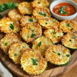 To make these tasty air fryer zucchini chips, gather the following items: - 2 medium zucchinis, sliced into thin rounds (approximately 1/4 inch thick) - 1 cup breadcrumbs (panko recommended for an extra crunch) - 1/2 cup finely grated Parmesan cheese - 1 teaspoon garlic powder - 1 teaspoon onion powder - 1 teaspoon smoked paprika - Salt and freshly ground black pepper, to taste - 2 large eggs, beaten - Olive oil spray These ingredients work together to create crispy and flavorful chips. The zucchini gives a fresh taste, while the breadcrumbs and cheese add crunch and richness. You can adjust the flavor with these optional seasonings: - Red pepper flakes for heat - Italian seasoning for an herbaceous twist - Lemon zest for brightness Feel free to mix and match these seasonings. This way, you can customize your chips to fit your taste. If you don't have an ingredient on hand, here are some easy swaps: - Use almond flour instead of breadcrumbs for a gluten-free option. - Swap Parmesan cheese with nutritional yeast for a vegan version. - Try using egg substitutes like flax eggs if you want to avoid eggs. These substitutions can make the recipe fit your diet while still keeping it delicious. For more details and a complete guide, check the Full Recipe. Start with fresh zucchinis. I like two medium ones for this recipe. Slice them into thin rounds, about 1/4 inch thick. This size helps them cook evenly. After slicing, use a paper towel to pat them dry. Removing excess moisture is key to getting that perfect crunch. Next, you’ll need a few simple ingredients for the coating. In a bowl, mix together: - 1 cup breadcrumbs (panko works best for crunch) - 1/2 cup finely grated Parmesan cheese - 1 teaspoon garlic powder - 1 teaspoon onion powder - 1 teaspoon smoked paprika - Salt and freshly ground black pepper to taste In another bowl, beat two large eggs. Dip each zucchini slice into the egg, coating it well. Let the excess egg drip off. Then, place the slice into the breadcrumb mixture. Press gently to ensure a good coating on both sides. Before you start cooking, preheat your air fryer to 375°F (190°C) for about 5 minutes. This step helps get your chips crispy. Lay the coated zucchini slices in the air fryer basket in a single layer, avoiding overcrowding. You may need to cook them in batches. Lightly spray the tops with olive oil spray. This extra touch helps them crisp up nicely. Cook the zucchini chips for 10-12 minutes. Flip them halfway through to ensure even cooking. Keep an eye on them to avoid burning. Once golden brown and crispy, remove them from the air fryer. Let them cool for a few minutes before serving. For a full recipe, check out the details provided above. To make your zucchini chips super crunchy, start with dry slices. After slicing, pat the zucchini rounds with a paper towel. This step removes extra moisture. Less moisture means more crunch! You can also use panko breadcrumbs instead of regular ones. Panko gives a better crunch. A light spray of olive oil helps, too. It enhances the crispiness while cooking. Air fryers work best with space. Place zucchini chips in a single layer. If they touch, they can steam instead of fry. This will make them soggy. Cook in batches if your air fryer is small. Give each batch enough room to breathe and crisp up. Seasoning is key for tasty zucchini chips. While the basic mix is great, feel free to get creative. Add cayenne for heat or lemon zest for brightness. Fresh herbs like basil or oregano can also add flavor. Taste your seasoning mix before using it. Adjust it to fit your taste. Enjoy experimenting with different spices! For the full recipe, check out the Crispy Air Fryer Zucchini Chips 🥒 section of this article. {{image_4}} To make cheesy zucchini chips, add more cheese to your mix. Use a mix of Parmesan and cheddar for a rich flavor. You can even sprinkle some cheese on top during the last few minutes of cooking. This gives them a melty, gooey finish. Remember, cheese adds fat but also great taste! If you love heat, spice up your chips! Add cayenne pepper or red pepper flakes to the breadcrumb mix. You can also try a dash of hot sauce in the egg wash. This gives your chips a nice kick. Just be sure to taste as you go, so they aren’t too spicy for you. For a lighter version, skip the breadcrumbs and use a dusting of nutritional yeast. It adds a cheesy flavor without extra carbs. You can also opt for a sprinkle of your favorite herbs, like oregano or thyme. This keeps the dish fresh and tasty while being lower in calories. These options let you enjoy a guilt-free snack! For the full recipe and more ideas, check out the Full Recipe. After you make your zucchini chips, let them cool completely. This step is key. Place them in an airtight container. If you stack them, add parchment paper between layers. This helps keep them crispy. Store the container in a cool, dry place. They should stay fresh for up to 3 days. To enjoy your leftover zucchini chips, reheating is simple. Preheat your air fryer to 350°F (175°C). Place the chips in a single layer in the basket. Heat them for about 3-5 minutes. This will bring back their crunch. You can also use an oven. Set it to 350°F (175°C) and heat the chips for 5-7 minutes. If you want to save some zucchini chips for later, freezing works well. Lay the cooled chips in a single layer on a baking sheet. Freeze them for 1-2 hours until solid. Then, put them in a freezer bag. Remove as much air as possible. They can last up to 3 months. To thaw, simply leave them in the fridge overnight. Reheat them as mentioned above for the best crunch. For the full recipe, check back to see how to make these tasty snacks! Yes, air fryer zucchini chips are a healthy snack. They have less fat than fried snacks. Zucchini is low in calories and full of vitamins. By using an air fryer, you cut down on oil. The crunch comes from baking, not frying. This method keeps the nutrients intact. Plus, you can control the seasonings. Use herbs and spices for flavor without extra calories. Absolutely! Many vegetables work well in the air fryer. You can try carrots, sweet potatoes, or even kale. Just make sure to slice them thinly for even cooking. Each veggie has its own cooking time. Keep an eye on them to avoid burning. Experiment with different seasonings to find your favorite combo! Zucchini chips are done when they turn golden brown. They should feel crispy to the touch. Cooking time is usually 10 to 12 minutes. Flip them halfway to ensure even crisping. If you find any chips that seem soft, give them more time. Keep checking to avoid overcooking. Enjoy that crunchiness! You now have all you need to make tasty air fryer zucchini chips. We covered key ingredients, step-by-step instructions, and tips for the best results. Variations let you add your own twist, from spicy to cheesy options. Storing and reheating methods keep your chips fresh longer. These chips are a fun and healthy treat. Enjoy making them and share your tasty creations!