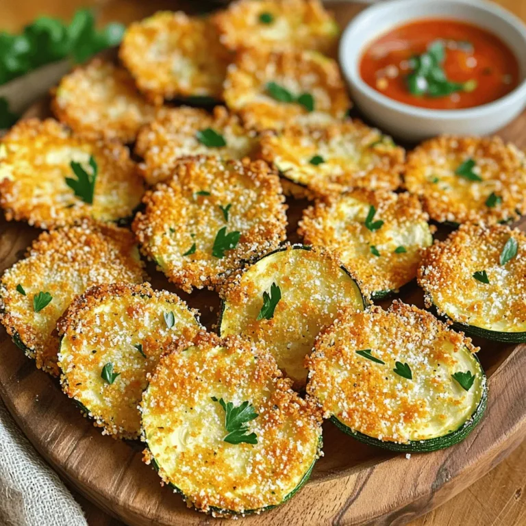 To make these tasty air fryer zucchini chips, gather the following items: - 2 medium zucchinis, sliced into thin rounds (approximately 1/4 inch thick) - 1 cup breadcrumbs (panko recommended for an extra crunch) - 1/2 cup finely grated Parmesan cheese - 1 teaspoon garlic powder - 1 teaspoon onion powder - 1 teaspoon smoked paprika - Salt and freshly ground black pepper, to taste - 2 large eggs, beaten - Olive oil spray These ingredients work together to create crispy and flavorful chips. The zucchini gives a fresh taste, while the breadcrumbs and cheese add crunch and richness. You can adjust the flavor with these optional seasonings: - Red pepper flakes for heat - Italian seasoning for an herbaceous twist - Lemon zest for brightness Feel free to mix and match these seasonings. This way, you can customize your chips to fit your taste. If you don't have an ingredient on hand, here are some easy swaps: - Use almond flour instead of breadcrumbs for a gluten-free option. - Swap Parmesan cheese with nutritional yeast for a vegan version. - Try using egg substitutes like flax eggs if you want to avoid eggs. These substitutions can make the recipe fit your diet while still keeping it delicious. For more details and a complete guide, check the Full Recipe. Start with fresh zucchinis. I like two medium ones for this recipe. Slice them into thin rounds, about 1/4 inch thick. This size helps them cook evenly. After slicing, use a paper towel to pat them dry. Removing excess moisture is key to getting that perfect crunch. Next, you’ll need a few simple ingredients for the coating. In a bowl, mix together: - 1 cup breadcrumbs (panko works best for crunch) - 1/2 cup finely grated Parmesan cheese - 1 teaspoon garlic powder - 1 teaspoon onion powder - 1 teaspoon smoked paprika - Salt and freshly ground black pepper to taste In another bowl, beat two large eggs. Dip each zucchini slice into the egg, coating it well. Let the excess egg drip off. Then, place the slice into the breadcrumb mixture. Press gently to ensure a good coating on both sides. Before you start cooking, preheat your air fryer to 375°F (190°C) for about 5 minutes. This step helps get your chips crispy. Lay the coated zucchini slices in the air fryer basket in a single layer, avoiding overcrowding. You may need to cook them in batches. Lightly spray the tops with olive oil spray. This extra touch helps them crisp up nicely. Cook the zucchini chips for 10-12 minutes. Flip them halfway through to ensure even cooking. Keep an eye on them to avoid burning. Once golden brown and crispy, remove them from the air fryer. Let them cool for a few minutes before serving. For a full recipe, check out the details provided above. To make your zucchini chips super crunchy, start with dry slices. After slicing, pat the zucchini rounds with a paper towel. This step removes extra moisture. Less moisture means more crunch! You can also use panko breadcrumbs instead of regular ones. Panko gives a better crunch. A light spray of olive oil helps, too. It enhances the crispiness while cooking. Air fryers work best with space. Place zucchini chips in a single layer. If they touch, they can steam instead of fry. This will make them soggy. Cook in batches if your air fryer is small. Give each batch enough room to breathe and crisp up. Seasoning is key for tasty zucchini chips. While the basic mix is great, feel free to get creative. Add cayenne for heat or lemon zest for brightness. Fresh herbs like basil or oregano can also add flavor. Taste your seasoning mix before using it. Adjust it to fit your taste. Enjoy experimenting with different spices! For the full recipe, check out the Crispy Air Fryer Zucchini Chips 🥒 section of this article. {{image_4}} To make cheesy zucchini chips, add more cheese to your mix. Use a mix of Parmesan and cheddar for a rich flavor. You can even sprinkle some cheese on top during the last few minutes of cooking. This gives them a melty, gooey finish. Remember, cheese adds fat but also great taste! If you love heat, spice up your chips! Add cayenne pepper or red pepper flakes to the breadcrumb mix. You can also try a dash of hot sauce in the egg wash. This gives your chips a nice kick. Just be sure to taste as you go, so they aren’t too spicy for you. For a lighter version, skip the breadcrumbs and use a dusting of nutritional yeast. It adds a cheesy flavor without extra carbs. You can also opt for a sprinkle of your favorite herbs, like oregano or thyme. This keeps the dish fresh and tasty while being lower in calories. These options let you enjoy a guilt-free snack! For the full recipe and more ideas, check out the Full Recipe. After you make your zucchini chips, let them cool completely. This step is key. Place them in an airtight container. If you stack them, add parchment paper between layers. This helps keep them crispy. Store the container in a cool, dry place. They should stay fresh for up to 3 days. To enjoy your leftover zucchini chips, reheating is simple. Preheat your air fryer to 350°F (175°C). Place the chips in a single layer in the basket. Heat them for about 3-5 minutes. This will bring back their crunch. You can also use an oven. Set it to 350°F (175°C) and heat the chips for 5-7 minutes. If you want to save some zucchini chips for later, freezing works well. Lay the cooled chips in a single layer on a baking sheet. Freeze them for 1-2 hours until solid. Then, put them in a freezer bag. Remove as much air as possible. They can last up to 3 months. To thaw, simply leave them in the fridge overnight. Reheat them as mentioned above for the best crunch. For the full recipe, check back to see how to make these tasty snacks! Yes, air fryer zucchini chips are a healthy snack. They have less fat than fried snacks. Zucchini is low in calories and full of vitamins. By using an air fryer, you cut down on oil. The crunch comes from baking, not frying. This method keeps the nutrients intact. Plus, you can control the seasonings. Use herbs and spices for flavor without extra calories. Absolutely! Many vegetables work well in the air fryer. You can try carrots, sweet potatoes, or even kale. Just make sure to slice them thinly for even cooking. Each veggie has its own cooking time. Keep an eye on them to avoid burning. Experiment with different seasonings to find your favorite combo! Zucchini chips are done when they turn golden brown. They should feel crispy to the touch. Cooking time is usually 10 to 12 minutes. Flip them halfway to ensure even crisping. If you find any chips that seem soft, give them more time. Keep checking to avoid overcooking. Enjoy that crunchiness! You now have all you need to make tasty air fryer zucchini chips. We covered key ingredients, step-by-step instructions, and tips for the best results. Variations let you add your own twist, from spicy to cheesy options. Storing and reheating methods keep your chips fresh longer. These chips are a fun and healthy treat. Enjoy making them and share your tasty creations!