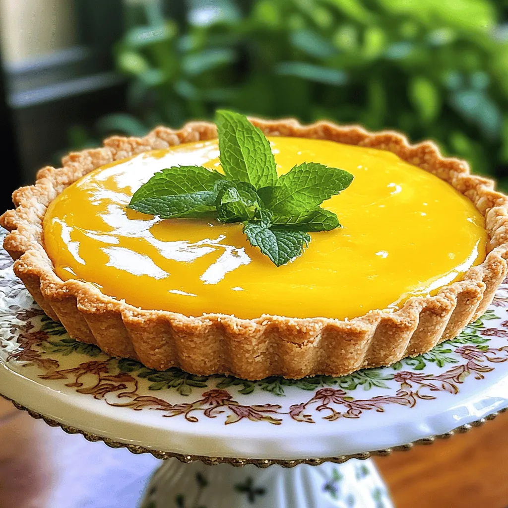 - 1 ¼ cups all-purpose flour - ½ cup unsalted butter, softened to room temperature - ¼ cup powdered sugar - 1 large egg yolk - 2 tablespoons cold water - 2 ripe mangoes, pureed (approximately 1 cup) - 1 cup granulated sugar - 3 large eggs - ½ cup freshly squeezed lime juice (roughly from 4 limes) - 1 tablespoon freshly grated lime zest - ¼ cup unsalted butter, cut into small cubes - 1 teaspoon gelatin (optional, for a firmer curd) - Fresh mint leaves, for garnish This list covers all you need to make a delicious mango curd tart. Start with the crust. Combine all-purpose flour, butter, and powdered sugar in a bowl. These basics create a lovely base for the tart. Next, ripe mangoes bring the sweet flavor. Puree them until smooth, and you have the star of the show! Fresh lime juice adds a tangy kick that pairs well with mango. The zest adds even more lime goodness. You can add gelatin if you want a firmer curd. It helps the filling hold its shape better. For a garnish, fresh mint leaves add color and a hint of freshness when you serve the tart. Gather these ingredients, and you're ready to create a delightful dessert that impresses! For the full recipe, check out the detailed instructions. To start, you need to combine the dry ingredients and butter. In a mixing bowl, mix 1 ¼ cups of all-purpose flour, ½ cup of softened butter, and ¼ cup of powdered sugar. Use your fingers or a pastry cutter to blend until it looks like coarse crumbs. Then, add 1 large egg yolk and 2 tablespoons of cold water. Mix just until a dough forms. Next, chill the dough for optimal texture. Shape it into a disk and wrap it tightly in plastic wrap. Place the dough in the fridge for at least 30 minutes. This step helps the dough firm up, making it easier to roll out later. Now, it’s time to bake the tart shell. Preheat your oven to 350°F (175°C). This will ensure even baking once you put the crust in. After the dough has chilled, lightly flour a clean surface. Roll out the dough to about 12 inches wide. Carefully transfer it to a 10-inch tart pan. Press it gently into the corners and trim any excess. Use a fork to prick the bottom of the crust. This prevents bubbling during baking. To achieve perfect results, use the blind baking technique. Line the tart shell with parchment paper and fill it with pie weights or dried beans. Bake for 15 minutes, then remove the weights and parchment. Continue baking for an additional 10 minutes until the crust is lightly golden and crisp. Allow it to cool completely. Now we’ll make the mango curd. Start by preparing the mixture. In a medium saucepan, combine 1 cup of mango puree, 1 cup of granulated sugar, 3 large eggs, ½ cup of freshly squeezed lime juice, and 1 tablespoon of lime zest. Whisk these ingredients together until smooth. Next, cook the curd. Place the saucepan over medium heat. Stir constantly until the mixture thickens and coats the back of a spoon. This should take about 10-12 minutes. If you want a firmer curd, dissolve 1 teaspoon of gelatin in a tablespoon of warm water. Add it to the thickened curd mixture. Finish the curd by removing the saucepan from the heat. Add ¼ cup of small cubes of butter and stir until fully melted. The mixture will become smooth and glossy. Now, pour the luscious mango curd into the cooled tart shell, smoothing the surface with a spatula. For the complete process, refer to the Full Recipe. - Achieving the ideal crust texture: To get a great crust, use cold butter. It helps the crust stay flaky. When mixing, do not overwork the dough. Just blend until it forms a ball. This keeps it tender. - Ensuring the curd is smooth and creamy: For a smooth curd, whisk the ingredients well before cooking. Stir constantly while cooking to avoid lumps. If you notice any lumps, strain the curd through a fine sieve. This ensures a silky texture. - Overcooking the curd: Cooking the curd too long can make it grainy. Keep an eye on it. Once it thickens and coats the back of a spoon, take it off the heat. - Improper chilling techniques: Chilling is key for the tart. If you skip this step, the curd may not set right. Wrap the tart well and let it chill for at least two hours. This helps the flavors meld and the texture firm up. {{image_4}} You can easily change the flavor of your mango curd tart. Adding spices can make it special. Try ginger for warmth or cardamom for a unique twist. These spices add depth and make each bite exciting. You can also swap mango for other fruits. Passion fruit or pineapple can work well. Each fruit brings its own taste. This lets you explore new flavors while making the tart. If you need a gluten-free tart, you have options. Use almond flour or gluten-free all-purpose flour. These flours create a tasty crust without gluten. Just follow the same steps from the Full Recipe. For a vegan mango curd, replace eggs with silken tofu or cornstarch. Blend the tofu until smooth and mix it in. This keeps the curd creamy and rich without eggs. You can also use coconut milk for added flavor. Experimenting with these variations can help you find your favorite version of the mango curd tart. To keep your Mango Curd Tart fresh, refrigerate it promptly. Wrap the tart in plastic wrap or place it in an airtight container. This helps to keep moisture in and prevents it from absorbing other odors from the fridge. You can store it this way for up to three days. After this, the quality may decline, but it will still be safe to eat. You can freeze the tart if you have leftovers. Start by slicing the tart into individual pieces. Wrap each slice in plastic wrap, then place them in a freezer-safe bag or container. This prevents freezer burn and preserves flavor. To thaw, simply move the slices to the fridge for several hours or overnight. When ready to eat, avoid using the microwave, as it can ruin the texture. Instead, let them sit at room temperature for a bit. This helps maintain the creamy feel of the mango curd. Remember, freezing may change the texture slightly, but the taste will still delight your palate. Serve the Mango Curd Tart on a nice plate. I like to use a cake stand. It adds height and beauty. Place fresh mint leaves around it for color. You can also add sliced mango on the side. This gives a fresh look. For a fun touch, serve with whipped cream. Everyone loves a little cream! You can use store-bought mango puree. It saves time and works well. Just check the label for added sugar. Too much sugar can change the taste. Homemade puree tastes fresher and brighter. If you have ripe mangoes, go for it! Blend them until smooth. This gives you the best flavor. The tart can last about 3 days in the fridge. Keep it covered to avoid drying out. The curd stays creamy and delicious. After 3 days, the texture may change. It’s best to enjoy it fresh. I recommend sharing with friends or family. They will love it! For lime juice, you can use lemon juice. It gives a nice tang. You can also try orange juice for a sweeter flavor. Another option is vinegar, but use it sparingly. These substitutes will keep the tart tasty. Adjust the amount to your liking. Gelatin helps the curd set firmer. It makes the texture smooth and nice. If you skip it, the curd will still taste great. It might be a bit softer. You can use cornstarch as a thickener if you like. Just mix it with a bit of water before adding it to the curd. Making a mango curd tart involves simple steps that yield delicious results. You start with essential ingredients like flour and butter, then create a smooth, creamy mango curd. Remember the expert tips to avoid common mistakes while preparing. Think about variations for flavor and dietary needs to personalize your tart. Finally, store it right for lasting freshness. This tart is not just a dessert; it’s a delightful treat you can customize and share. Enjoy this tasty journey into mango curd tarts!