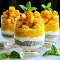 To make Mango Coconut Chia Pudding, you will need just a few simple ingredients. This treat is both tasty and good for you. Here’s the full recipe to guide you through each step. - Coconut milk options: You can choose between canned or carton coconut milk. Canned coconut milk gives a rich, creamy texture. Carton coconut milk is lighter and less thick. Both work well, so pick what you like best. - Almond milk alternatives: If you want something different, any milk can work. You can use oat, soy, or rice milk instead of almond milk. This way, you can customize your pudding to fit your tastes. - Sweetener choices: Honey and maple syrup are both great choices. Honey adds a nice floral note while maple syrup offers a warm sweetness. You can adjust the amount to make it sweeter or less sweet based on your taste. Gather these ingredients, and you’ll be ready to create a delicious dessert that’s both fun to eat and packed with nutrients. 1. Mixing the base ingredients: Start by grabbing a mixing bowl. Pour in 1 cup of coconut milk and 1/2 cup of almond milk. Add 2 tablespoons of honey or maple syrup, 1/2 teaspoon of vanilla extract, and a pinch of salt. Whisk them all together until smooth. 2. Incorporating chia seeds: Next, slowly sprinkle in 1/4 cup of chia seeds. Stir continuously. This helps keep the seeds from clumping. Make sure they mix well into the liquid. 3. Refrigeration time for thickening: Cover your bowl with plastic wrap or a lid. Place it in the fridge for at least 4 hours, or better yet, overnight. This time lets the chia seeds soak up the liquid. You'll see it turn into a thick pudding. 1. Layering technique for presentation: When you’re ready to serve, take your chia pudding from the fridge. Stir it gently to make it creamy again. Use elegant glasses or bowls for a nice touch. 2. Garnishing suggestions: Start by spooning a layer of chia pudding into each glass. Then, add a layer of diced mango on top. Keep layering until the glasses are full. Finish with more mango on top for a beautiful look. For a fresh finish, garnish each serving with mint leaves. This adds color and a lovely aroma. For the best chia pudding, you must stir the chia seeds well. This step is key to avoid clumping. When you add the seeds to the liquid, keep mixing. This helps them spread evenly. I suggest chilling the mixture for at least four hours. However, overnight is best. This time allows the chia seeds to absorb the liquid fully. The end result will be a thick, creamy pudding. Sweetness can make or break your pudding. Start with the recipe's suggested amount of sweetener. You can always add more if needed. Honey and maple syrup are great choices, but you have other options. Agave nectar and stevia are popular alternatives. Just remember to adjust the amount based on the type you choose. This way, you can make your pudding just right for your taste. {{image_4}} You can make mango coconut chia pudding even better! Try adding other fruits. Berries like strawberries or blueberries work great. They add color and extra flavor. Bananas also blend well and give a nice creaminess. Spices can change the taste too. A pinch of cinnamon makes it warm and cozy. You can also add nutmeg for a sweet, nutty flavor. These little changes make your dessert unique and fun. If you want to switch things up, you can use different milks. Almond milk is a good choice, but you can also try oat milk or soy milk. Each one gives a new twist to the dish. For sweeteners, honey and maple syrup are popular. But if you want something different, try agave syrup or stevia. These options can help adjust the sweetness to fit your taste. For the full recipe, check out the recipe section. To keep your mango coconut chia pudding fresh, use airtight containers. Glass jars work great for this. They seal well and show off the pretty layers. You can store your pudding in the fridge for up to 5 days. This means you can enjoy it all week! If you have leftover chia pudding, don’t toss it! You can use it in many ways. Try mixing it into smoothies for added creaminess. You can also spread it on toast with some fruit. To add a new twist, flavor leftover portions with cocoa powder, nut butter, or fresh fruit. Get creative and enjoy your delicious treat! Check out the Full Recipe for more ideas. Can I use frozen mango? Yes, you can use frozen mango in this recipe. Just thaw the mango first. This makes it easy to mix into your pudding. Frozen mango is often just as tasty as fresh mango. How can I make this recipe vegan? To make this recipe vegan, use maple syrup instead of honey. Also, ensure you choose a plant-based milk. Both almond milk and coconut milk are great options. Is chia pudding healthy? Yes, chia pudding is a healthy choice. Chia seeds are rich in fiber and omega-3 fatty acids. They help keep you full and support heart health. Plus, coconut milk adds healthy fats. This makes the pudding both tasty and nourishing. For more details, check the Full Recipe and start creating this delicious treat! This blog post covered how to make delicious mango coconut chia pudding. We discussed ingredient choices, like coconut milk types and sweeteners, along with step-by-step directions. We also shared tips for perfect consistency, flavor variations, and proper storage. In the end, chia pudding is easy to customize and great for meals. Enjoy exploring different flavors and tweaking the recipe to fit your taste!