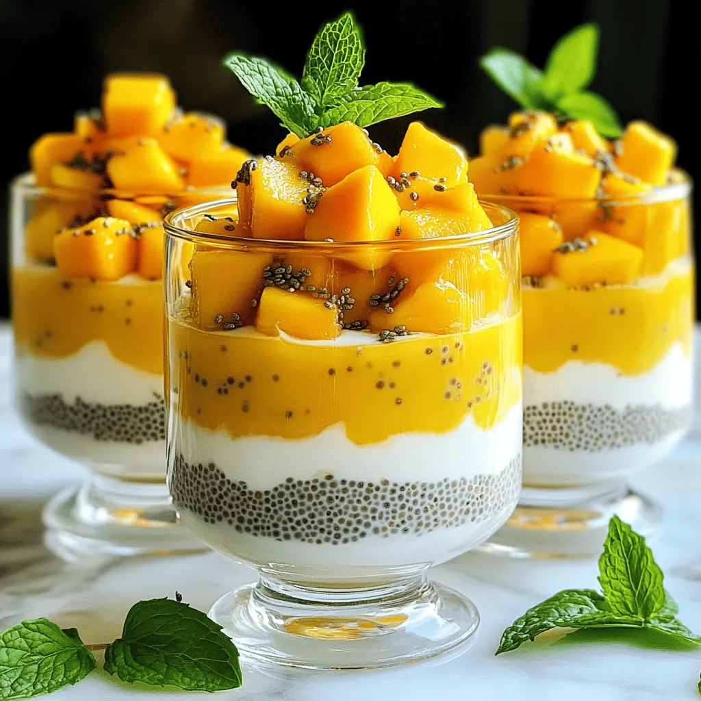 To make Mango Coconut Chia Pudding, you will need just a few simple ingredients. This treat is both tasty and good for you. Here’s the full recipe to guide you through each step. - Coconut milk options: You can choose between canned or carton coconut milk. Canned coconut milk gives a rich, creamy texture. Carton coconut milk is lighter and less thick. Both work well, so pick what you like best. - Almond milk alternatives: If you want something different, any milk can work. You can use oat, soy, or rice milk instead of almond milk. This way, you can customize your pudding to fit your tastes. - Sweetener choices: Honey and maple syrup are both great choices. Honey adds a nice floral note while maple syrup offers a warm sweetness. You can adjust the amount to make it sweeter or less sweet based on your taste. Gather these ingredients, and you’ll be ready to create a delicious dessert that’s both fun to eat and packed with nutrients. 1. Mixing the base ingredients: Start by grabbing a mixing bowl. Pour in 1 cup of coconut milk and 1/2 cup of almond milk. Add 2 tablespoons of honey or maple syrup, 1/2 teaspoon of vanilla extract, and a pinch of salt. Whisk them all together until smooth. 2. Incorporating chia seeds: Next, slowly sprinkle in 1/4 cup of chia seeds. Stir continuously. This helps keep the seeds from clumping. Make sure they mix well into the liquid. 3. Refrigeration time for thickening: Cover your bowl with plastic wrap or a lid. Place it in the fridge for at least 4 hours, or better yet, overnight. This time lets the chia seeds soak up the liquid. You'll see it turn into a thick pudding. 1. Layering technique for presentation: When you’re ready to serve, take your chia pudding from the fridge. Stir it gently to make it creamy again. Use elegant glasses or bowls for a nice touch. 2. Garnishing suggestions: Start by spooning a layer of chia pudding into each glass. Then, add a layer of diced mango on top. Keep layering until the glasses are full. Finish with more mango on top for a beautiful look. For a fresh finish, garnish each serving with mint leaves. This adds color and a lovely aroma. For the best chia pudding, you must stir the chia seeds well. This step is key to avoid clumping. When you add the seeds to the liquid, keep mixing. This helps them spread evenly. I suggest chilling the mixture for at least four hours. However, overnight is best. This time allows the chia seeds to absorb the liquid fully. The end result will be a thick, creamy pudding. Sweetness can make or break your pudding. Start with the recipe's suggested amount of sweetener. You can always add more if needed. Honey and maple syrup are great choices, but you have other options. Agave nectar and stevia are popular alternatives. Just remember to adjust the amount based on the type you choose. This way, you can make your pudding just right for your taste. {{image_4}} You can make mango coconut chia pudding even better! Try adding other fruits. Berries like strawberries or blueberries work great. They add color and extra flavor. Bananas also blend well and give a nice creaminess. Spices can change the taste too. A pinch of cinnamon makes it warm and cozy. You can also add nutmeg for a sweet, nutty flavor. These little changes make your dessert unique and fun. If you want to switch things up, you can use different milks. Almond milk is a good choice, but you can also try oat milk or soy milk. Each one gives a new twist to the dish. For sweeteners, honey and maple syrup are popular. But if you want something different, try agave syrup or stevia. These options can help adjust the sweetness to fit your taste. For the full recipe, check out the recipe section. To keep your mango coconut chia pudding fresh, use airtight containers. Glass jars work great for this. They seal well and show off the pretty layers. You can store your pudding in the fridge for up to 5 days. This means you can enjoy it all week! If you have leftover chia pudding, don’t toss it! You can use it in many ways. Try mixing it into smoothies for added creaminess. You can also spread it on toast with some fruit. To add a new twist, flavor leftover portions with cocoa powder, nut butter, or fresh fruit. Get creative and enjoy your delicious treat! Check out the Full Recipe for more ideas. Can I use frozen mango? Yes, you can use frozen mango in this recipe. Just thaw the mango first. This makes it easy to mix into your pudding. Frozen mango is often just as tasty as fresh mango. How can I make this recipe vegan? To make this recipe vegan, use maple syrup instead of honey. Also, ensure you choose a plant-based milk. Both almond milk and coconut milk are great options. Is chia pudding healthy? Yes, chia pudding is a healthy choice. Chia seeds are rich in fiber and omega-3 fatty acids. They help keep you full and support heart health. Plus, coconut milk adds healthy fats. This makes the pudding both tasty and nourishing. For more details, check the Full Recipe and start creating this delicious treat! This blog post covered how to make delicious mango coconut chia pudding. We discussed ingredient choices, like coconut milk types and sweeteners, along with step-by-step directions. We also shared tips for perfect consistency, flavor variations, and proper storage. In the end, chia pudding is easy to customize and great for meals. Enjoy exploring different flavors and tweaking the recipe to fit your taste!