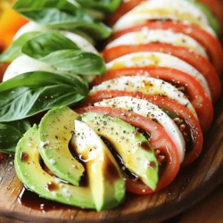 - 2 ripe avocados: Choose avocados that yield slightly to gentle pressure. They should feel soft, but not mushy. This creaminess adds richness to your salad. - 2 large ripe tomatoes: Look for juicy, firm tomatoes like beefsteak or heirloom. Their taste and texture make a big difference in flavor. - 1 ball of fresh mozzarella cheese: Select mozzarella that is soft and moist. This cheese brings a nice balance to the tanginess of the tomatoes. - A handful of fresh basil leaves: Fresh basil adds a sweet and fragrant note. Look for vibrant green leaves without any brown spots. - 2 tablespoons balsamic reduction: You can buy this or make your own. It adds a sweet, tangy kick that brightens the dish. - 1 tablespoon extra virgin olive oil: Use high-quality olive oil for the best flavor. It enriches the salad and enhances all the ingredients. - Salt and freshly cracked black pepper: These simple seasonings bring out the natural flavors. Use them sparingly, adjusting to your taste. This simple list of ingredients combines to create a fresh and satisfying dish. You can find the Full Recipe above for more details on how to put it all together. - Tips for slicing avocados, tomatoes, and mozzarella: Use a sharp knife for clean cuts. For avocados, cut around the pit and twist to remove it. Scoop out the flesh with a spoon and slice it evenly. For tomatoes, slice them into thick rounds. Slice mozzarella into similar thickness for uniformity. - Arranging the foundation of the salad: Start on a large, flat plate. Place your first slice of avocado in the center. This acts as the base. Next, add a slice of tomato, followed by mozzarella. Keep layering in this order to build your salad. - Layering technique for aesthetic appeal: Alternate the ingredients in a circular pattern or straight line for an eye-catching look. This way, every bite has a bit of each ingredient. Aim for balance in colors and shapes as you layer. - Best practices for layering ingredients: Keep your layers neat and even. This helps with both presentation and taste. Make sure to use fresh ingredients for the best flavor and look. - Incorporating basil for flavor and color: Tuck whole basil leaves between the layers. This adds a bright green color and a fresh taste. You can also sprinkle some chopped basil on top for extra flavor. - Drizzling oils for enhanced taste: After your salad is layered, drizzle balsamic reduction over it. This adds a sweet and tangy flavor. Follow with a touch of extra virgin olive oil for richness. - Importance of seasoning with salt and pepper: Lightly sprinkle salt and freshly cracked black pepper over the top. This step enhances the flavors in each layer. Be careful not to overdo it; a little goes a long way. - Resting period for flavor melding: Let the salad sit for a few minutes before serving. This allows the flavors to blend together. You’ll find that the taste improves significantly after a short rest. Choosing ripe avocados and tomatoes is key to your salad. Look for avocados that feel slightly soft but not mushy. For tomatoes, use large, juicy ones that give a little when you press them. Vine-ripened or heirloom tomatoes work best for flavor. For a vibrant presentation, slice your ingredients evenly. This will help with layering and make your dish look appealing. You can arrange the slices in a circle or a straight line. I love to add whole basil leaves on top for a pop of color. To enhance flavors, consider adding a pinch of crushed red pepper for heat. You can also mix in a splash of lemon juice for freshness. Experiment with other fresh herbs like parsley or mint for a twist. One common mistake is over-slicing or making uneven cuts. This affects how the salad looks and tastes. Aim for uniform slices of all ingredients for balance. Another pitfall is over-seasoning or under-seasoning. Start with a little salt and pepper. You can always add more later if needed. Taste as you go! Storing the salad after assembly can lead to sogginess. If you plan to save leftovers, keep the dressing separate. This keeps everything fresh and prevents browning. Enjoy your salad at its best! {{image_4}} To make your avocado Caprese salad even more fun, try adding fruits like mango or peaches. Their sweetness brightens the dish. You can also swap in different cheeses. Feta or goat cheese adds a tangy kick that works well with the creamy avocado. Different dressings can change the whole flavor. A citrus vinaigrette can bring a fresh zing. A creamy dressing can add richness. Explore what you like best! If you want a vegan-friendly salad, just skip the mozzarella cheese. You can use cashew cheese or even a simple avocado spread to keep it creamy. For gluten-free needs, this salad is perfect as is. It naturally has no gluten. You can enjoy it without worry! If you’re looking for low-carb or keto options, keep the tomatoes and avocados. They fit well into those diets. Just focus on healthy fats and fresh veggies. For the full recipe, check out Avocado Caprese Salad Delight 🥑! To store your Avocado Caprese Salad, follow these steps: - Refrigeration: Place the salad in an airtight container. This keeps it fresh and prevents odors from other foods. - Preventing browning: To stop the avocados from browning, sprinkle lemon juice over them. This simple trick slows down oxidation and keeps your salad looking fresh. How long does the salad last in the fridge? When stored properly, the salad can last about 1 to 2 days. The avocados will start to brown after that, which may affect the look and taste. Signs of spoilage include: - Discoloration: If the salad turns a dark brown color, it’s time to toss it. - Unpleasant smell: If it smells sour or off, it’s best to discard it. With proper storage, you can enjoy your salad for a couple of days. Just remember, fresh is best! For the full recipe, check the details above. To pick ripe avocados, look for a few key signs. First, gently squeeze the avocado. It should feel firm but yield slightly under your fingers. Next, check the color. Ripe avocados often have a dark green or near-black skin. Finally, look at the stem. If it comes off easily and reveals green underneath, your avocado is ready to use. Avoid avocados that feel mushy or have dark spots. Yes, you can swap balsamic reduction with other flavors. A simple balsamic vinegar can work, but it will be more acidic. You can also try a honey or maple syrup drizzle for sweetness. Lemon juice adds a zesty touch, while pesto offers a fresh twist. Choose what fits your taste best! To prep the salad ahead, slice the avocados, tomatoes, and mozzarella. Store them in separate containers to keep them fresh. You can also prepare the basil by washing it and placing it in a damp paper towel. Keep everything in the fridge. To keep the salad fresh, avoid adding the balsamic reduction and olive oil until you're ready to serve. This way, your salad stays crisp and tasty. This blog post detailed how to create a delicious avocado Caprese salad. We covered the best ingredients, like ripe avocados, fresh tomatoes, and mozzarella. I shared step-by-step instructions on preparing and assembling the salad for a beautiful presentation. Best practices for avoiding common mistakes were highlighted, along with tasty variations to try. Finally, storing leftovers was discussed to keep your salad fresh. I hope you feel inspired to make this dish your own! Enjoy experimenting with flavors and creating your perfect salad.