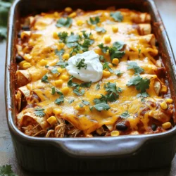 - 2 cups shredded cooked chicken - 1 can (10 oz) enchilada sauce - 1 can (15 oz) black beans, drained and rinsed - 1 cup corn kernels (can be fresh, frozen, or canned) - 2 cups shredded cheese (a blend of cheddar and Monterey Jack) - 8 corn tortillas, cut into quarters - Fresh cilantro - Sour cream - Additional spices or toppings Gathering the right ingredients is key to a great chicken enchilada casserole. I love using shredded cooked chicken. It saves time and adds great flavor. Enchilada sauce gives the dish its signature taste. I recommend using a can so you can save time. Black beans add protein and fiber. They work well in this dish. Corn kernels make everything sweeter and add texture. For cheese, I often use a blend of cheddar and Monterey Jack. This mix melts beautifully and adds richness. Corn tortillas are the base of the casserole. Cutting them into quarters helps with layering. For a fresh touch, you can use optional cilantro. It adds color and flavor. Sour cream is perfect for serving on top. You can also get creative with spices if you want more kick. For the full recipe, check out the delightful chicken enchilada casserole. Start by preheating your oven to 350°F (175°C). This step is key. Preheating helps the casserole cook evenly. If you skip this, your dish may not bake well. In a large bowl, combine the shredded chicken and half of the enchilada sauce. Then add the black beans, corn, and chopped onion. Season with garlic powder, cumin, chili powder, salt, and pepper. Mix well to ensure all flavors blend together. This makes every bite tasty. Pour a thin layer of the remaining enchilada sauce into a 9x13 inch baking dish. Spread it evenly across the bottom. This layer keeps the casserole from sticking. It also adds more flavor to the base. Start with half of the quartered tortillas. Place them evenly over the sauce in the baking dish. Next, spread half of the chicken mixture over the tortillas. Then, sprinkle one-third of the cheese on top. This order helps flavors mix well. Cover the dish with aluminum foil. This keeps moisture in while baking. Bake for 25 minutes, then remove the foil. Bake for another 15 minutes until the cheese is bubbly and golden. This timing gives you the perfect cheesiness. Enjoy making the Easy Chicken Enchilada Casserole! For the full recipe, check the sections above. Using cooked chicken is key for this recipe. It saves time and ensures even cooking. I recommend using rotisserie chicken. It adds great flavor and is easy to shred. For enchilada sauce, I suggest brands like Old El Paso or Hatch. They offer a nice balance of spice and flavor. Pair your casserole with a simple side salad or tortilla chips. A refreshing drink like iced tea or lemonade complements it well. To elevate the presentation, garnish each serving with fresh cilantro. A dollop of sour cream adds creaminess and looks inviting. If your casserole turns out dry, try adding more enchilada sauce. You can also mix in some broth to keep it moist. For spice levels, taste the filling before baking. You can add more chili powder or cumin if you want a kick. {{image_4}} You can easily make this dish vegetarian. Just swap the chicken for beans or tofu. Black beans work great, but you can also use pinto or kidney beans. Tofu adds a nice texture. For sauce, you can pick a green enchilada sauce or even a homemade version. Mixing up the cheese can change the taste. Try pepper jack for a spicy kick or queso fresco for a milder flavor. You can also add bell peppers or jalapeños for extra crunch and heat. Sauté them first to bring out their sweetness. If you need gluten-free options, look for corn tortillas labeled as gluten-free. You can also use cauliflower tortillas for a low-carb choice. Another option is to use zucchini slices instead of tortillas for a fresh twist. After your meal, let the casserole cool to room temperature. Then, cover it tightly. You can use plastic wrap or a lid for this. Store it in the fridge for up to three days. Make sure to check for any signs of spoilage before eating. If you see mold or it smells bad, throw it away. To freeze portions, first, cut the casserole into squares. Place each square in a freezer-safe container or bag. Label them with the date. This way, you'll know what you have later. You can freeze it for up to three months. When you're ready to eat, take a square out and thaw it in the fridge overnight. For reheating, you can use the oven or microwave. If using the oven, preheat it to 350°F. Heat the casserole for about 20 minutes or until warm. If you use the microwave, heat it in short bursts. Stir and check often to avoid hot spots. For even better taste, add a bit more cheese before reheating! This keeps the dish creamy and delicious. Enjoy your Easy Chicken Enchilada Casserole again with these simple storage tips. For the full recipe, check above. The Easy Chicken Enchilada Casserole lasts about three to four days in the fridge. Make sure to store it in an airtight container. This keeps it fresh and safe to eat. If it looks or smells off, toss it out. Yes, you can make the casserole ahead of time. Prepare it the night before and store it in the fridge. Just cover it well to keep it fresh. When you are ready to bake, add a few extra minutes to the cooking time. You can use flour tortillas if you prefer. They work just as well and add a different taste. Another option is to use tortilla chips for a crunchy texture. Just layer them carefully for best results. Covering the casserole with foil while baking helps keep it moist. It also prevents the cheese from burning too quickly. Remove the foil for the last few minutes to get that nice, bubbly top. This blog post covered everything you need for an Easy Chicken Enchilada Casserole. From required ingredients like chicken and cheese to step-by-step instructions, I made it simple. You learned tips for perfect layers and serving ideas that impress. Don’t forget to try some tasty variations for special diets or flavors. Enjoy the process and have fun with leftovers. This dish is versatile, making it perfect for any meal. Now, get cooking and savor your delicious creation!