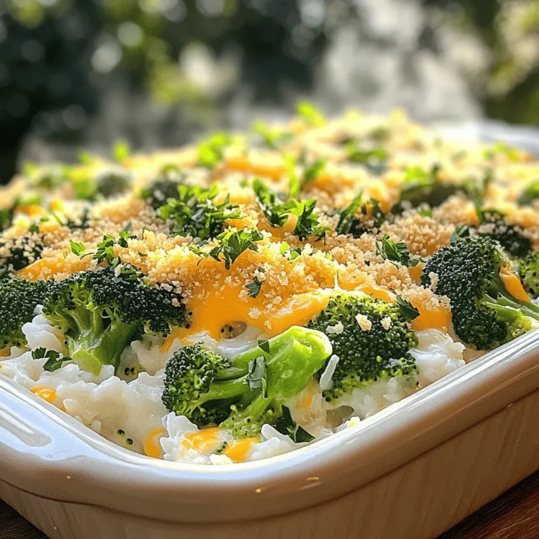 To make a tasty Cheesy Broccoli Casserole, gather these fresh and simple ingredients: - 4 cups fresh broccoli florets - 2 cups cooked white rice - 1 cup sharp cheddar cheese, grated - 1 cup cream of mushroom soup - ½ cup milk - 1 small onion, finely chopped - 2 cloves garlic, minced - ½ teaspoon black pepper - ½ teaspoon salt - ½ teaspoon smoked paprika - 1 cup panko bread crumbs - 2 tablespoons unsalted butter, melted These ingredients create a creamy and cheesy base that brings out the flavors of broccoli. The rice adds heartiness, while the spices give it a nice kick. Don't forget the panko bread crumbs! They make the top crunchy and golden. When choosing your broccoli, look for bright green florets. This ensures freshness. I prefer sharp cheddar for its strong flavor. You can use other cheeses if you want, but cheddar works best. The cream of mushroom soup adds creaminess without needing extra steps. Once you collect all these ingredients, you're ready to dive into the fun part—cooking! Check out the Full Recipe for detailed steps to create this delightful dish. 1. Preheat your oven to 350°F (175°C) to get it ready for baking. 2. Fill a large pot with water and bring it to a boil. Add a pinch of salt. Blanch the broccoli florets for about 3 minutes. They should be bright green and a little tender. Quickly drain and place them in an ice bath. This stops the cooking. Once they cool, drain them again and set aside. 3. In a big mixing bowl, combine the cooked white rice, blanched broccoli, grated cheddar cheese, cream of mushroom soup, milk, finely chopped onion, minced garlic, black pepper, salt, and smoked paprika. Mix well until everything is blended. 1. Grease a 9x13 inch baking dish with butter or cooking spray. 2. Spoon the cheesy broccoli mixture into the dish. Spread it out evenly for a uniform layer. 3. In a small bowl, mix the panko bread crumbs with melted butter. Make sure all crumbs get coated. Gently sprinkle this mixture over the casserole for a crispy topping. 1. Place the baking dish in your preheated oven. Bake for 25-30 minutes. The surface should turn golden brown, and the edges should bubble. 2. When it's done, carefully take the casserole out of the oven. Let it cool for about 5-10 minutes before serving. This cooling step helps the flavors meld and makes it easier to serve. For more details, check the Full Recipe. Blanching broccoli is key for this dish. Follow these steps for the best results: - Bring a large pot of water to a boil. - Add a pinch of salt to the water. - Place the broccoli florets in the boiling water for about 3 minutes. - This will keep the broccoli bright green and tender. - Quickly drain the broccoli and place it in an ice bath. - This stops the cooking and keeps it crisp. For the cheese to melt perfectly, shred it fresh. Pre-shredded cheese has additives that can affect melting. Mix the cheese well with the other ingredients to help it melt evenly. Serve the Cheesy Broccoli Delight warm. You can keep it in the baking dish for a cozy feel. To make it look pretty, try garnishing with fresh parsley or chives. This adds color and flavor to the dish. For an extra touch, consider serving it with a side salad or crusty bread. These will complement the rich flavors of the casserole nicely. If you want a change from the cream of mushroom soup, you can use cream of chicken or a homemade white sauce. This can give a different taste while keeping the dish creamy. For gluten-free options, swap panko bread crumbs with gluten-free crumbs or crushed cornflakes. These will give you a crunchy topping without gluten. Enjoy your cooking adventure! {{image_4}} You can easily adapt Cheesy Broccoli Casserole to fit your needs. For a vegetarian version, skip the meat. Use vegetable broth instead of chicken broth. This keeps it rich and tasty. To make it low-carb, swap rice for cauliflower rice. This change keeps the dish light and healthy. Want to change the flavor? You can add proteins like chicken or bacon. Chicken adds heartiness, while bacon gives a nice crunch. Both pair well with broccoli. You can also switch up the cheese. Try mozzarella for a milder taste or gouda for something smokier. Mixing different cheeses creates a unique flavor. Pair your casserole with sides like a fresh salad or roasted veggies. They balance the rich, cheesy dish well. If you have leftovers, try them in a wrap or on a baked potato. You can also reheat it for an easy lunch. For the full recipe, check out the Cheesy Broccoli Delight. To keep your cheesy broccoli casserole fresh, follow these steps: - Refrigerating: Let the casserole cool completely. Cover it tightly with plastic wrap or foil. It can stay in the fridge for up to 3 days. This way, it stays tasty and safe to eat. - Freezing: For longer storage, freeze the casserole. Wrap it well in plastic wrap, then in aluminum foil. It can last up to 3 months in the freezer. When ready to eat, thaw it in the fridge overnight before reheating. When you want to enjoy your casserole again, here’s how to do it right: - Best practices: Preheat your oven to 350°F (175°C). Place the casserole in an oven-safe dish. Cover it with foil to keep moisture in. Heat for about 20-25 minutes. - Maintaining texture: To keep the top crispy, remove the foil for the last 5-10 minutes of reheating. This will help the panko crumbs get nice and crunchy again. Enjoy your cheesy broccoli delight! How long does Cheesy Broccoli Casserole last? Cheesy Broccoli Casserole lasts about 3 to 5 days in the fridge. Make sure to store it in an airtight container. If you want to keep it longer, you can freeze it. Just wrap it well to avoid freezer burn. Can I make this recipe ahead of time? Yes, you can make this casserole ahead of time. Prepare it up to the baking step, cover it, and store it in the fridge. When you're ready to bake, let it sit at room temperature for about 30 minutes. Then, bake as directed. What can I serve with Cheesy Broccoli Casserole? This casserole pairs well with many sides. You can serve it with grilled chicken, a fresh salad, or even some crusty bread. It adds a nice touch to any meal. Can I use frozen broccoli instead of fresh? Yes, you can use frozen broccoli. Just thaw it and drain any excess water before mixing it in. It will still taste great in this dish. What can I substitute for cheddar cheese? If you want a different flavor, you can use mozzarella or Monterey Jack cheese. These options melt well and add a creamy texture to your casserole. Is this casserole gluten-free? The traditional recipe is not gluten-free due to the panko bread crumbs. However, you can easily swap them for gluten-free bread crumbs to make it suitable for a gluten-free diet. How can I make this recipe dairy-free? To make this casserole dairy-free, use dairy-free cheese and a plant-based milk. You can find many options in stores now, making it easier than ever to enjoy this dish. For the full recipe, check out the details above. This blog post covered how to make a tasty Cheesy Broccoli Casserole. We discussed the key ingredients, step-by-step cooking steps, and tips for the best results. I shared ways to vary the flavors and accommodate different diets. Storing and reheating the casserole was also important for enjoying leftovers. Ultimately, this recipe is versatile and perfect for any meal. Try making it your own with different flavors or ingredients. You will find it easy and delightful to serve. Enjoy the warm, creamy goodness!